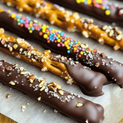 - 12 pretzel rods - 1 cup dark chocolate chips - 1 tablespoon coconut oil - 1/2 cup crushed nuts (e.g., almonds, peanuts, or hazelnuts) - 1/2 cup colorful sprinkles - Sea salt, for sprinkling You need simple ingredients to make these treats. The pretzel rods give a nice crunch. Dark chocolate chips provide rich flavor. The coconut oil helps the chocolate melt smoothly. You can choose any nuts you like. Colorful sprinkles add fun and joy. A touch of sea salt enhances the taste. - Additional toppings (e.g., crushed Oreos, toffee bits) - White or milk chocolate for drizzling You can get creative with optional toppings. Crushed Oreos or toffee bits can add unique flavors. Drizzling white or milk chocolate can make your pretzel rods even prettier. Use your favorite toppings to make each rod special. To start, you need to prepare your space for dipping. Grab a baking sheet and line it with parchment paper. This helps the pretzel rods not stick. Next, gather your materials. You will need pretzel rods, dark chocolate chips, coconut oil, and your favorite toppings. Now, let's melt the chocolate. In a microwave-safe bowl, mix one cup of dark chocolate chips with one tablespoon of coconut oil. Heat it in the microwave for 30 seconds. Take it out and stir. Repeat this until the chocolate is smooth and melted. This process helps the chocolate dip better. Now comes the fun part! Hold a pretzel rod by one end. Dip it into the melted chocolate. Try to cover about two-thirds of the rod. Let any extra chocolate drip back into the bowl. This helps keep the dip even. For a nice finish, you can try different techniques for coverage. Swirl the pretzel rod gently as you dip. This ensures a smooth coat. If you want a thicker layer of chocolate, dip it twice, letting it cool a bit in between dips. After dipping, it's time to make these treats pop! While the chocolate is still wet, sprinkle your choice of toppings. You can use crushed nuts or colorful sprinkles. Make sure to coat them well for extra flavor and fun visuals. Next, sprinkle a pinch of sea salt over the chocolate. This adds a nice contrast in taste. Finally, set the dipped pretzel rods on the lined baking sheet. Repeat this process for the rest of the rods. Once finished, place the baking sheet in the fridge for about 20 to 30 minutes. This helps the chocolate firm up. After that, your chocolate-dipped pretzel rods are ready to serve! Enjoy this sweet treat! - Best chocolate options for dipping: I love using dark chocolate chips for their rich flavor. They melt smoothly and coat well. You can also try white or milk chocolate for a sweeter taste. Just remember to mix in coconut oil. This keeps the chocolate shiny and helps it stick to the pretzels. - Avoiding common mistakes: One mistake is dipping too quickly. Take your time to cover two-thirds of the rod. Let the excess chocolate drip back into the bowl. This keeps the coating thick and less messy. Another tip is to sprinkle toppings right after dipping. If the chocolate hardens, the toppings won't stick. - Creative ways to display chocolate-dipped pretzel rods: Make your display fun! Use a tall glass or jar filled with rice or beans to stand the pretzel rods upright. This makes them eye-catching. You can also lay them on a decorative plate and arrange them in a circle. - Serving suggestions for parties and events: These pretzel rods are perfect for any gathering. You can serve them on a dessert table or as party favors in clear bags tied with ribbons. Add a tag with the flavors for a personal touch. - Easy ways to clean melted chocolate spills: If you spill chocolate, don’t worry! Let it cool first. Once hardened, you can break it off easily. You can also use a warm, damp cloth to wipe it away. This makes cleanup quick and simple. - Storing leftover ingredients: If you have extra chocolate chips or toppings, store them in airtight containers. Keep them in a cool, dry place. This way, they stay fresh for your next treat-making session. {{image_2}} You can change the flavor of your chocolate-dipped pretzel rods easily. Use different types of chocolate. Dark chocolate brings a rich taste. Milk chocolate is sweet and creamy. White chocolate adds a lovely touch of sweetness. Ruby chocolate, with its berry notes, is fun and unique. You can also infuse flavors with extracts. Try vanilla, almond, or orange extracts. Just a few drops can make a big difference. The toppings you choose can change your treat's look and taste. Use crushed nuts like almonds, peanuts, or hazelnuts for crunch. Colorful sprinkles add a festive touch. For special occasions, think outside the box. Use crushed Oreos for a cookies-and-cream vibe. Toffee bits can give a sweet crunch. You can also combine toppings. Mix nuts and sprinkles for a gourmet treat. This adds texture and a burst of color. You can adapt your pretzel rods for any holiday. For Halloween, dip them in orange or purple chocolate. Decorate with spooky sprinkles like candy eyeballs or black sugar. At Christmas, use red and green sprinkles. You can even drizzle white chocolate for a snowy effect. For birthday parties, use your favorite colors. Create a rainbow of flavors and colors to match the theme. Everyone will love these fun and festive treats! To keep your chocolate-dipped pretzel rods fresh, store them in an airtight container. Place a piece of parchment paper between layers to avoid sticking. They stay best in the fridge. This helps the chocolate remain firm. These treats can last about two weeks in the fridge. If you notice any signs of melting or moisture, it's time to eat them! You can freeze chocolate-dipped pretzel rods if you want them to last longer. Wrap each rod in plastic wrap. Then, place them in a freezer bag. This prevents freezer burn and keeps them tasty. When you're ready to eat, remove them from the freezer. Let them thaw in the fridge for a few hours. Avoid thawing them at room temperature. This helps keep the chocolate smooth. If you have leftover chocolate-dipped pretzel rods, you might want to reheat them. To do this, use a microwave-safe bowl. Heat the chocolate in small bursts, stirring often. This helps prevent burning. If the chocolate hardens, you can restore its texture. Add a small amount of coconut oil or cream. Mix well until smooth. This way, your pretzel rods will taste fresh again! Chocolate-dipped pretzel rods can last about two weeks. Store them in an airtight container to keep them fresh. If they are in a warm place, the chocolate may soften. Keep them cool to avoid this. Yes, you can make these pretzel rods ahead of time. They are easy to prepare and store. Make them a day before your event and keep them in a cool place. This way, they stay tasty and look great when served. You can use vegetable oil or canola oil instead of coconut oil. These oils will help the chocolate stay smooth. Keep in mind that the flavor may be a bit different. If you want a richer taste, try using butter. You can find pre-made chocolate-dipped pretzel rods at many stores. Check local grocery stores or specialty shops. Online, sites like Amazon or Etsy often have them. Look for options that include fun toppings and flavors. In this blog post, I covered how to make delicious chocolate-dipped pretzel rods. We explored the key ingredients, step-by-step instructions, and storage tips. I shared tips to avoid common mistakes and ways to get creative with flavors and toppings. With these ideas, you can impress at any event. Enjoy making and sharing these tasty treats with friends and family. Your snack game will never be the same!
