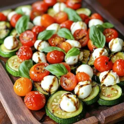 To make Balsamic Roasted Caprese Zucchini, gather these simple ingredients. This dish blends fresh veggies with bold flavors. You will enjoy the sweet taste of balsamic glaze and the creamy mozzarella. - 4 medium zucchinis, sliced into 1/2 inch rounds - 1 cup cherry tomatoes, halved - 1 cup fresh mozzarella balls, halved - Fresh basil leaves for garnish The zucchinis add crunch and nutrition. Cherry tomatoes bring sweetness. Fresh mozzarella adds a nice creaminess. Basil leaves give a fresh touch. - 1/4 cup balsamic glaze - 2 tablespoons olive oil - 2 cloves garlic, minced - 1 teaspoon dried oregano - Salt and pepper to taste The balsamic glaze gives a tangy kick. Olive oil helps roast the veggies and adds flavor. Garlic and oregano enhance the taste. Salt and pepper balance all the flavors. This mix of fresh produce and pantry staples creates a dish that shines. Enjoy the bright colors and flavors on your plate! Start by preheating your oven to 400°F (200°C). Next, take four medium zucchinis. Slice them into 1/2 inch rounds. Grab a large mixing bowl. Toss the zucchini slices with two tablespoons of olive oil. Add two minced garlic cloves, one teaspoon of dried oregano, and salt and pepper to taste. Make sure every piece is well-coated. This helps bring out the flavors. Spread the seasoned zucchini rounds on a baking sheet. Use parchment paper for easy cleanup. Place the baking sheet in the oven. Roast the zucchini for 15 minutes. This will make them slightly tender. After 15 minutes, take the baking sheet out. Now it's time to add the cherry tomatoes and mozzarella balls. Sprinkle one cup of halved cherry tomatoes and one cup of halved fresh mozzarella balls over the zucchini. Drizzle 1/4 cup of balsamic glaze over the veggies and cheese. This adds a sweet and tangy flavor. Return the baking sheet to the oven. Roast for another 10 to 12 minutes. You want the tomatoes to blister and the mozzarella to melt. Once done, take the baking sheet out and let it cool for a few minutes. Finally, garnish with fresh basil leaves for a pop of color. Enjoy your Balsamic Roasted Caprese Zucchini! When picking zucchini, look for firm ones. They should be smooth and shiny. Small to medium zucchinis taste the best. Larger zucchinis can have a watery texture. Choose ones that feel heavy for their size. Roasting zucchini at 400°F (200°C) works well. This heat gives a nice color and flavor. Make sure to space the zucchini rounds on the baking sheet. This helps them roast evenly. If they are too close, they may steam instead of roast. Balsamic glaze adds a sweet and tangy taste. Use it sparingly to avoid overpowering the dish. Drizzle it on just before the final roasting. This way, it melts into the vegetables without burning. Fresh basil adds a nice finish. It brightens the flavors and adds color. {{image_2}} You can switch up the cheese in this dish. Use regular mozzarella for a creamier bite. Feta cheese adds a tangy flavor that brightens the dish. Goat cheese offers a rich, earthy taste that pairs well with the balsamic. You can even try vegan cheese for a dairy-free option that melts nicely. Feel free to add more veggies to the mix. Bell peppers add sweetness and crunch. Eggplant brings a meaty texture, which is great for heartiness. You can also use asparagus, mushrooms, or even broccoli. Just make sure to cut them into similar sizes for even cooking. Herbs can change the flavor profile of your dish. While oregano is classic, fresh thyme adds a nice touch. Basil remains a favorite, especially with the balsamic glaze. You can also try rosemary for a woodsy flavor that complements the zucchini well. Mix and match herbs to find your favorite combo. After enjoying your Balsamic Roasted Caprese Zucchini, let it cool down first. Place leftovers in an airtight container. Store them in the fridge for up to three days. Keeping the dish sealed helps keep the flavors fresh. When you want to eat the leftovers, take them out of the fridge. Preheat your oven to 350°F (175°C). Place the zucchini on a baking sheet. Heat for about 10 minutes or until warm. This method keeps the zucchini crispy and the cheese melty. You can also use a microwave if you are in a hurry. Just heat for 1-2 minutes, but be aware it may become a bit soggy. If you want to save some for later, freezing is an option. First, let the dish cool completely. Then, portion it into freezer-safe bags or containers. Label them with the date. You can freeze the zucchini for up to three months. When ready to eat, thaw in the fridge overnight. Reheat in the oven or microwave as mentioned above. This way, you can enjoy this flavorful delight anytime! Yes, you can use regular mozzarella. It will melt and taste great. However, fresh mozzarella adds a creamy texture and flavor. If you want to stay close to the classic Caprese taste, fresh is best. To make this dish vegan, simply swap the mozzarella for a plant-based cheese. Many brands offer great vegan mozzarella. Also, check the balsamic glaze to ensure it contains no animal products. This way, you keep all the flavor without dairy. Balsamic Roasted Caprese Zucchini pairs well with many dishes. Here are a few ideas: - Grilled chicken or fish - Quinoa salad - Garlic bread - A fresh green salad These sides complement the flavors and create a balanced meal. This blog post covers the essentials for a delicious Balsamic Roasted Caprese Zucchini. You learned about key ingredients like fresh zucchini, pantry staples, and exciting variations. I shared step-by-step instructions to guide you through the preparation and cooking. Remember to experiment with different cheeses and veggies to make it your own. Use my tips for picking the best zucchini and perfecting the roasting process. Now, you have the tools to enjoy this tasty dish. Happy cooking!