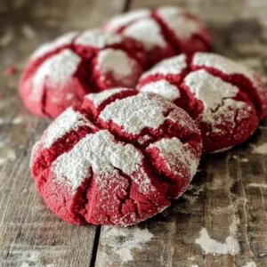 - 1 ½ cups all-purpose flour - 1 tablespoon cocoa powder - ½ teaspoon baking powder - ½ teaspoon baking soda - ¼ teaspoon salt - ½ cup unsalted butter, softened - 1 cup granulated sugar - 1 large egg - 1 teaspoon vanilla extract - 1 tablespoon red food coloring - ½ cup powdered sugar (for dusting) For all-purpose flour, you can use cake flour for a softer cookie. If you want a gluten-free option, try almond flour or a gluten-free blend. Instead of unsalted butter, you can use margarine. Just keep in mind that it may change the taste slightly. You might replace granulated sugar with coconut sugar for a different sweetness. Make sure to adjust amounts based on what you like. You can add white chocolate chips or chopped nuts for extra texture. Crushed peppermint candies are great for a holiday twist. If you love cream cheese, consider making a cream cheese frosting drizzle. Just mix cream cheese, butter, and powdered sugar until smooth, then drizzle it over the cookies. To start, preheat your oven to 350°F (175°C). Line two baking sheets with parchment paper. This helps cookies bake evenly. In a medium bowl, sift together the flour, cocoa powder, baking powder, baking soda, and salt. This mix is key for texture. Set this bowl aside. In a large bowl, cream the softened butter and granulated sugar. Use an electric mixer for 2-3 minutes. You want it light and fluffy. Next, beat in one large egg, one teaspoon of vanilla extract, and one tablespoon of red food coloring. Mix until everything is smooth and the color is bright. Gradually add your dry ingredients to the wet mix. Stir until just combined. Be careful not to overmix. Chill the dough in the refrigerator for at least 30 minutes. This makes it easier to handle when forming cookies. After chilling, take the dough out. Use a cookie scoop or tablespoon to scoop out the dough. Form each scoop into a ball. Then, roll each ball in powdered sugar. Make sure they are fully coated. This will create that crinkle look when baked. Place the cookie dough balls on the prepared baking sheets. Leave enough space between each ball for spreading. Now it’s time to bake! Put the baking sheets in the oven. Bake for 10-12 minutes. The edges should be set, but the centers will look slightly underbaked. This gives the cookies a soft texture. Once done, take them out and let the cookies cool on the sheets for 5 minutes. After that, transfer them to a wire rack to cool completely. Enjoy your beautiful, tasty Red Velvet Crinkle Cookies! To get the best texture for your red velvet crinkle cookies, follow these steps: - Use softened butter, not melted. Softened butter helps create a light and fluffy mix. - Chill your dough for at least 30 minutes. Cold dough makes it easier to shape. - Don’t overmix the dough. Mix until just combined for soft, tender cookies. Here are some common mistakes to avoid when baking: - Forgetting to preheat your oven can lead to uneven baking. Always preheat first. - Not measuring flour correctly can make cookies dry. Use a spoon to scoop, then level. - Baking cookies too long makes them hard. Watch the edges; they should be set, but centers can look soft. Having the right tools makes baking fun and easy: - Use a good electric mixer for creaming butter and sugar. - A cookie scoop helps shape uniform cookie balls. - Parchment paper prevents sticking and makes cleanup easy. - A wire rack cools cookies evenly, keeping them soft. {{image_2}} You can easily change the flavor of your Red Velvet Crinkle Cookies. Want a hint of chocolate? Add more cocoa powder. Craving something fruity? Toss in some dried cherries or raspberries. You can also add a teaspoon of almond extract for a nutty twist. These small changes make a big impact on taste. Red velvet is classic, but you can switch up the color for fun. Use blue or green food coloring for a unique look. This works well for themed parties or holidays. For Halloween, try orange or purple! These colors can match your event and make the cookies even more special. If you need a gluten-free option, swap the all-purpose flour with a gluten-free blend. Make sure the blend has xanthan gum for the best texture. For a vegan version, replace the butter with coconut oil and the egg with a flax egg (1 tablespoon of ground flaxseed mixed with 2.5 tablespoons of water). These adjustments keep the cookies tasty while fitting your dietary needs. To keep your Red Velvet Crinkle Cookies fresh, store them in an airtight container. Line the container with parchment paper. This helps to absorb moisture. Place a layer of cookies, then add more parchment paper between layers. This keeps them from sticking together. You can also use a zip-top bag if you don’t have a container. Just remove as much air as possible before sealing. Freezing your cookies is a great way to save them for later. First, let the cookies cool completely. Then, place them in a single layer on a baking sheet. Freeze for about an hour. Once frozen, transfer them to an airtight container or a zip-top bag. This helps to keep the cookies from getting freezer burn. They can last in the freezer for up to three months. When ready to eat, let them thaw at room temperature. Red Velvet Crinkle Cookies stay fresh for about five days at room temperature. If stored correctly in an airtight container, they can last even longer. You can also refrigerate them to extend their shelf life. In the fridge, they can stay good for about a week. Always check for any signs of spoilage before eating. Enjoy these tasty treats while they are fresh! You can use beet juice for a natural option. It gives a nice red hue. Pomegranate juice works too but may change the cookie's taste. If you want, you can skip the coloring. The cookies will still taste great! Look for edges that are set. The centers should look a bit soft. A slight shine means they are ready. They will firm up as they cool. Trust your eyes, but a timer helps too! Yes, you can! Chill the dough and store it in the fridge. It lasts for up to three days. You can also freeze it for up to three months. Just thaw before baking for best results. These cookies pair nicely with milk or coffee. Try them with vanilla ice cream for a treat! You can also serve them at parties with other sweets. They add a fun splash of color to any dessert table. To sum up, we explored the essential ingredients, detailed steps, and handy tips for perfect Red Velvet Crinkle Cookies. Remember to measure your ingredients carefully and consider great mix-ins. Avoid common mistakes for the best texture. You can also try fun variations or make them gluten-free. Store your cookies properly to enjoy longer. These easy steps will help you bake delicious cookies every time. Now, it's time to make your baking dreams a reality!