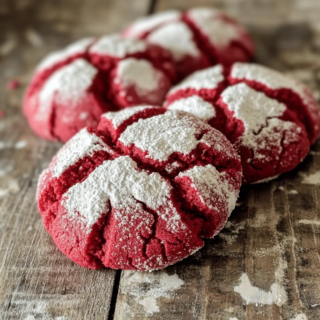 - 1 ½ cups all-purpose flour - 1 tablespoon cocoa powder - ½ teaspoon baking powder - ½ teaspoon baking soda - ¼ teaspoon salt - ½ cup unsalted butter, softened - 1 cup granulated sugar - 1 large egg - 1 teaspoon vanilla extract - 1 tablespoon red food coloring - ½ cup powdered sugar (for dusting) For all-purpose flour, you can use cake flour for a softer cookie. If you want a gluten-free option, try almond flour or a gluten-free blend. Instead of unsalted butter, you can use margarine. Just keep in mind that it may change the taste slightly. You might replace granulated sugar with coconut sugar for a different sweetness. Make sure to adjust amounts based on what you like. You can add white chocolate chips or chopped nuts for extra texture. Crushed peppermint candies are great for a holiday twist. If you love cream cheese, consider making a cream cheese frosting drizzle. Just mix cream cheese, butter, and powdered sugar until smooth, then drizzle it over the cookies. To start, preheat your oven to 350°F (175°C). Line two baking sheets with parchment paper. This helps cookies bake evenly. In a medium bowl, sift together the flour, cocoa powder, baking powder, baking soda, and salt. This mix is key for texture. Set this bowl aside. In a large bowl, cream the softened butter and granulated sugar. Use an electric mixer for 2-3 minutes. You want it light and fluffy. Next, beat in one large egg, one teaspoon of vanilla extract, and one tablespoon of red food coloring. Mix until everything is smooth and the color is bright. Gradually add your dry ingredients to the wet mix. Stir until just combined. Be careful not to overmix. Chill the dough in the refrigerator for at least 30 minutes. This makes it easier to handle when forming cookies. After chilling, take the dough out. Use a cookie scoop or tablespoon to scoop out the dough. Form each scoop into a ball. Then, roll each ball in powdered sugar. Make sure they are fully coated. This will create that crinkle look when baked. Place the cookie dough balls on the prepared baking sheets. Leave enough space between each ball for spreading. Now it’s time to bake! Put the baking sheets in the oven. Bake for 10-12 minutes. The edges should be set, but the centers will look slightly underbaked. This gives the cookies a soft texture. Once done, take them out and let the cookies cool on the sheets for 5 minutes. After that, transfer them to a wire rack to cool completely. Enjoy your beautiful, tasty Red Velvet Crinkle Cookies! To get the best texture for your red velvet crinkle cookies, follow these steps: - Use softened butter, not melted. Softened butter helps create a light and fluffy mix. - Chill your dough for at least 30 minutes. Cold dough makes it easier to shape. - Don’t overmix the dough. Mix until just combined for soft, tender cookies. Here are some common mistakes to avoid when baking: - Forgetting to preheat your oven can lead to uneven baking. Always preheat first. - Not measuring flour correctly can make cookies dry. Use a spoon to scoop, then level. - Baking cookies too long makes them hard. Watch the edges; they should be set, but centers can look soft. Having the right tools makes baking fun and easy: - Use a good electric mixer for creaming butter and sugar. - A cookie scoop helps shape uniform cookie balls. - Parchment paper prevents sticking and makes cleanup easy. - A wire rack cools cookies evenly, keeping them soft. {{image_2}} You can easily change the flavor of your Red Velvet Crinkle Cookies. Want a hint of chocolate? Add more cocoa powder. Craving something fruity? Toss in some dried cherries or raspberries. You can also add a teaspoon of almond extract for a nutty twist. These small changes make a big impact on taste. Red velvet is classic, but you can switch up the color for fun. Use blue or green food coloring for a unique look. This works well for themed parties or holidays. For Halloween, try orange or purple! These colors can match your event and make the cookies even more special. If you need a gluten-free option, swap the all-purpose flour with a gluten-free blend. Make sure the blend has xanthan gum for the best texture. For a vegan version, replace the butter with coconut oil and the egg with a flax egg (1 tablespoon of ground flaxseed mixed with 2.5 tablespoons of water). These adjustments keep the cookies tasty while fitting your dietary needs. To keep your Red Velvet Crinkle Cookies fresh, store them in an airtight container. Line the container with parchment paper. This helps to absorb moisture. Place a layer of cookies, then add more parchment paper between layers. This keeps them from sticking together. You can also use a zip-top bag if you don’t have a container. Just remove as much air as possible before sealing. Freezing your cookies is a great way to save them for later. First, let the cookies cool completely. Then, place them in a single layer on a baking sheet. Freeze for about an hour. Once frozen, transfer them to an airtight container or a zip-top bag. This helps to keep the cookies from getting freezer burn. They can last in the freezer for up to three months. When ready to eat, let them thaw at room temperature. Red Velvet Crinkle Cookies stay fresh for about five days at room temperature. If stored correctly in an airtight container, they can last even longer. You can also refrigerate them to extend their shelf life. In the fridge, they can stay good for about a week. Always check for any signs of spoilage before eating. Enjoy these tasty treats while they are fresh! You can use beet juice for a natural option. It gives a nice red hue. Pomegranate juice works too but may change the cookie's taste. If you want, you can skip the coloring. The cookies will still taste great! Look for edges that are set. The centers should look a bit soft. A slight shine means they are ready. They will firm up as they cool. Trust your eyes, but a timer helps too! Yes, you can! Chill the dough and store it in the fridge. It lasts for up to three days. You can also freeze it for up to three months. Just thaw before baking for best results. These cookies pair nicely with milk or coffee. Try them with vanilla ice cream for a treat! You can also serve them at parties with other sweets. They add a fun splash of color to any dessert table. To sum up, we explored the essential ingredients, detailed steps, and handy tips for perfect Red Velvet Crinkle Cookies. Remember to measure your ingredients carefully and consider great mix-ins. Avoid common mistakes for the best texture. You can also try fun variations or make them gluten-free. Store your cookies properly to enjoy longer. These easy steps will help you bake delicious cookies every time. Now, it's time to make your baking dreams a reality!
