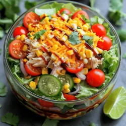 For a tasty BBQ Ranch Chicken Salad, gather these simple ingredients: - 2 cups cooked chicken, shredded or chopped - 1 cup sweet corn, drained (canned or fresh) - 1 cup cherry tomatoes, halved - 1 medium red bell pepper, diced - 1 cup romaine lettuce, chopped - ½ cup red onion, thinly sliced - ½ cup shredded cheddar cheese - ½ cup ranch dressing - ½ cup BBQ sauce - Salt and pepper to taste - Optional: fresh cilantro for garnish Each ingredient adds flavor and crunch. The sweet corn gives a nice pop, while the cherry tomatoes bring juiciness. Red bell pepper adds a crisp bite. Use fresh lettuce for a refreshing crunch. The ranch dressing and BBQ sauce together create a creamy and tangy mix that ties everything together. You do not need fancy tools for this salad. Here are a few must-haves: - Large mixing bowl - Small bowl for dressing - Cutting board - Sharp knife - Serving bowls or plates A good knife will help you chop your veggies easily. The mixing bowl is perfect for tossing all the ingredients together. Having clear serving bowls makes the salad look beautiful and vibrant. This salad is not only delicious but also healthy. Here’s a general breakdown per serving: - Calories: ~350 - Protein: ~30g - Carbohydrates: ~25g - Fat: ~15g This salad packs a protein punch from the chicken and cheese. The veggies provide vitamins and minerals. It’s a balanced meal that keeps you satisfied without feeling heavy. Enjoy your BBQ Ranch Chicken Salad guilt-free! To start, you need your chicken ready. If you have pre-cooked chicken, just shred or chop it into small pieces. If you are cooking from raw, grill or bake it. Make sure it cooks all the way through. Then, shred it. This adds flavor and makes it easier to mix. Next, grab a large bowl. In this bowl, add the chopped romaine lettuce. Then, pour in the sweet corn and halved cherry tomatoes. Dice the red bell pepper and add it too. Lastly, thinly slice the red onion and toss it in. Gently mix everything to combine the colors and textures. Now, let’s make it tasty! In a separate small bowl, mix together the ranch dressing and BBQ sauce. Stir them until they blend well. Pour this mixture over your salad. Toss everything together, so every bite gets flavor. Before serving, sprinkle the shredded cheddar cheese on top. Add salt and pepper to taste. If you like, garnish with fresh cilantro for that pop of color! To create the best dressing, combine ranch and BBQ sauce. Start with half a cup of each. Mix them in a small bowl until they blend smoothly. This mix gives a nice balance of creamy and tangy flavors. If you want a kick, add a dash of hot sauce. Taste it. Adjust seasonings if needed. This dressing will elevate your salad. Serve your BBQ ranch chicken salad in clear bowls. This lets the bright colors shine. Layer the salad for a stunning look. Start with the romaine, then add corn, tomatoes, and chicken. Top with cheese for a pop of color. Drizzle extra BBQ sauce over the top for flair. A lime wedge on the side adds freshness and style. Season your salad for added flavor. Use salt and pepper to enhance taste. Fresh herbs like cilantro give a nice touch. You can also sprinkle some garlic powder or onion powder for depth. If you love spice, add chili powder or cayenne. Experiment to find your perfect blend. Enjoy the flavors! {{image_2}} You can easily adjust this BBQ Ranch Chicken Salad for special diets. For a lighter option, use Greek yogurt instead of ranch dressing. If you're dairy-free, swap cheddar cheese for avocado or a vegan cheese. For gluten-free, ensure your BBQ sauce is gluten-free. Use whole veggies without canned corn for a fresher taste. Want more protein? Add black beans or chickpeas. They blend well and add a nice texture. You can also use grilled shrimp or tofu for a twist. For veggies, try adding diced cucumbers or shredded carrots. They add crunch and color. You can never go wrong with tossing in extra greens like spinach or arugula. To make it spicy, add jalapeños or a dash of hot sauce. This brings a nice heat to the salad. If you prefer sweet, drizzle honey over the top or add diced mango. This contrast of flavors can make each bite exciting. Adjust the BBQ sauce to be sweeter or spicier based on your taste. To store BBQ Ranch Chicken Salad, put leftovers in an airtight container. This keeps the salad fresh and prevents spills. Make sure to cover it well. You can keep it in the fridge for up to three days. If you added dressing, the salad may get soggy over time. I do not recommend freezing BBQ Ranch Chicken Salad. The veggies will lose their crunch and texture. However, you can freeze the chicken separately. Just place it in a freezer bag, remove as much air as you can, and seal it tight. For the freshest taste, eat your salad within three days. If you store the dressing separately, it can last longer. Homemade ranch dressing keeps for about a week in the fridge. Always check for any off smells or changes in color before eating. Yes, you can use rotisserie chicken. It saves time and tastes great. Just shred the chicken into pieces. This option adds a nice flavor and makes prep quick. It's perfect for busy days when you want a tasty meal without much work. If you want to swap ranch dressing, try Greek yogurt or sour cream. You can mix them with some spices for flavor. Another option is a vinaigrette or even a spicy dressing. Experiment to find your favorite taste. Each of these choices brings a different twist to the salad. The BBQ Ranch Chicken Salad lasts about 3 days in the fridge. Store it in an airtight container to keep it fresh. If you add the dressing, eat it within 2 days for best taste. Always check for any signs of spoilage before eating. BBQ Ranch Chicken Salad is a tasty option for meals. We covered the ingredients, tools, and nutrition. You learned step-by-step how to prepare the chicken, mix the salad, and dress it. We shared tips to perfect your dressing and presented serving ideas. Variations let you tailor the dish for any taste or diet. Lastly, you learned key storage tips to keep leftovers fresh. Enjoy making this dish, and don’t be afraid to experiment!
