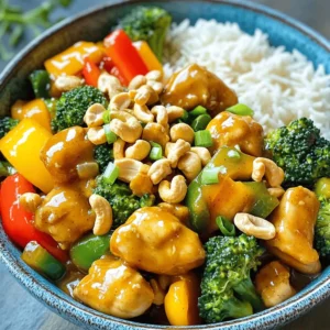 - 500g boneless chicken thighs, cut into bite-sized pieces - 1 cup unsalted cashews - 2 tablespoons soy sauce - 2 tablespoons oyster sauce (or mushroom sauce for a vegetarian option) - 1 tablespoon cornstarch - 3 tablespoons vegetable oil The main ingredients create a rich and tasty base for this dish. Chicken thighs give a juicy texture. Cashews add crunch and flavor. The soy and oyster sauces bring umami notes that make this dish feel gourmet. Cornstarch helps thicken the sauce, giving it a nice glaze. - 1 bell pepper (red or green), sliced - 1 cup broccoli florets For vegetables, I love using bell peppers and broccoli. They add color and nutrition. Bell peppers come in red or green, so pick your favorite. Broccoli brings a nice crunch and pairs well with the chicken and cashews. - Vegetarian options: Use mushrooms instead of chicken. - Gluten-free alternatives: Use tamari instead of soy sauce and mushroom sauce instead of oyster sauce. These substitutions help everyone enjoy this dish. If you want to go vegetarian, mushrooms add a savory depth. For gluten-free options, tamari is a great choice. It tastes just as good without the gluten. First, take your chicken thighs and cut them into bite-sized pieces. In a bowl, mix the chicken with soy sauce, oyster sauce, and cornstarch. Stir until the chicken is well coated. Let it marinate for about 15 to 20 minutes. This step adds flavor and helps tenderize the meat. Next, heat 2 tablespoons of vegetable oil in a large skillet or wok over medium-high heat. Add the marinated chicken in a single layer. Cook the chicken for about 5 to 7 minutes. Stir occasionally until it turns golden brown and is cooked through. Once done, remove the chicken and set it aside. In the same skillet, add 1 tablespoon of vegetable oil. Toss in the minced garlic and ginger. Sauté them for about 30 seconds until they smell great. Then, add the sliced bell pepper and broccoli florets. Stir-fry for about 3 to 4 minutes. You want the vegetables to be tender but still crisp. Now, return the cooked chicken to the pan. Mix in the honey or maple syrup and stir everything together for another minute. This helps blend all the flavors. Toss in the unsalted cashews and chopped green onions. Stir until everything is warm. Season with salt and pepper to taste. Serve your cashew chicken over a bed of jasmine rice for a delicious meal. To get the best results with your cashew chicken, avoid overcooking the chicken. Cook the chicken in a single layer. This helps it brown nicely. Use medium-high heat for cooking. Check for a golden color after about five to seven minutes. For crunchy vegetables, stir-fry your veggies quickly. Cook them just until they are bright and tender. This keeps their crunch. Add bell peppers and broccoli last. They need only a few minutes to stay crisp. To boost flavor, think about adding seasonings. A pinch of red pepper flakes can add heat. You can also sprinkle some sesame seeds for extra taste. Fresh herbs, like cilantro or basil, can brighten the dish. Add them at the end for the best flavor impact. You can also swap the honey for a bit of chili sauce. This gives a sweet and spicy touch. Play around with these options to find what you like best. For stir-frying, a large skillet or wok works best. Both can heat evenly and allow for quick cooking. A non-stick pan can help with easy cleanup. When prepping, keep your tools simple. A sharp knife and cutting board are must-haves. Use measuring spoons for sauces. A spatula will help you stir and flip the chicken easily. Having the right tools makes cooking fun and smooth. {{image_2}} You can easily adapt this cashew chicken for different diets. For a vegetarian or vegan option, swap the chicken for tofu or tempeh. Use mushroom sauce instead of oyster sauce for flavor. This change keeps the dish rich and tasty without meat. If you're following a low-carb plan, use cauliflower rice instead of jasmine rice. You can also skip the honey or maple syrup to cut down on sugar. This way, you can enjoy a healthy meal that fits your diet. You can customize the sauce to fit your taste. If you like a tangy kick, try adding hoisin sauce or sweet and sour sauce. You could also experiment with sesame oil for a nutty flavor. For sweetness, adjust the amount of honey or maple syrup. If you prefer it less sweet, use less syrup. On the other hand, if you love sweet flavors, add a little more. This flexibility makes your cashew chicken unique every time. To spice things up, add chili flakes or sliced fresh peppers. This will bring some heat to the dish. If you want it milder, leave out the spice or use bell peppers only. For families with kids, it's best to keep it mild. You can always add hot sauce at the table for those who like it spicy. This way, everyone can enjoy their meal just the way they want. To keep your cashew chicken fresh, use airtight containers. Glass containers work best for this. You can store leftovers in the fridge for up to three days. Make sure to let the dish cool before sealing it. This helps prevent moisture build-up. When it's time to enjoy your leftovers, heat them gently. The best way is to use a skillet on low heat. Stir often to avoid burning. You can also microwave the dish, but it may lose some crunch. If you want to freeze the cashew chicken, place it in a freezer-safe container. It will stay good for up to three months. Just remember to thaw it in the fridge before reheating. Serve this dish over jasmine rice for a classic touch. You can also try it with brown rice or noodles for a twist. Pair your cashew chicken with a side of steamed veggies or a fresh salad. This adds color and nutrients to your meal. Enjoy experimenting with different combinations! Yes, you can use chicken breast. Chicken thighs add more flavor and stay juicy. Breasts cook faster and can dry out if overcooked. If you prefer a leaner option, go for breasts. Just watch the cooking time closely. To make this dish gluten-free, choose gluten-free soy sauce. For oyster sauce, use gluten-free mushroom sauce. Both options will keep the rich flavor while removing gluten. Always check labels to ensure safety. You can add many vegetables! Snap peas, carrots, or mushrooms work great. Feel free to mix in what you like. Just keep the cooking time in mind. You want them tender but still crisp. Yes, you can meal prep this dish. Cook the chicken and vegetables, then store them in the fridge. Reheat them when you’re ready to eat. This makes dinner quick and easy on busy nights. This blog post covered how to make a tasty cashew chicken dish. We explored the main ingredients, including chicken thighs, cashews, and fresh veggies. I shared step-by-step instructions, tips for perfect texture, and ways to customize the dish for dietary needs. Remember, you can swap sauces or adjust spice levels. Keep these ideas in mind for a fun and delicious meal. Enjoy creating your own version of this classic dish!