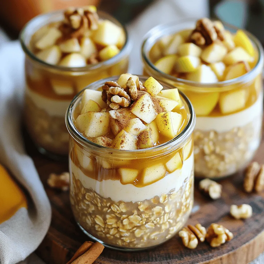 To make Vegan Caramel Apple Overnight Oats, gather these simple items: - 1 cup rolled oats - 1 ½ cups almond milk (or any plant-based milk) - 1 medium apple, diced (preferably a sweeter variety like Fuji or Honeycrisp) - 2 tablespoons maple syrup - 1 tablespoon almond butter - 1 teaspoon cinnamon - ½ teaspoon vanilla extract - 2 tablespoons coconut sugar (for the caramel flavor) - ¼ cup chopped nuts (walnuts or pecans) - A pinch of sea salt You can easily swap out some ingredients if needed. Use oat milk or soy milk instead of almond milk. Peanut butter works well if you don’t have almond butter. For a sweeter taste, try agave syrup in place of maple syrup. You can also replace coconut sugar with brown sugar if that’s what you have on hand. The key is to keep it plant-based while matching your taste. When selecting apples, look for varieties that are sweet and crisp. Fuji and Honeycrisp are my top picks. They add a nice sweetness to the oats. Choose apples that are firm and free from blemishes. If you like a tart flavor, try Granny Smith apples. They balance the sweetness from the other ingredients well. Always wash your apples before using them, as this keeps your dish fresh and clean. Start by grabbing a mixing bowl. Add 1 cup of rolled oats and 1 ½ cups of almond milk. Pour in 2 tablespoons of maple syrup and 1 tablespoon of almond butter. Next, sprinkle in 1 teaspoon of cinnamon and ½ teaspoon of vanilla extract. Mix well until everything blends together. Now, fold in 1 diced apple and ¼ cup of chopped nuts. Save some apple and nuts for later. This mixture is the base for your oats. Take your oat mixture and spoon it into jars or bowls. To make it fun, create layers. Add some of the oat mix, then a layer of chopped apple, and a sprinkle of coconut sugar. Repeat this until the jars are full. This method makes your oats look pretty and tasty. You can see the different layers when you serve them. Cover the jars with lids or plastic wrap and place them in the fridge. Let them chill overnight or for at least 4 hours. This is key for thickening the oats and blending the flavors. In the morning, stir the oats. If they seem too thick, splash in more almond milk. This helps you get the right texture. Enjoy them topped with the reserved apple pieces, nuts, and a drizzle of maple syrup for extra sweetness. To make your oats creamy, use rolled oats instead of instant oats. Rolled oats soak up liquid well and create a smooth texture. Use almond milk, or any plant-based milk you like. A good ratio is 1 cup of oats to 1.5 cups of milk. This helps the oats soften overnight. Stir well to mix everything together. If your oats are too thick in the morning, just add a splash of milk. Sweetness is key in your vegan caramel apple overnight oats. Start with 2 tablespoons of maple syrup. You can add more if you want it sweeter. The coconut sugar adds a nice caramel flavor, so don’t skip it! You can also add more cinnamon for extra warmth. Taste your mixture before refrigerating. Adjust the flavors to match your preferences. Presentation makes a dish more fun. Serve your oats in clear jars to show off the layers. Top with extra diced apples and a sprinkle of cinnamon. Chopped nuts add crunch and a nice look. A drizzle of maple syrup on top makes it even better. You can also add a few chocolate chips for a sweet touch. Enjoy the beautiful colors and textures! {{image_2}} You can change the flavor of your vegan caramel apple overnight oats with the seasons. In autumn, use spiced apples with nutmeg or cloves. In winter, add warm vanilla and a touch of maple. In spring, try fresh berries to add brightness. For summer, mix in diced peaches or plums for a juicy twist. Each season brings new fruits and spices to brighten your oats. To personalize your oats, think about fun toppings. You can add chia seeds for extra fiber. Dried fruits like raisins or cranberries add a nice chew. For crunch, sprinkle some granola on top. You can also try coconut flakes or dark chocolate chips. Each topping adds a new layer of flavor and texture. If you need gluten-free oats, use certified gluten-free rolled oats. Most oats are naturally gluten-free, but cross-contamination can happen. Always check the package. You can also swap almond milk for any other plant-based milk, like oat or rice milk. These swaps keep your oats tasty and safe for all diets. To keep your Vegan Caramel Apple Overnight Oats fresh, store them in the fridge. Place any leftovers in an airtight container. This helps keep them from drying out or absorbing other smells from your fridge. Your oats will stay good for about three to five days. I recommend using glass jars or plastic containers for storing your oats. Mason jars work great because they are easy to seal and look nice. Choose containers that are the right size for your portion. This way, you won’t waste any oats. If you like your oats warm, you can heat them up. Just transfer the oats to a microwave-safe bowl. Heat them in short bursts, about 30 seconds at a time. Stir between heating to make sure they warm evenly. If they feel too thick, add a splash of almond milk to smooth them out. Enjoy your cozy breakfast! Yes, you can use any plant-based milk. Almond, oat, or soy milk work well. Each type gives a unique flavor and texture. Almond milk adds a nutty taste, while oat milk is creamier. Just pick what you like best! Overnight oats stay fresh for up to five days in the fridge. Store them in airtight containers. This way, you can make a batch and grab it throughout the week. Just be sure to stir them before eating. Absolutely! Doubling the recipe is easy and smart for meal prep. Just mix everything in a larger bowl. Divide the mixture into jars or containers. This makes breakfast quick and delicious for the whole week! You learned about key ingredients for overnight oats and smart substitutes. I shared tips on choosing the best apples and preparing your oat mixture. You now know layering tricks and how to store leftovers safely. Experiment with flavors, toppings, and different containers. Overnight oats are easy, tasty, and versatile. Enjoy customizing your creation. Aim for balance in flavors and textures to make it just right for you.