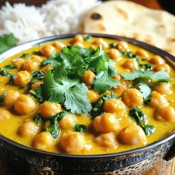 To make Coconut Curry Chickpeas, you need the following items: - 2 cans (15 oz each) chickpeas, drained and rinsed - 1 can (13.5 oz) coconut milk - 1 tablespoon coconut oil or vegetable oil - 1 medium onion, finely chopped - 3 cloves garlic, minced - 1 tablespoon fresh ginger, grated - 2 tablespoons red curry paste - 1 teaspoon ground cumin - 1 teaspoon turmeric powder - 1 tablespoon soy sauce - 1 tablespoon lime juice - 1 cup spinach leaves (fresh or frozen) - Fresh cilantro for garnish - Salt and pepper to taste You can swap chickpeas for other beans like black beans or lentils. If you want a creamier sauce, use full-fat coconut milk. For a lighter taste, choose light coconut milk instead. You can also use olive oil in place of coconut oil. If you lack red curry paste, mix chili powder, garlic powder, and a dash of soy sauce for a quick fix. For a fresh twist, add bell peppers or zucchini. Each serving has about 320 calories. It has 15 grams of protein, 14 grams of fat, and 36 grams of carbs. You’ll also find 7 grams of fiber and 4 grams of sugar. This dish is rich in iron and vitamins A and C, thanks to the chickpeas and spinach. It offers a healthy way to enjoy a hearty meal. 1. Start by heating coconut oil in a large pot over medium heat. 2. Add finely chopped onion and cook until it turns translucent, about 5-7 minutes. 3. Stir in minced garlic and grated ginger. Cook for 1 minute until you smell the aroma. 4. Next, mix in red curry paste, ground cumin, and turmeric. Stir well for 2 minutes. 5. Pour in the coconut milk and add the drained chickpeas. Stir to combine everything. 6. Lower the heat and let it simmer for about 15 minutes. Stir occasionally until it thickens. 7. Add soy sauce and lime juice, then fold in spinach leaves until they wilt. 8. Season with salt and pepper to taste. Remove from heat and let sit for a few minutes. 9. Garnish with fresh cilantro before serving over rice or with naan bread. To get the best flavor, always use fresh spices. Fresh spices improve taste. Make sure to sauté onions until they are soft. This brings out sweetness. Using high-quality coconut milk adds richness. Don’t skip the lime juice; it gives a nice brightness. Adjust the salt and pepper to your taste. You will need a large pot or skillet for this dish. A non-stick pan works well for easy cleanup. Use a wooden spoon to stir the curry. This prevents scratches on your cookware. A lid helps keep moisture in while it simmers. One common mistake is not cooking the onions long enough. Sauté them until they are soft and clear. This step builds a strong base for flavor. Another error is adding the coconut milk too soon. Let the spices cook first to bring out their best taste. Lastly, avoid under-seasoning. Taste as you go, and adjust the salt and pepper. To adjust the spice level, start with less curry paste. You can add more as you taste. If you want it milder, add more coconut milk. For extra heat, include red chili flakes or fresh chilies. Just remember to add slowly; you can always add more, but you can't take it out. I love serving coconut curry chickpeas over fluffy rice or with warm naan bread. You can also pair it with a fresh salad for a nice crunch. Garnish with fresh cilantro for a burst of color and flavor. If you want a twist, try adding lime zest for a fresh kick. {{image_2}} Coconut Curry Chickpeas are naturally vegan. You can keep it simple with plant-based ingredients. Use coconut oil for cooking. The chickpeas add protein, while coconut milk gives creaminess. This recipe is packed with flavor, and it’s all vegan! This dish is also gluten-free. The main ingredients, chickpeas, coconut milk, and spices, contain no gluten. You can use tamari instead of soy sauce. Tamari is a gluten-free option that works well. Enjoy this meal without any worries! You can customize this dish with more veggies. Try adding bell peppers, carrots, or zucchini. These will add color and crunch. For extra protein, consider adding tofu or tempeh. Both options will blend well with the curry’s rich taste. Make it your own! To keep your Coconut Curry Chickpeas fresh, store them in an airtight container. Place the leftover curry in the fridge. It will stay good for about 3 to 4 days. Make sure it cools down before sealing the container. This helps prevent moisture build-up. When you're ready to enjoy the leftovers, reheat them on the stove. Pour the curry into a pot over medium heat. Stir it often to avoid sticking. You can also microwave it in a bowl. Heat it for 1-2 minutes, stirring halfway through. Check that it's warm all the way through before eating. If you want to store your Coconut Curry Chickpeas for longer, freezing is a great option. First, let the curry cool completely. Then, transfer it to a freezer-safe container. Leave some space at the top for expansion. You can also use freezer bags for easier storage. The curry can last up to 3 months in the freezer. When you're ready to eat, thaw it overnight in the fridge before reheating. Yes, you can use dried chickpeas instead of canned. First, soak the dried chickpeas overnight in water. This step helps them cook faster. After soaking, boil them until they are tender, which takes about 1 to 1.5 hours. Once cooked, you can drain and rinse them before adding to your curry. Using dried chickpeas gives a different texture, and they absorb flavors well. To add spice to your coconut curry chickpeas, you can adjust the red curry paste. Start by adding an extra tablespoon. You can also add fresh chopped chilies or red pepper flakes for more heat. If you want a smoky flavor, try adding smoked paprika. Taste as you go, so you reach your ideal spice level without overwhelming the dish. Coconut curry chickpeas pair well with several sides. Serve them over steamed rice or quinoa for a filling meal. Naan bread is also a great choice for scooping up the curry. For a fresh touch, add a side salad with cucumber and tomatoes. You can also serve them with roasted vegetables for a balanced plate. You've learned about the key ingredients, step-by-step cooking, and useful tips for making Coconut Curry Chickpeas. Remember to customize flavors and avoid common mistakes for the best results. Trust me; you can adapt this dish to fit your needs, like making it vegan or gluten-free. Store leftovers properly and reheat them to enjoy later. Cooking doesn't have to be hard when you have the right guide. Dive into this recipe and share your tasty creations with others!