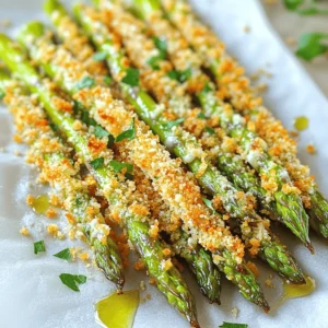 To make this dish, you need 1 pound of fresh asparagus. Look for bright green spears. Choose ones that are firm and not limp. Trim the tough ends before cooking. This helps the asparagus cook evenly and be tender. You will need some key items for the coating. Use 1 cup of all-purpose flour. This helps the egg stick. Next, use 2 large eggs, beaten well. They give the fries their crispiness. For the crunchy finish, use 1 cup of panko breadcrumbs. Panko adds a nice texture. Mix in ½ cup of grated Parmesan cheese for flavor. Season your asparagus to make it tasty. Add 3 cloves of minced garlic to the panko mix. This gives a strong garlic kick. Use 1 teaspoon of garlic powder and 1 teaspoon of onion powder for extra flavor. Lastly, add ½ teaspoon of salt and ¼ teaspoon of black pepper. These simple spices enhance the dish. Gather these ingredients for a snack that is both crunchy and flavorful! First, preheat your oven to 425°F (220°C). This temperature helps make the fries crispy. Line a baking sheet with parchment paper. This makes cleanup easy and prevents sticking. Now it’s time to prepare the asparagus. Take 1 pound of fresh asparagus and trim the ends. Set up three bowls. In the first bowl, add 1 cup of all-purpose flour. In the second bowl, beat 2 large eggs. In the third bowl, mix 1 cup of panko breadcrumbs, ½ cup of grated Parmesan cheese, 3 cloves of minced garlic, 1 teaspoon of garlic powder, 1 teaspoon of onion powder, ½ teaspoon of salt, and ¼ teaspoon of black pepper. Take each asparagus spear. First, dredge it in the flour. Make sure to coat it well. Shake off any extra flour. Next, dip the floured asparagus into the beaten eggs. Let any excess egg drip off. Finally, coat the asparagus with the panko mixture. Press gently to make sure it sticks. Place the coated asparagus on the baking sheet. If you have olive oil, drizzle about 2 tablespoons over the asparagus or use an olive oil spray. This helps them brown. Bake in the preheated oven for 15-20 minutes. Flip them halfway through to get even crispiness. Once they are golden brown and crispy, take them out. Let them cool for a minute, then garnish with chopped fresh parsley. Serve these fries while they are hot for the best taste. To get your asparagus fries extra crispy, follow these steps. First, make sure to use panko breadcrumbs. They provide a light and airy crunch. Second, coat each spear well in flour, eggs, and then the panko mixture. Press firmly when coating to help it stick. Lastly, use olive oil spray or drizzle olive oil lightly over the fries before baking. This helps them brown nicely. For the best results, choose thin, fresh asparagus. Thin spears cook evenly and turn crispy faster. Look for vibrant green color and firm stalks. Avoid thick asparagus, as it may not get as crispy. If you can, buy asparagus that is in season for the best flavor. If you want to mix things up, try different coatings. Instead of panko, you can use crushed cornflakes for a crunchy texture. You could also add different herbs or spices to your breadcrumb mix. Parmesan cheese is great, but you can swap it with other cheeses like cheddar or mozzarella for a unique taste. Experiment and find your favorite combination! {{image_2}} You can change the flavor by adding different cheeses. Try using cheddar or feta. These cheeses give a nice twist to your fries. If you want a stronger taste, go for blue cheese. Mixing cheeses can create a unique blend. Simply add the cheese to the panko mixture. Adjust the amount based on your taste. If you love heat, spice up your fries! Add red pepper flakes to the panko mix. This will give your asparagus a kick. You can also use spicy garlic powder. It adds flavor and warmth. Adjust the amount based on how spicy you want it. This variation is great for those who love bold flavors. Dipping sauces can take your fries to the next level. A classic option is ranch dressing. It pairs well with the garlic and cheese. Another great choice is a spicy mayo. You can mix mayonnaise with sriracha. For a fresh taste, try a lemon herb dip. Just mix yogurt with lemon juice and herbs. These sauces add fun flavors to your crispy fries. To keep your Crispy Garlic Parmesan Asparagus Fries fresh, store them in an airtight container. Make sure to let them cool completely before sealing. This helps prevent moisture build-up, which can make them soggy. You can keep the fries in the fridge for up to three days. Always label the container with the date, so you know when to use them. When you want to enjoy your leftover fries, reheating them correctly is key. Preheat your oven to 375°F (190°C). Place the asparagus fries on a baking sheet. Bake for about 10 minutes, or until they regain their crispiness. Avoid using the microwave, as it can make them soft and chewy. For a quick fix, you can also use an air fryer for about 5 minutes. If you have extra fries, freezing them is a great option. First, bake the fries as per the recipe but take them out a minute or two early. Let them cool, then arrange them in a single layer on a baking sheet. Freeze until solid, then transfer them to a freezer-safe bag. They can last up to three months. When you're ready to eat, bake them from frozen at 425°F (220°C) for about 15-20 minutes. Yes, you can use frozen asparagus. However, fresh asparagus gives the best flavor and texture. Frozen asparagus may have more moisture. This can lead to less crispiness. If using frozen, thaw and pat dry before coating. This step helps improve the final crunch. These fries pair well with many dishes. Try serving them with a creamy dip. Ranch or garlic aioli works great. You can also serve them with grilled chicken or fish. They add a fun twist to any meal. Enjoy them as a side or a snack. To make this recipe gluten-free, swap the all-purpose flour. Use a gluten-free flour blend instead. Check the breadcrumbs too. Look for gluten-free panko or make your own. Just crush gluten-free bread into small pieces. This keeps the dish tasty and friendly for everyone. This blog post covered all you need for making delicious crispy asparagus fries. We explored key ingredients like fresh asparagus and spices. The step-by-step guide made the process easy to follow. I shared tips on getting maximum crispiness and creative variations to try. Remember, with proper storage and reheating, you can enjoy your fries later. Whether you’re a novice or an expert, these fries will make a great snack or side dish. Enjoy experimenting and have fun in the kitchen!