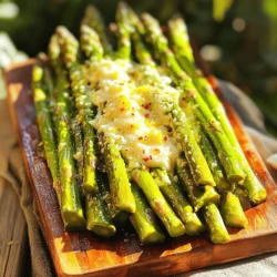 - 1 pound fresh asparagus, trimmed - 2 tablespoons olive oil - 3 cloves garlic, minced - 1/4 cup grated Parmesan cheese - 1 teaspoon lemon zest - 1/2 teaspoon salt - 1/4 teaspoon black pepper - A pinch of red pepper flakes - Additional herbs or spices The magic of Garlic Parmesan Air Fryer Asparagus starts with fresh asparagus. Make sure to choose bright green, firm stalks. Trim the ends to keep them tender. Olive oil adds rich flavor and helps crisp the asparagus in the air fryer. Use good quality oil for the best taste. Next, garlic. I love using fresh garlic in this recipe. Mince three cloves to give a great flavor punch. For seasoning, we need Parmesan cheese. Grate it yourself for the best results. Lemon zest brings a nice brightness to the dish. Use a fine grater to get just the zest, avoiding the bitter white part. Finally, we have salt and pepper. These basic seasonings enhance all the flavors. If you like some heat, add a pinch of red pepper flakes. You can also mix in other herbs to match your taste. With these simple ingredients, you can make a delightful side dish that shines at any meal. - Trimming and cleaning: Start by taking 1 pound of fresh asparagus. Hold a spear and bend it gently. It will naturally snap at the right point. Discard the tough ends. Rinse the asparagus under cold water to clean it of dirt. - Marinating the asparagus: In a large bowl, mix 2 tablespoons of olive oil, 3 cloves of minced garlic, 1 teaspoon of lemon zest, 1/2 teaspoon of salt, and 1/4 teaspoon of black pepper. Add the trimmed asparagus and toss to coat well. Let it marinate for about 5 minutes. This helps the flavors soak in. - Preheating the air fryer: Set your air fryer to 400°F (200°C) and let it preheat. This step is key for getting that perfect crisp. - Arranging asparagus in the basket: Carefully place the marinated asparagus in the air fryer basket. Arrange them in a single layer, leaving space between each spear. This way, they cook evenly and get crispy. - Adding Parmesan cheese: After 7-10 minutes of cooking, check the asparagus. They should be tender and slightly crispy. Take them out and sprinkle 1/4 cup of grated Parmesan cheese on top right away. The heat will make the cheese melt just right. - Serving suggestions: If you like a bit of heat, add a pinch of red pepper flakes. Serve the asparagus warm as a side dish or a healthy snack. It pairs well with grilled meats or a fresh salad. To avoid overcrowding the air fryer, place asparagus in a single layer. This helps them cook evenly. If you pile them up, they can become soggy instead of crispy. You can cook in batches if needed. To check for doneness, use a fork or knife. The asparagus should feel tender but not mushy. You want a slight crunch when you bite into it. For a crispier finish, cook them for a few extra minutes. For extra flavor, try adding a squeeze of fresh lemon juice. This brightens the dish and adds freshness. You can also use herbs like thyme or rosemary for a different taste. If you're out of Parmesan cheese, try using pecorino Romano. It has a nice salty flavor and melts well. Nutritional yeast is another option for a vegan twist. Pair this dish with grilled chicken or fish for a balanced meal. It also works well with rice or quinoa for a healthy side. To use leftovers, chop the asparagus and toss it into salads. You can also mix it into pasta or grain bowls for a quick meal. These ideas keep the flavors fresh and exciting. {{image_2}} You can enjoy asparagus in many ways. First, consider roasting asparagus in the oven. This method gives it a nice, rich flavor. Preheat your oven to 425°F (220°C). Toss the asparagus with olive oil, garlic, and seasoning. Spread it on a baking sheet. Roast for about 15-20 minutes, or until it is tender and slightly crispy. Another fun way is grilling asparagus. This method adds a smoky touch. Heat your grill to medium-high. Coat the asparagus with oil and seasonings. Grill for about 5-7 minutes, turning occasionally. The grill marks will add both flavor and a beautiful look. If you want a vegan twist, you can skip the cheese. Instead, use nutritional yeast for that cheesy taste. It is packed with vitamins and has a nice flavor. You can also try using cashew cheese for a creamy texture. For those on a low-carb or keto diet, keep the asparagus as your base. Use olive oil and garlic as your main flavors. You can also add bacon bits for extra flavor without adding carbs. Asparagus shines in spring, but you can use other veggies too. Try green beans or Brussels sprouts. They cook well and soak up flavors nicely. Adjust the cooking time as needed. You can also adapt the recipe for different veggies. Zucchini or bell peppers work great. Cut them into similar sizes as asparagus. Follow the same steps to cook and season them for a tasty dish. To store leftover Garlic Parmesan Air Fryer Asparagus, place it in an airtight container. Keep it in the fridge for up to 3 days. Make sure it's cool before sealing the container. If you want to freeze it, spread the cooked asparagus on a baking sheet first. Freeze it for about 1 hour, then transfer it to a freezer bag. This method helps prevent clumping. When reheating asparagus, use an air fryer or oven for the best results. Preheat your air fryer to 350°F (175°C) and heat for about 3-5 minutes. This keeps the texture crispy. You can also use a microwave, but it may make the asparagus soft. To maintain flavor, avoid reheating more than once. You can add asparagus to many dishes. Try slicing it into salads or pasta. It's great in omelets too. For meal prep, store ingredients separately. Keep the asparagus, olive oil, and spices in different containers. This way, you can easily mix and cook them when you're ready. Cooking asparagus in an air fryer takes about 7-10 minutes at 400°F. Check them halfway through to shake the basket. This helps them cook evenly. The asparagus should be tender and a bit crispy when done. You can use frozen asparagus, but fresh tastes better. If you use frozen, do not thaw them first. Just add a minute or two to the cooking time. This way, they will still get that nice texture. Garlic Parmesan Air Fryer Asparagus goes well with many dishes. Here are some ideas: - Grilled chicken or fish - Pasta with lemon or cream sauce - Quinoa or rice bowls - Steak or pork chops - A fresh salad with lemon vinaigrette This asparagus dish is a great side for both light and hearty meals. Enjoy it with your favorite proteins for a tasty dinner. In this blog post, we covered how to make Garlic Parmesan Air Fryer Asparagus. You learned about the main ingredients, cooking steps, and tips for great flavor. I shared optional variations and storage tips to help you enjoy this dish longer. Remember, experiment with different methods and seasonings to suit your taste. Incorporating asparagus into your meals can boost health and flavor. With these steps and ideas, you can create a delicious dish every time. Enjoy your cooking adventure!