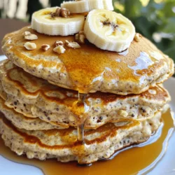 - 1 ripe banana, mashed - 1 cup rolled oats - 1/2 cup protein powder (vanilla or unflavored) - 2 tablespoons ground flaxseed - 1 teaspoon baking powder - 1/2 teaspoon cinnamon - 1 cup almond milk (or any milk of choice) - 2 eggs - 1/2 cup chopped walnuts (or nuts of choice) - 1 tablespoon maple syrup (optional) - Pinch of salt The key to making delicious banana nut protein pancakes lies in the ingredients. Each one plays a role in flavor and nutrition. Ripe banana: This adds natural sweetness and moisture. It helps bind the batter. Rolled oats: They give these pancakes a hearty texture. Oats are also great for fiber. Protein powder: Choose vanilla or unflavored. This boosts protein content and keeps you full longer. Ground flaxseed: This ingredient adds healthy fats and fiber. It also helps with binding. Baking powder: This is vital for fluffiness. It makes the pancakes rise. Cinnamon: It gives a warm flavor. It also has health benefits. Almond milk: Use this or any milk you prefer. It adds creaminess without dairy. Eggs: These provide structure and protein. They help the pancakes hold together. Chopped walnuts: These add crunch and flavor. Feel free to swap with your favorite nuts. Maple syrup: This is optional for added sweetness. You can skip it if you prefer less sugar. Pinch of salt: This enhances all the flavors. It balances the sweetness of the banana. Gather these ingredients to start your cooking adventure! - Mash the ripe banana until smooth. - Combine dry ingredients and mix well. - Whisk together the wet ingredients. - Combine wet and dry mixtures, and fold in walnuts. First, take a large bowl. Use a fork to mash the ripe banana until it is smooth. This banana adds natural sweetness and moisture. Next, in another bowl, combine rolled oats, protein powder, ground flaxseed, baking powder, cinnamon, and salt. Mix these dry ingredients well. They create the base of our pancakes. In a separate bowl, whisk the almond milk and eggs together until fully mixed. This wet mixture will help bind everything. Now, pour the wet mixture into the dry ingredients. Stir gently until just combined. Be careful not to overmix. Then, fold in the chopped walnuts. They add a nice crunch to the pancakes. - Preheat the skillet and grease it. - Pour batter onto skillet and cook to perfection. - Repeat until all the batter is used, adjusting heat as needed. Preheat your non-stick skillet over medium heat. Lightly grease it with cooking spray or a bit of oil. This step helps prevent the pancakes from sticking. Pour about 1/4 cup of batter onto the skillet for each pancake. Cook for 2-3 minutes. You will see bubbles form on the surface. This means it's time to flip! Cook for another 2-3 minutes until golden brown. Continue this process until all the batter is used. Adjust the heat if your pancakes cook too fast or too slow. Enjoy the smell of these delicious pancakes filling your kitchen! - Adjust cooking times based on stove heat. Each stove cooks differently. If your pancakes brown too fast, lower the heat. This step helps you cook them evenly. Watch for bubbles forming, then flip them. - Use a non-stick skillet for best results. A non-stick surface makes flipping pancakes easy. You can use a little oil or spray to prevent sticking, but it’s often not needed. - Alternative nuts and milk options. You can switch walnuts for pecans or almonds. Use any milk you prefer, like soy or oat milk. This makes the recipe fit your taste. - Variations in sweeteners and protein powders. If you don’t have maple syrup, try honey or agave. You can also use chocolate or plant-based protein powder for a fun twist. This helps you create a flavor you love. {{image_2}} You can easily change up the flavor of your Banana Nut Protein Pancakes. Here are some fun ideas to try: - Chocolate chips or cacao nibs: Add a handful of chocolate chips to the batter. They melt and give a sweet touch. Cacao nibs are a great option too. They add a rich chocolate taste without the sugar. - Different types of nuts: If you want to switch things up, use different nuts like pecans or almonds. They add unique flavors and textures. You can even mix nuts for a combo of tastes. Making these pancakes fit your diet is simple. Here are some tips: - Vegan options: If you want a vegan version, swap eggs for flax eggs. Mix 1 tablespoon of ground flaxseed with 2.5 tablespoons of water. Let it sit for a few minutes until it thickens. Use non-dairy milk to keep it vegan too. - Gluten-free adaptation: To make these pancakes gluten-free, use certified gluten-free oats. This way, everyone can enjoy them without worry. Just check the package to ensure it’s gluten-free. With these variations and adjustments, you can enjoy a new pancake experience each time! To keep your Banana Nut Protein Pancakes fresh, you can store them easily. If you have leftovers, place them in an airtight container. They will stay good in the fridge for up to three days. Just make sure they cool completely before sealing. This will help prevent moisture buildup. For longer storage, freezing is a great option. Stack the pancakes with parchment paper in between each one. This prevents them from sticking together. Then, place the stack in a freezer-safe bag or container. They will last up to two months in the freezer. When you're ready to eat, just thaw and reheat! Reheating your pancakes is simple. The best method is using a microwave. Place one pancake on a microwave-safe plate and heat for about 30 seconds. If you want to heat multiple pancakes, add extra time, about 10-15 seconds for each additional pancake. You can also use a skillet for reheating. Heat the skillet over low to medium heat. Add a small amount of oil or cooking spray. Place the pancake in the skillet and cook for about one minute on each side. This will help keep them warm and give them a nice texture. Enjoy your pancakes warm and tasty! How can I increase the protein content? You can boost the protein in these pancakes easily. Use more protein powder, adding an extra 1/4 cup. You can also add Greek yogurt or cottage cheese to the batter. Both options blend well and add creaminess. Lastly, try topping with nut butter for extra protein. Can I make these pancakes ahead of time? Yes, you can! Make the batter ahead and store it in the fridge. Just mix it well before cooking. You can also cook the pancakes and store them in the fridge. Reheat them in a toaster or microwave when ready to eat. They still taste great! What can I serve with Banana Nut Protein Pancakes? There are many tasty options! Fresh fruit like bananas or berries adds color and taste. You might also like yogurt or a spoonful of nut butter for creaminess. Drizzle some maple syrup or honey for sweetness. Try a sprinkle of cinnamon for an extra flavor kick. Overview of calories and protein content. One serving of these pancakes has about 300 calories. This includes about 20 grams of protein, which is great for breakfast. You get energy from the oats and healthy fats from the nuts. Benefits of using protein powder and nuts. Protein powder gives these pancakes a protein boost. It helps build muscles and keeps you full longer. Nuts like walnuts are packed with healthy fats and nutrients. They support heart health and provide fiber, making these pancakes not just tasty but healthy too. This blog post shared a simple and healthy pancake recipe. We covered all ingredients, step-by-step instructions, tips for cooking, and variations. You learned how to store leftovers and reheat pancakes for future meals. Remember, you can adjust flavors and ingredients to fit your needs. Making pancakes can be fun and fit many diets. Enjoy creating your own tasty Banana Nut Protein Pancakes!