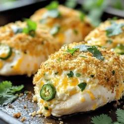 - 4 boneless, skinless chicken breasts - 4 oz cream cheese, softened - 1 cup shredded cheddar cheese - 1/2 cup jalapeños, finely chopped (seeds removed for less heat) - 1/2 cup breadcrumbs (panko works well) - 2 tablespoons olive oil - 1 teaspoon garlic powder - 1 teaspoon onion powder - Salt and pepper to taste - Fresh cilantro for garnish (optional) The heart of this dish lies in its rich and creamy stuffing. The cream cheese adds a smooth texture, while the cheddar gives a lovely sharpness. The jalapeños bring heat and flavor, making each bite a delightful experience. I always choose fresh ingredients for the best taste. - Dairy Alternatives for Cream Cheese: Use cashew cream or silken tofu for a dairy-free option. - Low-Carb Options for Breadcrumbs: Ground almonds or crushed pork rinds work well for a low-carb diet. - Heat Level Adjustments: For milder flavor, leave out the seeds from the jalapeños or use bell peppers. It's essential to know your taste preferences. Adjusting these ingredients can still keep the dish delicious while catering to your needs. - Selecting Quality Chicken Breasts: Look for firm, pink chicken that feels moist but not slimy. - Choosing the Right Jalapeños: Pick fresh jalapeños that feel firm, with shiny skin. Avoid any that look wrinkled or soft. Fresh ingredients make a big difference in this recipe. They help create the bold flavors and textures that make Jalapeño Popper Stuffed Chicken a crowd-pleaser. - Prepping the Oven and Ingredients First, preheat your oven to 375°F (190°C). This ensures even cooking. Next, gather all your ingredients to make the process smooth. You will need chicken breasts, cream cheese, cheddar cheese, and jalapeños. - Combining the Cheese Mixture In a mixing bowl, combine 4 oz of softened cream cheese, 1 cup of shredded cheddar cheese, and 1/2 cup of finely chopped jalapeños. Add 1 teaspoon of garlic powder, 1 teaspoon of onion powder, and salt and pepper to taste. Mix until it’s smooth and creamy. This mixture is your flavorful stuffing. - Searing the Stuffed Chicken Carefully slice a pocket in the side of each chicken breast. Avoid cutting all the way through. Season the chicken with salt and pepper. Stuff each breast with the jalapeño cheese mixture. Roll them in 1/2 cup of breadcrumbs for a nice crunch. Heat 2 tablespoons of olive oil in a large oven-safe skillet over medium heat. Sear each stuffed chicken breast for about 3-4 minutes on each side until golden brown. - Baking to Perfection Once the chicken is browned, transfer the skillet to the preheated oven. Bake for 25-30 minutes. The chicken should cook through, and juices run clear. A meat thermometer should read 165°F (74°C) inside. - Resting and Slicing the Chicken After baking, remove the skillet from the oven. Let the chicken rest for about 5 minutes. This helps keep the juices locked in. Then, slice each chicken breast carefully to reveal the cheesy filling. - Garnishing for Presentation For a lovely finish, garnish with fresh cilantro if you like. This adds a pop of color and flavor. Serve your jalapeño popper stuffed chicken warm and enjoy a delightful meal! - Ensuring Chicken is Juicy To keep your chicken juicy, do not overcook it. Use a meat thermometer to check for doneness. The internal temperature should reach 165°F (74°C). Letting it rest for five minutes after cooking helps keep the juices in. - Perfecting the Golden Crust For a perfect crust, sear the chicken in a hot skillet. Use enough oil to coat the bottom. Press the breadcrumbs onto the chicken firmly. This helps them stick and creates that golden crunch you want. - Side Dish Pairings Jalapeño popper stuffed chicken pairs well with simple sides. Try serving it with a fresh salad or roasted vegetables. Rice or quinoa also works, adding bulk to your meal. - Creating a Complete Meal To create a complete meal, add a starch and a veggie. Mashed potatoes or couscous can balance the spicy chicken. A side of steamed broccoli or corn can add color and nutrition. - Prep and Freeze Options You can prep these stuffed chickens ahead of time. After stuffing and breading, place them in a freezer-safe bag. They can last in the freezer for up to three months. Just thaw them in the fridge overnight before cooking. - Storing Leftovers If you have leftovers, store them in an airtight container. They will keep in the fridge for about three days. Reheat them in the oven for the best texture. {{image_2}} Spicy vs. Mild Versions You can adjust the heat of your jalapeño popper stuffed chicken. For a spicy version, leave the seeds in the jalapeños. This will give your dish a nice kick. If you prefer mild flavors, simply remove all the seeds. You can also use poblano peppers for a sweeter, milder taste. Adding Different Cheeses Cheese is key in this recipe. While cheddar is classic, you can mix it up! Try using pepper jack for a spicy twist or mozzarella for a creamier texture. Cream cheese pairs well with almost any cheese and adds richness. Get creative and find your favorite combinations! Air Fryer Approach Using an air fryer makes this dish quick and easy. Preheat your air fryer to 375°F. Prepare the stuffed chicken as usual, then cook in the air fryer for about 20 minutes. This method gives you a crispy crust without frying. It’s a great option for a healthier meal. Grilling Variations Grilling adds a nice smoky flavor. Heat your grill to medium. After stuffing the chicken, wrap it in foil to keep moisture in. Grill for about 30 minutes, turning once. Check for doneness, and enjoy the outdoor vibe! Gluten-Free Alternatives To make this dish gluten-free, swap regular breadcrumbs for gluten-free panko. This keeps the crunch while staying true to your diet. Always check labels to ensure all ingredients are gluten-free. Vegetarian Options Want a vegetarian twist? Instead of chicken, use large portobello mushrooms. Stuff them with the cheese mixture and bake. It's a hearty and tasty option that everyone will love. You can also use zucchini boats for a fun presentation! Best Practices for Refrigeration After cooking, let your jalapeño popper stuffed chicken cool. Place it in an airtight container. Store it in the fridge for up to three days. This keeps the chicken fresh and tasty. Freezing Instructions If you want to keep it longer, freeze the stuffed chicken. Wrap each piece in plastic wrap, then foil. Place them in a freezer-safe bag. This way, they can last for up to three months. Oven vs. Microwave I recommend reheating stuffed chicken in the oven. Preheat to 350°F (175°C). Place the chicken in an oven-safe dish, cover it with foil, and heat for about 20 minutes. This method keeps the chicken juicy. The microwave works too, but it may dry it out. If you use the microwave, heat on low power for a few minutes. Maintaining Texture and Flavor To keep the crunchy topping, avoid covering it when reheating. You can add a little olive oil to help maintain moisture and flavor. This ensures every bite tastes great. How Long Will it Last? Refrigerated jalapeño popper stuffed chicken lasts about three days. If frozen, it can stay good for around three months. Always check for freshness before eating. Signs of Spoilage Look for changes in color or texture. If the chicken smells off or feels sticky, it’s best to throw it away. Trust your senses; they are your best guide. Can I prep Jalapeño Popper Stuffed Chicken in advance? Yes, you can prep this dish ahead of time. Stuff the chicken and store it in the fridge. This lets the flavors mix well. You can bake it later when you are ready to eat. What can I serve with Jalapeño Popper Stuffed Chicken? I like to serve this chicken with rice or a fresh salad. It goes well with roasted veggies too. You could also add some crusty bread for a hearty meal. How do I know when the chicken is fully cooked? Check the chicken with a meat thermometer. It should reach 165°F (75°C) inside. You can also cut into it; the juices should run clear, not pink. Can I use other meats for stuffing? Yes! You can use pork or turkey. Just make sure they are cooked to the right temperature. Each meat will add its own flavor to your dish. How do I customize the heat level in the dish? You can adjust the heat by adding more or fewer jalapeños. Removing the seeds will also help reduce heat. You can try other peppers if you want different flavors. What is the full recipe for Jalapeño Popper Stuffed Chicken? Here’s a quick recap of the full recipe: - 4 boneless, skinless chicken breasts - 4 oz cream cheese, softened - 1 cup shredded cheddar cheese - 1/2 cup jalapeños, finely chopped - 1/2 cup breadcrumbs - 2 tablespoons olive oil - 1 teaspoon garlic powder - 1 teaspoon onion powder - Salt and pepper to taste - Fresh cilantro for garnish (optional) Can I use frozen chicken for this recipe? You can use frozen chicken, but it’s best to thaw it first. Thawed chicken cooks more evenly. You can place it in the fridge overnight for best results. In this blog post, we covered how to make Jalapeño Popper Stuffed Chicken. We explored essential ingredients, substitutions, and tips for freshness. You learned detailed preparation and cooking steps, plus useful tips and tricks for juicy chicken. Variations like air frying and dietary modifications were discussed. Lastly, we highlighted storage info to keep your meal fresh. Try this dish with your favorite sides. Enjoy the flavors and impress your friends!