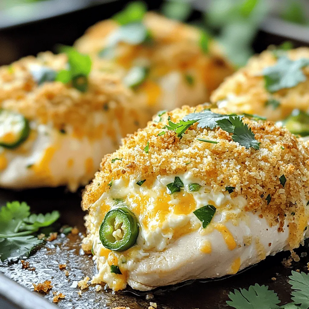 - 4 boneless, skinless chicken breasts - 4 oz cream cheese, softened - 1 cup shredded cheddar cheese - ½ cup jalapeños, finely chopped (seeds removed for less heat) - ½ cup breadcrumbs (panko works well) - 2 tablespoons olive oil - 1 teaspoon garlic powder - 1 teaspoon onion powder - Salt and pepper to taste - Fresh cilantro for garnish (optional) The heart of this dish lies in its rich and creamy stuffing. The cream cheese adds a smooth texture, while the cheddar gives a lovely sharpness. The jalapeños bring heat and flavor, making each bite a delightful experience. I always choose fresh ingredients for the best taste. - Dairy Alternatives for Cream Cheese: Use cashew cream or silken tofu for a dairy-free option. - Low-Carb Options for Breadcrumbs: Ground almonds or crushed pork rinds work well for a low-carb diet. - Heat Level Adjustments: For milder flavor, leave out the seeds from the jalapeños or use bell peppers. It's essential to know your taste preferences. Adjusting these ingredients can still keep the dish delicious while catering to your needs. - Selecting Quality Chicken Breasts: Look for firm, pink chicken that feels moist but not slimy. - Choosing the Right Jalapeños: Pick fresh jalapeños that feel firm, with shiny skin. Avoid any that look wrinkled or soft. Fresh ingredients make a big difference in this recipe. They help create the bold flavors and textures that make Jalapeño Popper Stuffed Chicken a crowd-pleaser. - Prepping the Oven and Ingredients First, preheat your oven to 375°F (190°C). This ensures even cooking. Next, gather all your ingredients to make the process smooth. You will need chicken breasts, cream cheese, cheddar cheese, and jalapeños. - Combining the Cheese Mixture In a mixing bowl, combine 4 oz of softened cream cheese, 1 cup of shredded cheddar cheese, and ½ cup of finely chopped jalapeños. Add 1 teaspoon of garlic powder, 1 teaspoon of onion powder, and salt and pepper to taste. Mix until it’s smooth and creamy. This mixture is your flavorful stuffing. - Searing the Stuffed Chicken Carefully slice a pocket in the side of each chicken breast. Avoid cutting all the way through. Season the chicken with salt and pepper. Stuff each breast with the jalapeño cheese mixture. Roll them in ½ cup of breadcrumbs for a nice crunch. Heat 2 tablespoons of olive oil in a large oven-safe skillet over medium heat. Sear each stuffed chicken breast for about 3-4 minutes on each side until golden brown. - Baking to Perfection Once the chicken is browned, transfer the skillet to the preheated oven. Bake for 25-30 minutes. The chicken should cook through, and juices run clear. A meat thermometer should read 165°F (74°C) inside. - Resting and Slicing the Chicken After baking, remove the skillet from the oven. Let the chicken rest for about 5 minutes. This helps keep the juices locked in. Then, slice each chicken breast carefully to reveal the cheesy filling. - Garnishing for Presentation For a lovely finish, garnish with fresh cilantro if you like. This adds a pop of color and flavor. Serve your jalapeño popper stuffed chicken warm and enjoy a delightful meal! - Ensuring Chicken is Juicy To keep your chicken juicy, do not overcook it. Use a meat thermometer to check for doneness. The internal temperature should reach 165°F (74°C). Letting it rest for five minutes after cooking helps keep the juices in. - Perfecting the Golden Crust For a perfect crust, sear the chicken in a hot skillet. Use enough oil to coat the bottom. Press the breadcrumbs onto the chicken firmly. This helps them stick and creates that golden crunch you want. - Side Dish Pairings Jalapeño popper stuffed chicken pairs well with simple sides. Try serving it with a fresh salad or roasted vegetables. Rice or quinoa also works, adding bulk to your meal. - Creating a Complete Meal To create a complete meal, add a starch and a veggie. Mashed potatoes or couscous can balance the spicy chicken. A side of steamed broccoli or corn can add color and nutrition. - Prep and Freeze Options You can prep these stuffed chickens ahead of time. After stuffing and breading, place them in a freezer-safe bag. They can last in the freezer for up to three months. Just thaw them in the fridge overnight before cooking. - Storing Leftovers If you have leftovers, store them in an airtight container. They will keep in the fridge for about three days. Reheat them in the oven for the best texture. {{image_2}} Spicy vs. Mild Versions You can adjust the heat of your jalapeño popper stuffed chicken. For a spicy version, leave the seeds in the jalapeños. This will give your dish a nice kick. If you prefer mild flavors, simply remove all the seeds. You can also use poblano peppers for a sweeter, milder taste. Adding Different Cheeses Cheese is key in this recipe. While cheddar is classic, you can mix it up! Try using pepper jack for a spicy twist or mozzarella for a creamier texture. Cream cheese pairs well with almost any cheese and adds richness. Get creative and find your favorite combinations! Air Fryer Approach Using an air fryer makes this dish quick and easy. Preheat your air fryer to 375°F. Prepare the stuffed chicken as usual, then cook in the air fryer for about 20 minutes. This method gives you a crispy crust without frying. It’s a great option for a healthier meal. Grilling Variations Grilling adds a nice smoky flavor. Heat your grill to medium. After stuffing the chicken, wrap it in foil to keep moisture in. Grill for about 30 minutes, turning once. Check for doneness, and enjoy the outdoor vibe! Gluten-Free Alternatives To make this dish gluten-free, swap regular breadcrumbs for gluten-free panko. This keeps the crunch while staying true to your diet. Always check labels to ensure all ingredients are gluten-free. Vegetarian Options Want a vegetarian twist? Instead of chicken, use large portobello mushrooms. Stuff them with the cheese mixture and bake. It's a hearty and tasty option that everyone will love. You can also use zucchini boats for a fun presentation! Best Practices for Refrigeration After cooking, let your jalapeño popper stuffed chicken cool. Place it in an airtight container. Store it in the fridge for up to three days. This keeps the chicken fresh and tasty. Freezing Instructions If you want to keep it longer, freeze the stuffed chicken. Wrap each piece in plastic wrap, then foil. Place them in a freezer-safe bag. This way, they can last for up to three months. Oven vs. Microwave I recommend reheating stuffed chicken in the oven. Preheat to 350°F (175°C). Place the chicken in an oven-safe dish, cover it with foil, and heat for about 20 minutes. This method keeps the chicken juicy. The microwave works too, but it may dry it out. If you use the microwave, heat on low power for a few minutes. Maintaining Texture and Flavor To keep the crunchy topping, avoid covering it when reheating. You can add a little olive oil to help maintain moisture and flavor. This ensures every bite tastes great. How Long Will it Last? Refrigerated jalapeño popper stuffed chicken lasts about three days. If frozen, it can stay good for around three months. Always check for freshness before eating. Signs of Spoilage Look for changes in color or texture. If the chicken smells off or feels sticky, it’s best to throw it away. Trust your senses; they are your best guide. Can I prep Jalapeño Popper Stuffed Chicken in advance? Yes, you can prep this dish ahead of time. Stuff the chicken and store it in the fridge. This lets the flavors mix well. You can bake it later when you are ready to eat. What can I serve with Jalapeño Popper Stuffed Chicken? I like to serve this chicken with rice or a fresh salad. It goes well with roasted veggies too. You could also add some crusty bread for a hearty meal. How do I know when the chicken is fully cooked? Check the chicken with a meat thermometer. It should reach 165°F (75°C) inside. You can also cut into it; the juices should run clear, not pink. Can I use other meats for stuffing? Yes! You can use pork or turkey. Just make sure they are cooked to the right temperature. Each meat will add its own flavor to your dish. How do I customize the heat level in the dish? You can adjust the heat by adding more or fewer jalapeños. Removing the seeds will also help reduce heat. You can try other peppers if you want different flavors. What is the full recipe for Jalapeño Popper Stuffed Chicken? Here’s a quick recap of the full recipe: - 4 boneless, skinless chicken breasts - 4 oz cream cheese, softened - 1 cup shredded cheddar cheese - ½ cup jalapeños, finely chopped - ½ cup breadcrumbs - 2 tablespoons olive oil - 1 teaspoon garlic powder - 1 teaspoon onion powder - Salt and pepper to taste - Fresh cilantro for garnish (optional) Can I use frozen chicken for this recipe? You can use frozen chicken, but it’s best to thaw it first. Thawed chicken cooks more evenly. You can place it in the fridge overnight for best results. In this blog post, we covered how to make Jalapeño Popper Stuffed Chicken. We explored essential ingredients, substitutions, and tips for freshness. You learned detailed preparation and cooking steps, plus useful tips and tricks for juicy chicken. Variations like air frying and dietary modifications were discussed. Lastly, we highlighted storage info to keep your meal fresh. Try this dish with your favorite sides. Enjoy the flavors and impress your friends!