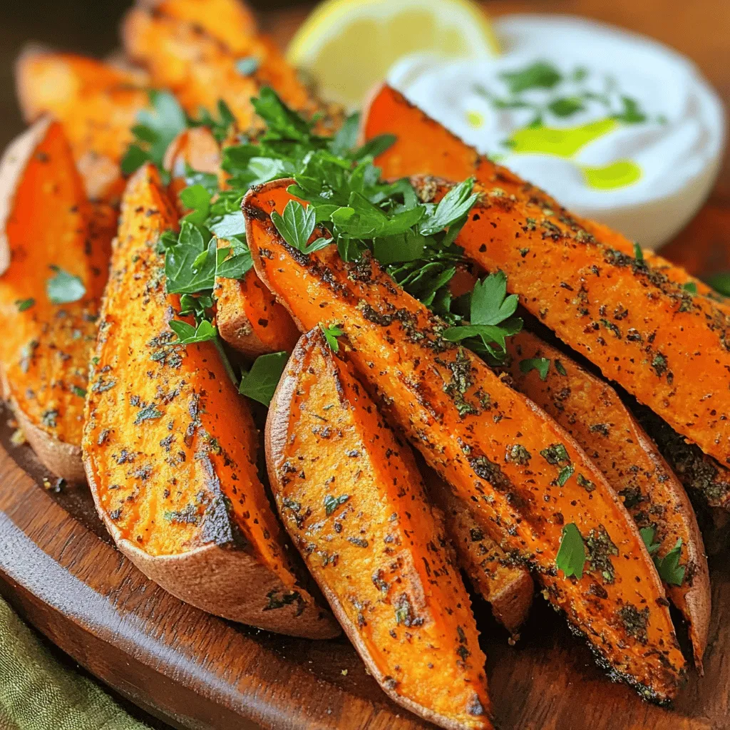 - 3 medium sweet potatoes - 3 tablespoons olive oil - 2 teaspoons dried oregano - 2 teaspoons garlic powder - 1 teaspoon paprika - 1 teaspoon ground cumin - Salt and pepper - Fresh parsley (for garnish) - Optional: Fresh lemon juice Gather all your ingredients before you start cooking. The sweet potatoes are the stars here. They add sweetness and nutrition. Olive oil helps the spices stick and adds flavor. Dried oregano brings an earthy taste. Garlic powder adds depth, while paprika adds a hint of smokiness. Ground cumin gives warmth that rounds out the flavors. Don’t forget salt and pepper to enhance everything. Fresh parsley will brighten the dish when you serve it. If you like a tangy kick, fresh lemon juice is a great optional addition. - Preheat your oven to 425°F (220°C). This step is key for crispiness. - In a large mixing bowl, combine: - 3 tablespoons olive oil - 2 teaspoons dried oregano - 2 teaspoons garlic powder - 1 teaspoon paprika - 1 teaspoon ground cumin - Salt and pepper to taste Mix well to create a tasty herb-infused oil. - Cut 3 medium sweet potatoes into wedges. - Add the wedges to the oil mixture. - Toss them gently until each wedge is coated. This helps the flavors stick. - Line a baking sheet with parchment paper. This makes cleanup easier. - Spread the coated sweet potato wedges in a single layer. Avoid overcrowding them. - Roast in the oven for 25-30 minutes. Flip the wedges halfway through cooking. - They are done when they turn golden brown and feel tender. - For extra brightness, squeeze fresh lemon juice over the wedges. - Finally, garnish with freshly chopped parsley. Enjoy your delicious creation! To make the best herb roasted sweet potato wedges, coat them evenly. Start by mixing the olive oil and spices in a bowl. This herb-infused oil will help the flavors stick. Once mixed, add the sweet potato wedges. Toss them until every wedge shines with oil and herbs. This step is key for great taste. Spacing on the baking sheet matters too. If wedges touch, they will steam instead of roast. Spread them out in a single layer. This allows hot air to flow around each piece. You want crispy edges and soft centers. For a lovely presentation, serve the wedges on a rustic platter. You can also use the baking sheet for a casual look. Garnish with freshly chopped parsley for a pop of color. Pair your sweet potato wedges with tasty dips. A yogurt sauce adds creaminess. A spicy aioli brings some heat. Both options make for a great flavor boost. Want to change things up? Try adding spices or fresh herbs. A pinch of cayenne can give the wedges a kick. You can also switch dried oregano for fresh herbs. Don't forget to adjust the seasoning. Taste the oil mix before adding the wedges. Add more salt or pepper if needed. This way, you can customize the flavors to your liking. {{image_2}} You can spice up your sweet potato wedges easily. If you love heat, try adding cayenne pepper. It gives a nice kick that warms the palate. Start with just a pinch. You can always add more if you like it spicy. Using fresh herbs is another great option. Instead of dried oregano, try fresh rosemary or thyme. They add a burst of flavor. Chop them finely and mix them into your herb oil. Fresh herbs make the dish vibrant and tasty. Air frying is a popular method for cooking sweet potato wedges. It makes them crispy without much oil. Set your air fryer to 400°F (200°C). Cook the wedges for about 15-20 minutes. Shake the basket halfway through for even cooking. Grilling is another fun way to prepare these wedges. The grill adds a smoky flavor that’s hard to beat. After tossing in the herb oil, place them on a hot grill. Cook for about 10-15 minutes, turning often for nice grill marks. Herb roasted sweet potato wedges are perfect as a side dish. They pair well with grilled meats or fish. You can also enjoy them as a snack. Serve with a yogurt dip or spicy aioli for extra flavor. For a healthy meal, add the wedges to salads or grain bowls. They add color and sweetness. Toss them with greens, nuts, and a light dressing. It makes for a filling and tasty meal. To keep your sweet potato wedges fresh, let them cool first. Place them in an airtight container. Store the container in the fridge. They will stay good for about 3 to 5 days. If you want to enjoy them later, make sure they are completely cooled before sealing. You can reheat your wedges in two ways: the oven or the microwave. The oven keeps them crispy. Preheat it to 375°F (190°C) and bake for about 10 minutes. If you use the microwave, heat them for 30 seconds at a time until warm. The microwave may make them softer. Freezing cooked sweet potato wedges is easy. Place cooled wedges in a freezer-safe bag. Seal it tightly, removing as much air as possible. They can last up to 3 months in the freezer. When you want to eat them, take them out and thaw overnight in the fridge. Reheat in the oven for the best texture. To make herb roasted sweet potato wedges, follow these easy steps: 1. First, preheat your oven to 425°F (220°C). 2. In a bowl, mix olive oil, oregano, garlic powder, paprika, cumin, salt, and pepper. 3. Cut three medium sweet potatoes into wedges and toss them in the oil mix. 4. Spread the wedges on a parchment-lined baking sheet. 5. Roast for 25-30 minutes, flipping halfway, until golden and tender. 6. Optional: Squeeze fresh lemon juice over the hot wedges and garnish with parsley. Yes, you can use other types of potatoes. Regular potatoes, such as russets or Yukon golds, work well. You can also use colorful potatoes for a fun twist. Each type changes the flavor and texture slightly. Sweet potatoes add a natural sweetness, while regular potatoes offer a more savory base. Sweet potato wedges are done when they are golden brown and soft inside. You can test them by poking with a fork; if it goes in easily, they are ready. Look for a crispy outside and a tender inside. This balance makes each bite delicious. Yes, this recipe is easily vegan. All the ingredients are plant-based. The olive oil, sweet potatoes, and spices are perfect for a vegan diet. If you want a creamy dip, try a vegan yogurt or tahini sauce on the side. This blog post covered how to make tasty herb-roasted sweet potato wedges. We discussed the key ingredients, step-by-step instructions, and cooking tips. You learned about various flavors, cooking methods, and how to store leftovers. Experimenting with spices or swapping potatoes can make this dish unique. Enjoy these wedges as a side or snack. Now, it’s your turn to put this knowledge to use and impress your friends and family in the kitchen!