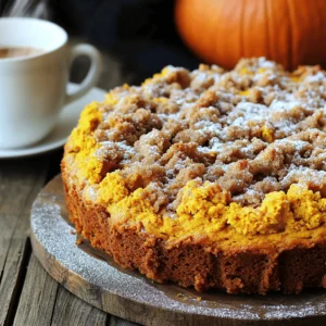 To make this delightful coffee cake, you will need: - 2 cups all-purpose flour - 1 cup granulated sugar - 1 cup pumpkin puree - ½ cup unsalted butter, softened - 2 large eggs - ½ cup sour cream - 1 teaspoon vanilla extract - 1 teaspoon baking powder - 1 teaspoon baking soda - ½ teaspoon salt - 1 teaspoon ground cinnamon - ½ teaspoon ground nutmeg - ¼ teaspoon ground ginger - 1 cup chopped pecans or walnuts (optional) These ingredients come together to create a moist and flavorful coffee cake. The pumpkin puree adds a rich taste and a lovely orange hue. Butter makes the cake tender, while eggs help it rise perfectly. You can customize your coffee cake by adding: - 1 cup chopped pecans or walnuts - Chocolate chips for a sweet twist - Dried fruits like cranberries or raisins These additions enhance the flavor and texture. Feel free to get creative with your favorite mix-ins! The streusel topping is the star of the show. For it, you will need: - ½ cup all-purpose flour - ⅓ cup brown sugar, packed - ½ teaspoon ground cinnamon - ¼ cup cold unsalted butter, cubed This topping gives a crunchy texture to the soft cake. The brown sugar adds a caramel-like sweetness, while cinnamon brings warmth. Mixing the cold butter with the dry ingredients creates those lovely crumbly bits we all love. First, preheat your oven to 350°F (175°C). Grease a 9x13 inch baking pan or line it with parchment paper. This helps to avoid sticking. Gather all your ingredients so you have everything at hand. In a large mixing bowl, cream the softened butter and granulated sugar. Mix until it looks light and fluffy. Next, add in the pumpkin puree, eggs, sour cream, and vanilla extract. Stir until everything is well mixed. In another bowl, whisk together the dry ingredients: flour, baking powder, baking soda, salt, cinnamon, nutmeg, and ginger. Gradually add these to the pumpkin mixture. Mix just until combined. Do not overmix! If you like nuts, fold in the chopped pecans or walnuts now. For the streusel, combine flour, brown sugar, and cinnamon in a bowl. Add the cold, cubed butter. Use a fork or pastry cutter to mix until it looks like coarse crumbs. This will give your cake a nice crunchy top. Pour the batter into your prepared pan. Spread it evenly so it cooks well. Generously sprinkle the streusel topping over the batter. Bake in the oven for 30-35 minutes. Check for doneness by inserting a toothpick into the center. If it comes out clean, your cake is ready! Once baked, let it cool in the pan for about 15 minutes before slicing. Enjoy the delicious smell as it fills your kitchen! To get the right texture, use room temperature ingredients. This means butter, eggs, and sour cream. Cream the butter and sugar well. This step adds air, making the cake light. Don’t overmix the batter. Stop mixing as soon as the dry ingredients blend in. This keeps the cake tender and moist. Always preheat your oven to 350°F. This helps the cake rise evenly. Use the right pan size. A 9x13 inch pan works best for this recipe. If you use a different size, cooking times may change. Check the cake a few minutes early. Use a toothpick to test if it’s done. It should come out clean for perfect results. Serve the cake warm or at room temperature. Dust with powdered sugar for a nice look. Pair it with coffee or tea for a cozy treat. You can also add a dollop of whipped cream. For a fun twist, top with ice cream. This makes a great dessert for friends and family! {{image_2}} If you want a nut-free coffee cake, just skip the nuts. The cake will still taste great! You can also add some seeds, like pumpkin or sunflower seeds, for a little crunch. They add texture without the nut allergy risk. For a gluten-free version, use a gluten-free flour blend. Many blends work well in baking. You can also swap the sour cream for dairy-free yogurt. This keeps the cake moist and tasty. For a dairy-free option, choose a plant-based butter. Both swaps will make your cake friendly for various diets. Want to make your coffee cake even more special? Add chocolate chips or dried fruits. Chocolate chips give a sweet surprise in every bite. Dried fruits like cranberries or raisins add a nice chew. Just mix them in gently with the batter. These additions will elevate your pumpkin streusel cake and delight your taste buds. To keep your pumpkin streusel coffee cake fresh, wrap it tightly in plastic wrap. You can also place it in an airtight container. This helps retain moisture and flavor. Store it at room temperature for up to three days. If you want to keep it longer, refrigerate it. Just remember that refrigeration may change the texture slightly. If you want to freeze your coffee cake, cut it into slices first. Place the slices in a single layer on a baking sheet. Freeze them for about an hour. This prevents them from sticking together. Once frozen, transfer the slices to a freezer-safe bag or container. They can stay fresh for up to three months. To thaw, simply remove a slice and let it sit at room temperature for about 30 minutes. To enjoy your coffee cake warm, preheat your oven to 350°F (175°C). Place the slice on a baking sheet and heat for about 10 minutes. You can also use a microwave. Heat on low for about 15-20 seconds. Be careful not to overheat it, or the cake may dry out. A warm slice pairs perfectly with coffee! Yes, you can use fresh pumpkin. Start by cooking and pureeing your pumpkin. Make sure it is smooth and not watery. Fresh pumpkin can add a bright flavor, but it may need longer to cook. Check the cake at 30 minutes. Insert a toothpick in the center. If it comes out clean, the cake is ready. If it has batter on it, bake for a few more minutes. This coffee cake pairs well with coffee or tea. You can also serve it with whipped cream or ice cream. A drizzle of caramel sauce adds extra sweetness. The cake stays fresh for about three days at room temperature. Store it in an airtight container. If you refrigerate it, it can last up to a week. We explored the key ingredients and steps to make a delightful coffee cake. You learned about variations to suit your taste and how to store leftovers. Remember to use the right tools for mixing and baking. With these tips, you can craft the perfect cake every time. Enjoy experimenting with flavors and sharing it with friends. Baking can be fun and rewarding, so get started!