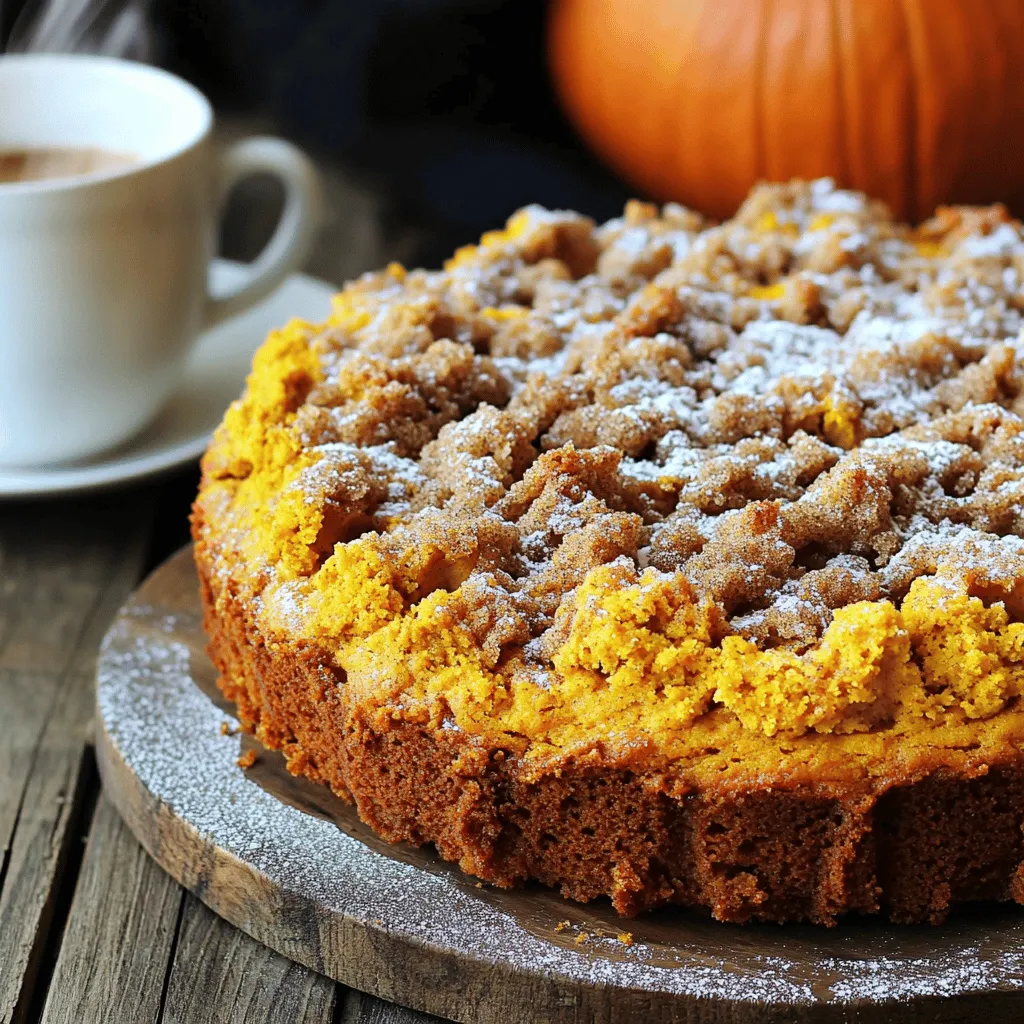 To make this delightful coffee cake, you will need: - 2 cups all-purpose flour - 1 cup granulated sugar - 1 cup pumpkin puree - ½ cup unsalted butter, softened - 2 large eggs - ½ cup sour cream - 1 teaspoon vanilla extract - 1 teaspoon baking powder - 1 teaspoon baking soda - ½ teaspoon salt - 1 teaspoon ground cinnamon - ½ teaspoon ground nutmeg - ¼ teaspoon ground ginger - 1 cup chopped pecans or walnuts (optional) These ingredients come together to create a moist and flavorful coffee cake. The pumpkin puree adds a rich taste and a lovely orange hue. Butter makes the cake tender, while eggs help it rise perfectly. You can customize your coffee cake by adding: - 1 cup chopped pecans or walnuts - Chocolate chips for a sweet twist - Dried fruits like cranberries or raisins These additions enhance the flavor and texture. Feel free to get creative with your favorite mix-ins! The streusel topping is the star of the show. For it, you will need: - ½ cup all-purpose flour - ⅓ cup brown sugar, packed - ½ teaspoon ground cinnamon - ¼ cup cold unsalted butter, cubed This topping gives a crunchy texture to the soft cake. The brown sugar adds a caramel-like sweetness, while cinnamon brings warmth. Mixing the cold butter with the dry ingredients creates those lovely crumbly bits we all love. First, preheat your oven to 350°F (175°C). Grease a 9x13 inch baking pan or line it with parchment paper. This helps to avoid sticking. Gather all your ingredients so you have everything at hand. In a large mixing bowl, cream the softened butter and granulated sugar. Mix until it looks light and fluffy. Next, add in the pumpkin puree, eggs, sour cream, and vanilla extract. Stir until everything is well mixed. In another bowl, whisk together the dry ingredients: flour, baking powder, baking soda, salt, cinnamon, nutmeg, and ginger. Gradually add these to the pumpkin mixture. Mix just until combined. Do not overmix! If you like nuts, fold in the chopped pecans or walnuts now. For the streusel, combine flour, brown sugar, and cinnamon in a bowl. Add the cold, cubed butter. Use a fork or pastry cutter to mix until it looks like coarse crumbs. This will give your cake a nice crunchy top. Pour the batter into your prepared pan. Spread it evenly so it cooks well. Generously sprinkle the streusel topping over the batter. Bake in the oven for 30-35 minutes. Check for doneness by inserting a toothpick into the center. If it comes out clean, your cake is ready! Once baked, let it cool in the pan for about 15 minutes before slicing. Enjoy the delicious smell as it fills your kitchen! To get the right texture, use room temperature ingredients. This means butter, eggs, and sour cream. Cream the butter and sugar well. This step adds air, making the cake light. Don’t overmix the batter. Stop mixing as soon as the dry ingredients blend in. This keeps the cake tender and moist. Always preheat your oven to 350°F. This helps the cake rise evenly. Use the right pan size. A 9x13 inch pan works best for this recipe. If you use a different size, cooking times may change. Check the cake a few minutes early. Use a toothpick to test if it’s done. It should come out clean for perfect results. Serve the cake warm or at room temperature. Dust with powdered sugar for a nice look. Pair it with coffee or tea for a cozy treat. You can also add a dollop of whipped cream. For a fun twist, top with ice cream. This makes a great dessert for friends and family! {{image_2}} If you want a nut-free coffee cake, just skip the nuts. The cake will still taste great! You can also add some seeds, like pumpkin or sunflower seeds, for a little crunch. They add texture without the nut allergy risk. For a gluten-free version, use a gluten-free flour blend. Many blends work well in baking. You can also swap the sour cream for dairy-free yogurt. This keeps the cake moist and tasty. For a dairy-free option, choose a plant-based butter. Both swaps will make your cake friendly for various diets. Want to make your coffee cake even more special? Add chocolate chips or dried fruits. Chocolate chips give a sweet surprise in every bite. Dried fruits like cranberries or raisins add a nice chew. Just mix them in gently with the batter. These additions will elevate your pumpkin streusel cake and delight your taste buds. To keep your pumpkin streusel coffee cake fresh, wrap it tightly in plastic wrap. You can also place it in an airtight container. This helps retain moisture and flavor. Store it at room temperature for up to three days. If you want to keep it longer, refrigerate it. Just remember that refrigeration may change the texture slightly. If you want to freeze your coffee cake, cut it into slices first. Place the slices in a single layer on a baking sheet. Freeze them for about an hour. This prevents them from sticking together. Once frozen, transfer the slices to a freezer-safe bag or container. They can stay fresh for up to three months. To thaw, simply remove a slice and let it sit at room temperature for about 30 minutes. To enjoy your coffee cake warm, preheat your oven to 350°F (175°C). Place the slice on a baking sheet and heat for about 10 minutes. You can also use a microwave. Heat on low for about 15-20 seconds. Be careful not to overheat it, or the cake may dry out. A warm slice pairs perfectly with coffee! Yes, you can use fresh pumpkin. Start by cooking and pureeing your pumpkin. Make sure it is smooth and not watery. Fresh pumpkin can add a bright flavor, but it may need longer to cook. Check the cake at 30 minutes. Insert a toothpick in the center. If it comes out clean, the cake is ready. If it has batter on it, bake for a few more minutes. This coffee cake pairs well with coffee or tea. You can also serve it with whipped cream or ice cream. A drizzle of caramel sauce adds extra sweetness. The cake stays fresh for about three days at room temperature. Store it in an airtight container. If you refrigerate it, it can last up to a week. We explored the key ingredients and steps to make a delightful coffee cake. You learned about variations to suit your taste and how to store leftovers. Remember to use the right tools for mixing and baking. With these tips, you can craft the perfect cake every time. Enjoy experimenting with flavors and sharing it with friends. Baking can be fun and rewarding, so get started!
