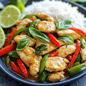 For this tasty dish, you need some key items. Here’s your list: - 500g chicken breast, thinly sliced - 1 cup fresh Thai basil leaves - 1 red bell pepper, sliced - 1 green bell pepper, sliced - 4 cloves garlic, minced - 2 tablespoons vegetable oil - 1 tablespoon fish sauce - 1 tablespoon soy sauce - 1 tablespoon oyster sauce - 1 tablespoon brown sugar - 1 teaspoon chili paste (adjust for spice preference) - Salt and pepper to taste - Cooked jasmine rice for serving Fresh ingredients make this dish shine. Thai basil adds a sweet and spicy note. Bell peppers give it crunch and color. Garlic brings a rich aroma. Always choose bright, crisp veggies. Good quality chicken is key for a juicy stir fry. When you use fresh items, you elevate your meal. You can tweak flavors with some optional seasonings. If you like heat, add more chili paste. For a hint of sweetness, increase the brown sugar. A splash of lime juice can brighten the dish. These changes let you customize the stir fry to your taste. Enjoy experimenting! To start, grab a large skillet or wok. Heat 2 tablespoons of vegetable oil over medium-high heat. Once the oil shimmers, add 4 cloves of minced garlic. Sauté it for 30 seconds until it smells great but is not browned. Next, add 500g of thinly sliced chicken breast. Stir-fry it for about 5 to 7 minutes. Cook until the chicken turns white and is no longer pink. Then, toss in 1 sliced red bell pepper and 1 sliced green bell pepper. Keep stirring for another 3 to 4 minutes until the peppers are tender-crisp. In a small bowl, mix 1 tablespoon each of fish sauce, soy sauce, oyster sauce, and brown sugar. Add 1 teaspoon of chili paste if you like it spicy. Pour this sauce over the chicken and veggies. Stir continuously until everything is coated and the sauce thickens a bit. Finally, add 1 cup of fresh Thai basil leaves. Toss everything together for about one minute, just until the basil wilts. Season with salt and pepper to taste. To keep your cooking quick, prepare all your ingredients first. Slice the chicken and veggies ahead of time. Use a sharp knife for fast cuts. Make sure your skillet is hot before adding the oil. This helps the chicken cook evenly. Use high heat for a quick stir-fry. It cooks the food fast and keeps it crisp. Look for clear signs to know when your dish is done. The chicken should be white throughout with no pink spots. The bell peppers should be bright and slightly soft, but still have a crunch. When you add the basil, it should wilt but not turn brown. This all means your stir fry is ready to enjoy! To make the best Thai basil chicken, start with fresh chicken breast. Look for chicken that is pink and firm. Avoid any chicken that looks dull or has dark spots. When slicing, keep the pieces thin and even. Thin slices cook quickly and soak up flavor well. Fresh Thai basil is key to a true Thai dish. It has a unique taste, combining sweet and peppery notes. Always use fresh leaves instead of dried. Look for bright green leaves without any brown spots. If you can't find Thai basil, try regular basil, but the taste will change. Stir-frying is quick, so timing is important. Don’t overcrowd the pan; it can steam the food instead of frying it. This means you should cook in batches if needed. Also, make sure your oil is hot before adding ingredients. This helps create a nice sear and keeps the flavors locked in. Finally, add the basil last. It wilts quickly and releases its flavor best when added at the end. {{image_2}} You can easily swap chicken for other proteins. Tofu works great for a vegetarian option. Use firm tofu for the best texture. You can also use shrimp if you like seafood. Just remember to adjust the cooking time. Shrimp cooks faster than chicken. Spice level can change the whole dish. If you like it mild, use less chili paste. For more heat, add more chili paste or fresh chili. You can also add sliced jalapeños. Always taste as you go to find your perfect heat. Adding more veggies boosts nutrition and flavor. Try snap peas, carrots, or broccoli. They add color and crunch to your stir fry. Chop them into small pieces for even cooking. This makes your meal healthier and more filling. After you enjoy your Thai basil chicken stir fry, store leftovers promptly. Use an airtight container to keep it fresh. Let the stir fry cool down to room temperature before sealing it. This will help avoid moisture buildup. Store it in the fridge for up to three days. If you think you won’t eat it soon, consider freezing it instead. When reheating, keep the taste and crunch. Use a skillet or wok for best results. Heat it on medium-low heat to avoid overcooking. Add a splash of water or broth to help steam it. If using a microwave, cover the dish to trap steam. Heat in short bursts, stirring in between. This way, it stays juicy and flavorful. Freezing is a great way to save time. Portion the stir fry into single servings. Use freezer-safe bags or containers to prevent freezer burn. Label them with dates for easy tracking. Store for up to three months. When ready to eat, thaw it overnight in the fridge. Reheat it using the tips above for the best taste. You can use dried basil, but the taste will differ. Fresh Thai basil has a unique flavor. It brings a sweet and peppery kick that dried basil cannot match. If you only have dried basil, use less than you think. Start with one teaspoon. If you like the taste, you can add more. Thai Basil Chicken Stir Fry goes great with several sides. Here are some options: - Jasmine rice: This fluffy rice absorbs the sauce well. - Fried rice: It adds texture and flavor. - Steamed broccoli: This veggie adds color and crunch. - Cucumber salad: A fresh salad helps balance the dish. - Spring rolls: These add a nice crunch and are fun to eat. Making Thai Basil Chicken Stir Fry gluten-free is easy. Use gluten-free soy sauce instead of regular soy sauce. Most fish sauce and oyster sauce are gluten-free, but check the label. Use fresh ingredients and follow the recipe as is. This will give you a tasty gluten-free meal. In this blog post, we explored how to make Thai Basil Chicken Stir Fry. We examined essential ingredients and their roles in creating authentic flavors. The step-by-step cooking instructions ensured your stir-fry is quick and easy. I shared tips for choosing the best chicken and avoiding common mistakes. You can also try variations with tofu or different spices. Lastly, we discussed storage and reheating tips to keep your meal fresh. I hope you enjoy making this dish at home and impressing your family and friends. Happy cooking!