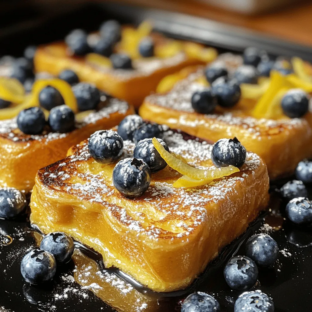 To make Lemon Blueberry Overnight French Toast, gather these key items: - 8 slices of brioche or challah bread - 2 cups milk (whole or almond milk) - 4 large eggs - 1 teaspoon vanilla extract - 1 tablespoon lemon zest - ¼ cup fresh lemon juice - ½ cup brown sugar - ½ teaspoon cinnamon - 1 ½ cups fresh blueberries - Pinch of salt - Extra butter for greasing the baking dish You can customize this dish in fun ways. Here are a few ideas: - Add nuts: Walnuts or pecans can add crunch. - Use different fruits: Try raspberries or strawberries for a twist. - Spice it up: A dash of nutmeg can enhance flavor. If you need to swap some items, here’s what you can do: - Bread: Use white or whole wheat bread if brioche or challah is not available. - Milk: Swap whole milk for oat milk or soy milk for a dairy-free option. - Eggs: Use flax eggs or applesauce for a vegan choice. - Sugar: Replace brown sugar with coconut sugar for a healthier option. Start by cutting your brioche or challah bread into 1-inch thick slices. This thickness helps the bread soak up the custard well. If you want, lightly toast the slices. This step helps them get dry enough to hold the custard without getting soggy. Next, in a big bowl, whisk together the milk, eggs, vanilla, lemon zest, lemon juice, brown sugar, cinnamon, and a pinch of salt. Mix it well until everything blends. This custard mixture is key for flavor. Now, grease a 9x13 baking dish with some butter. Place half of the bread slices in the dish. Sprinkle half of the blueberries over the bread. Pour half of the custard mix on top. Repeat this with the rest of the bread, blueberries, and custard. Cover the dish with plastic wrap and place it in the fridge overnight. When you are ready to bake, preheat your oven to 350°F (175°C). Take the dish from the fridge and remove the cover. This step helps the top get nice and crispy. Bake for 45-55 minutes. Look for a golden brown top and a set custard. To get the best results, check the French toast halfway through baking. If the top browns too fast, cover it with aluminum foil. Let it cool for a few minutes after baking. Serve it warm with fresh blueberries on top. A dusting of powdered sugar adds a nice touch too. Enjoy your delicious Lemon Blueberry Overnight French Toast! Choosing the right bread makes a big difference. I love using brioche or challah. Both have a soft texture and a sweet taste. They soak up the custard well. If you want a slight crunch, toast the bread lightly before using it. This helps it hold its shape and not get soggy. If you have leftovers, store them in the fridge. Keep them in an airtight container. This helps them stay fresh for up to three days. You can also freeze the leftovers. Wrap them tightly in plastic wrap or foil. They will last for about a month in the freezer. When you're ready to eat, just thaw and reheat. Serve your Lemon Blueberry Overnight French Toast warm. Top it with fresh blueberries for a burst of flavor. A light dusting of powdered sugar adds a nice touch. You can also drizzle maple syrup or honey on top. For a twist, add a dollop of whipped cream. Enjoy this dish for breakfast, brunch, or even dessert! {{image_2}} You can switch up the flavors by using seasonal fruits. In summer, try ripe peaches or strawberries. In fall, sliced apples or pears bring warmth. Each fruit adds a fresh twist and complements the lemon and blueberry mix. Feel free to mix different fruits for even more fun! You can make this dish vegan by swapping the milk and eggs. Use almond milk or oat milk instead of whole milk. For eggs, try a mix of 1 tablespoon of ground flaxseed with 2.5 tablespoons of water for each egg. This keeps the custard rich and tasty without dairy. Want to add even more flavor? Try adding a splash of almond extract for a nutty touch. You can also sprinkle some nutmeg or cardamom for a warm spice flavor. Drizzle maple syrup on top for extra sweetness. These small changes can make a big difference in taste! After you bake your Lemon Blueberry Overnight French Toast, let it cool. Cover it well with plastic wrap or foil. This keeps it fresh in the fridge for 3 to 4 days. You can also keep it in an airtight container. If you want to serve it later, slice it first. This makes it easy to heat up. You can freeze this dish too! After it cools, cut it into portions. Wrap each slice in plastic wrap, then place them in a freezer bag. Make sure to remove as much air as possible. This helps prevent freezer burn. You can freeze it for up to 3 months. When you want to eat it, just thaw it in the fridge overnight. For reheating, there are a few simple ways. If you have leftovers, preheat your oven to 350°F (175°C). Place the slices on a baking sheet and cover them with foil. Heat for about 15-20 minutes until warmed through. You can also use the microwave. Heat each slice for about 30 seconds. Check if it's warm enough. If not, heat a little more. Enjoy your meal warm, just like fresh! Yes, you can prepare it the night before. This gives the bread time to soak. Simply follow the steps and refrigerate overnight. In the morning, all you need to do is bake it. This makes it a great choice for busy mornings! Check for a golden brown top. You can also use a toothpick; it should come out clean. The center should not jiggle when you shake the dish. If it looks firm and browned, it's ready to enjoy! This dish pairs well with various toppings. Fresh whipped cream adds a light touch. You can also sprinkle powdered sugar for sweetness. A drizzle of maple syrup brings out the lemon flavor too. Add some crispy bacon for a savory contrast! You learned about the key ingredients and steps for Lemon Blueberry Overnight French Toast. I provided tips on bread choices, storage, and serving ideas. You can also explore fun variations to make this dish your own. Remember, this recipe is easy to prepare and perfect for any season. With simple techniques, you’ll create a tasty breakfast everyone will enjoy. Dive in and have fun making it!