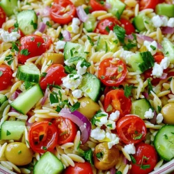 For this Greek Orzo Salad, you will need: - 1 cup orzo pasta - 2 cups vegetable broth (or water) - 1 cup cherry tomatoes, halved - 1 cucumber, diced - 1 red bell pepper, diced - ½ red onion, finely chopped - 1 cup Kalamata olives, pitted and sliced - ½ cup feta cheese, crumbled - ¼ cup fresh parsley, chopped - ¼ cup olive oil - 2 tablespoons lemon juice - 1 teaspoon dried oregano - Salt and pepper to taste These fresh ingredients combine to create a colorful and tasty dish. Orzo pasta serves as the base. The vegetables add crunch and sweetness. Kalamata olives give a salty bite, while feta cheese adds creaminess. You likely have some of these items in your kitchen: - Olive oil - Salt - Pepper - Dried oregano These staples are key to making the dressing. Fresh lemon juice also adds a bright flavor. You can easily adapt this recipe for different diets: - For gluten-free, use gluten-free orzo. - For a vegan option, omit the feta cheese or use a plant-based cheese. - Swap Kalamata olives for green olives if you prefer. These substitutions keep the dish delicious while meeting your needs. Feel free to mix and match as you like! To start, bring 2 cups of vegetable broth to a boil in a medium saucepan. You can also use water if you prefer. Once boiling, add 1 cup of orzo pasta. Cook it for about 7 to 9 minutes. Check the package for exact times. You want the orzo to be al dente, which means it should be firm but not hard. After cooking, drain the orzo in a colander. Rinse it under cold water to stop the cooking. This keeps it from getting mushy. Let it cool for a few minutes while you prepare the other ingredients. Next, grab a small bowl. In it, whisk together ¼ cup of olive oil, 2 tablespoons of lemon juice, and 1 teaspoon of dried oregano. Add salt and pepper to taste. Mix until everything is well combined. This dressing is bright and tangy, perfect for our salad. Set it aside while you chop the veggies. In a large mixing bowl, combine the fun stuff! Add 1 cup of halved cherry tomatoes, 1 diced cucumber, 1 diced red bell pepper, and ½ finely chopped red onion. Toss in 1 cup of sliced Kalamata olives and ½ cup of crumbled feta cheese. Don’t forget ¼ cup of chopped parsley for freshness! Once all the veggies and cheese are in, add the cooled orzo. Gently mix everything together. Finally, drizzle the dressing over the salad. Toss it all until the ingredients are evenly coated. Let the salad sit for 15 to 20 minutes to let the flavors blend together. Enjoy your fresh Greek Orzo Salad! To boost the taste of your Greek orzo salad, use fresh herbs. Fresh parsley and oregano add great depth. You can add a bit of garlic for a nice kick. Roasting the cherry tomatoes can bring out their sweetness. A squeeze of lemon juice brightens the dish, making it taste fresh and lively. Cook the orzo until it is al dente. This means it should be firm but not hard. Rinse the orzo with cold water right after cooking. This stops the cooking and keeps it from getting mushy. For crunch, add your vegetables right before serving. This keeps them fresh and crisp. Serve your salad in a large, shallow dish. This lets your colorful ingredients shine. Top with extra feta cheese and parsley for a beautiful look. Drizzle a little olive oil on top for some shine. You can also use a few lemon slices for extra flair. {{image_2}} You can boost your Greek Orzo Salad with protein. This adds flavor and makes it more filling. Here are some easy choices: - Grilled chicken: Dice it and mix it in. - Shrimp: Cooked shrimp adds a nice touch. - Chickpeas: They are a great plant-based option. These proteins work well with the orzo and veggies. Just make sure to season them well before adding. Seasonal vegetables can make your salad even better. They add freshness and crunch. Some great choices include: - Zucchini: Diced or grilled, it’s a tasty addition. - Bell peppers: Use different colors for a fun look. - Spinach: Add fresh spinach for extra nutrients. Feel free to switch them based on what you find at your local market. This keeps your salad exciting. If you want a vegan version, it's simple! Just skip the feta cheese. You can use these options instead: - Avocado: It adds creaminess and healthy fats. - Nutritional yeast: Sprinkle it for a cheesy flavor. - Vegan cheese: Many brands offer plant-based options. With these swaps, your Greek Orzo Salad stays delicious and plant-based. Enjoy experimenting! After enjoying your Greek Orzo Salad, store leftovers in an airtight container. Keep the salad in the fridge. It stays fresh for up to three days. The flavors will blend and taste even better the next day. Avoid adding the dressing until you are ready to eat. This keeps the salad crisp and bright. Freezing orzo salad is not ideal. The vegetables may become mushy. However, if you want to freeze it, do so without the dressing. Place the cooled salad in a freezer-safe container. It will last for about a month. When you are ready to eat, thaw it in the fridge overnight. To reheat your orzo salad, gently warm it in a pot over low heat. Add a splash of olive oil or vegetable broth to keep it moist. Stir occasionally until it’s warm. You can also serve it cold, which many people enjoy. Add fresh herbs or a drizzle of olive oil to enhance the flavor. Orzo is a type of pasta that looks like rice. It is small and oval-shaped. Made from wheat, orzo cooks quickly. You can use it in salads, soups, or side dishes. It adds a nice texture to meals. Yes, you can prepare Greek Orzo Salad ahead of time. This salad tastes even better after sitting. The flavors mix well when chilled. Just keep it in the fridge in a covered bowl. Serve it cold for the best taste. To make a gluten-free Greek Orzo Salad, swap the orzo for gluten-free pasta. Many stores sell gluten-free orzo made from rice or corn. Follow the same steps in the recipe. The salad will still be fresh and tasty! This blog post covers how to make Greek Orzo Salad. We looked at main ingredients and kitchen staples, along with helpful substitutions. The step-by-step instructions guide you through cooking orzo and mixing it all together. I shared tips for flavor, texture, and presentation. You can add proteins or vegetables to make it your own. In the end, enjoy this easy dish with friends and family. It's fresh, fun, and full of flavor!