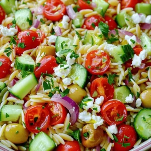 For this Greek Orzo Salad, you will need: - 1 cup orzo pasta - 2 cups vegetable broth (or water) - 1 cup cherry tomatoes, halved - 1 cucumber, diced - 1 red bell pepper, diced - ½ red onion, finely chopped - 1 cup Kalamata olives, pitted and sliced - ½ cup feta cheese, crumbled - ¼ cup fresh parsley, chopped - ¼ cup olive oil - 2 tablespoons lemon juice - 1 teaspoon dried oregano - Salt and pepper to taste These fresh ingredients combine to create a colorful and tasty dish. Orzo pasta serves as the base. The vegetables add crunch and sweetness. Kalamata olives give a salty bite, while feta cheese adds creaminess. You likely have some of these items in your kitchen: - Olive oil - Salt - Pepper - Dried oregano These staples are key to making the dressing. Fresh lemon juice also adds a bright flavor. You can easily adapt this recipe for different diets: - For gluten-free, use gluten-free orzo. - For a vegan option, omit the feta cheese or use a plant-based cheese. - Swap Kalamata olives for green olives if you prefer. These substitutions keep the dish delicious while meeting your needs. Feel free to mix and match as you like! To start, bring 2 cups of vegetable broth to a boil in a medium saucepan. You can also use water if you prefer. Once boiling, add 1 cup of orzo pasta. Cook it for about 7 to 9 minutes. Check the package for exact times. You want the orzo to be al dente, which means it should be firm but not hard. After cooking, drain the orzo in a colander. Rinse it under cold water to stop the cooking. This keeps it from getting mushy. Let it cool for a few minutes while you prepare the other ingredients. Next, grab a small bowl. In it, whisk together ¼ cup of olive oil, 2 tablespoons of lemon juice, and 1 teaspoon of dried oregano. Add salt and pepper to taste. Mix until everything is well combined. This dressing is bright and tangy, perfect for our salad. Set it aside while you chop the veggies. In a large mixing bowl, combine the fun stuff! Add 1 cup of halved cherry tomatoes, 1 diced cucumber, 1 diced red bell pepper, and ½ finely chopped red onion. Toss in 1 cup of sliced Kalamata olives and ½ cup of crumbled feta cheese. Don’t forget ¼ cup of chopped parsley for freshness! Once all the veggies and cheese are in, add the cooled orzo. Gently mix everything together. Finally, drizzle the dressing over the salad. Toss it all until the ingredients are evenly coated. Let the salad sit for 15 to 20 minutes to let the flavors blend together. Enjoy your fresh Greek Orzo Salad! To boost the taste of your Greek orzo salad, use fresh herbs. Fresh parsley and oregano add great depth. You can add a bit of garlic for a nice kick. Roasting the cherry tomatoes can bring out their sweetness. A squeeze of lemon juice brightens the dish, making it taste fresh and lively. Cook the orzo until it is al dente. This means it should be firm but not hard. Rinse the orzo with cold water right after cooking. This stops the cooking and keeps it from getting mushy. For crunch, add your vegetables right before serving. This keeps them fresh and crisp. Serve your salad in a large, shallow dish. This lets your colorful ingredients shine. Top with extra feta cheese and parsley for a beautiful look. Drizzle a little olive oil on top for some shine. You can also use a few lemon slices for extra flair. {{image_2}} You can boost your Greek Orzo Salad with protein. This adds flavor and makes it more filling. Here are some easy choices: - Grilled chicken: Dice it and mix it in. - Shrimp: Cooked shrimp adds a nice touch. - Chickpeas: They are a great plant-based option. These proteins work well with the orzo and veggies. Just make sure to season them well before adding. Seasonal vegetables can make your salad even better. They add freshness and crunch. Some great choices include: - Zucchini: Diced or grilled, it’s a tasty addition. - Bell peppers: Use different colors for a fun look. - Spinach: Add fresh spinach for extra nutrients. Feel free to switch them based on what you find at your local market. This keeps your salad exciting. If you want a vegan version, it's simple! Just skip the feta cheese. You can use these options instead: - Avocado: It adds creaminess and healthy fats. - Nutritional yeast: Sprinkle it for a cheesy flavor. - Vegan cheese: Many brands offer plant-based options. With these swaps, your Greek Orzo Salad stays delicious and plant-based. Enjoy experimenting! After enjoying your Greek Orzo Salad, store leftovers in an airtight container. Keep the salad in the fridge. It stays fresh for up to three days. The flavors will blend and taste even better the next day. Avoid adding the dressing until you are ready to eat. This keeps the salad crisp and bright. Freezing orzo salad is not ideal. The vegetables may become mushy. However, if you want to freeze it, do so without the dressing. Place the cooled salad in a freezer-safe container. It will last for about a month. When you are ready to eat, thaw it in the fridge overnight. To reheat your orzo salad, gently warm it in a pot over low heat. Add a splash of olive oil or vegetable broth to keep it moist. Stir occasionally until it’s warm. You can also serve it cold, which many people enjoy. Add fresh herbs or a drizzle of olive oil to enhance the flavor. Orzo is a type of pasta that looks like rice. It is small and oval-shaped. Made from wheat, orzo cooks quickly. You can use it in salads, soups, or side dishes. It adds a nice texture to meals. Yes, you can prepare Greek Orzo Salad ahead of time. This salad tastes even better after sitting. The flavors mix well when chilled. Just keep it in the fridge in a covered bowl. Serve it cold for the best taste. To make a gluten-free Greek Orzo Salad, swap the orzo for gluten-free pasta. Many stores sell gluten-free orzo made from rice or corn. Follow the same steps in the recipe. The salad will still be fresh and tasty! This blog post covers how to make Greek Orzo Salad. We looked at main ingredients and kitchen staples, along with helpful substitutions. The step-by-step instructions guide you through cooking orzo and mixing it all together. I shared tips for flavor, texture, and presentation. You can add proteins or vegetables to make it your own. In the end, enjoy this easy dish with friends and family. It's fresh, fun, and full of flavor!