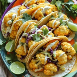 - 1 head of cauliflower - 1 cup all-purpose flour - 1 cup water - 1 teaspoon garlic powder - 1 teaspoon paprika - 1 teaspoon salt - ½ teaspoon black pepper - 1 cup breadcrumbs (panko for crunch) - ½ cup mayonnaise - 2 tablespoons sweet chili sauce - 1 tablespoon sriracha - 8 small corn tortillas - 1 cup shredded cabbage - Fresh cilantro leaves - Lime wedges To make Bang Bang Cauliflower Tacos, gather your ingredients first. Start with a fresh head of cauliflower. Cut it into small florets. This gives you bite-sized pieces that are easy to handle. Next, you'll need flour and water to make the batter. Mix one cup of flour with one cup of water. This will help the coating stick to the cauliflower. Add garlic powder and paprika to give it flavor. Season the mixture with salt and black pepper. This step is important for taste. The breadcrumbs give a nice crunch. I recommend using panko breadcrumbs for extra texture. For toppings, you need mayonnaise. You can mix it with sweet chili sauce and sriracha. This will create a delicious sauce for your tacos. Warm small corn tortillas in a skillet. These will hold the tasty filling. Lastly, prepare shredded cabbage for crunch. Fresh cilantro adds a nice touch. Don’t forget lime wedges for a zesty squeeze! This mix of flavors and textures makes these tacos a treat. First, preheat your oven to 425°F (220°C). This step gets the oven ready for crisping the cauliflower. Next, line a baking sheet with parchment paper. This helps prevent sticking and makes cleanup easy. Now, cut the head of cauliflower into bite-sized florets. Aim for even sizes to ensure they cook evenly. In a medium bowl, whisk together the all-purpose flour, water, garlic powder, paprika, salt, and black pepper until smooth. This batter will coat the cauliflower and give it a nice crunch. Dip each cauliflower floret into the batter, letting the extra batter drip off. Roll each floret in panko breadcrumbs until fully coated. This panko adds extra crunch that you will love. Place the coated cauliflower florets on the prepared baking sheet. Bake for 25-30 minutes, flipping halfway through. You want them golden brown and crispy. While the cauliflower bakes, prepare your Bang Bang sauce. In a small bowl, mix mayonnaise, sweet chili sauce, and sriracha until smooth. Adjust the heat by adding more sriracha if you like it spicy. While the cauliflower is still baking, warm the corn tortillas in a dry skillet over medium heat. Heat them for about 30 seconds on each side until they are soft. Once the cauliflower is done, fill each tortilla with shredded cabbage, top with crispy cauliflower, and drizzle with the Bang Bang sauce. Finish by adding fresh cilantro leaves and serve with lime wedges on the side for a zesty kick. To get a great batter, aim for a smooth mix. Combine flour, water, garlic powder, paprika, salt, and black pepper. A thick batter sticks better to the cauliflower. If it’s too thin, add a little more flour. For crunch, use panko breadcrumbs. They make the cauliflower extra crispy. When baking, place the florets on a parchment-lined tray. Bake at 425°F (220°C) for 25-30 minutes. Flip halfway to cook evenly. Look for a golden brown color. Garnish your tacos with fresh cilantro. It adds a nice color and flavor. You can also use sliced radishes or avocado for a twist. Pair these tacos with a side of rice or black beans. They complement the flavors well. A simple salad works too for a fresh touch. Want to change the spice level? Add more sriracha to the sauce. You can also use less if you prefer it milder. For different flavors, try swapping sauces. A tangy barbecue sauce can work well. You could also use a zesty ranch for a fun twist. {{image_2}} You can make these tacos even heartier. Try adding grilled chicken or shrimp. These proteins work well with the bang bang sauce. Just season and grill your choice until cooked. Slice it up and add it to your tacos. You’ll enjoy a nice mix of flavors and textures. If you want to keep it vegetarian, use chickpeas or other veggies. Roasted chickpeas add a great crunch. You can also try zucchini or bell peppers. Simply roast or sauté them before adding to the tacos. This will keep your meal fresh and exciting. For vegan options, swap the mayonnaise with a plant-based alternative. Many brands offer vegan mayo that tastes great. To make it gluten-free, use chickpea flour instead of all-purpose flour. You can also find gluten-free breadcrumbs. These changes will help you enjoy the tacos while meeting your dietary needs. To store leftover cauliflower and sauce, follow these steps: - Let the cauliflower cool completely. - Place it in an airtight container. - Store in the fridge for up to three days. - For the sauce, transfer it to a separate container. - It also lasts for three days in the fridge. Reheating tacos can be simple. Try these methods: - Microwave: Place tacos on a microwave-safe plate. Heat for 30 seconds, check, then heat more if needed. - Oven: Preheat to 350°F (175°C). Wrap tacos in foil. Heat for 10-15 minutes until warm. - Skillet: Warm a skillet over medium heat. Cook tacos for about 2-3 minutes on each side. You can freeze some components, but not all. Here’s what to do: - Cauliflower: Freeze the baked cauliflower in a single layer. After it freezes, transfer to a bag. Use within one month. - Tortillas: You can freeze tortillas as well. Wrap them in foil and store in a freezer bag. - Sauce: Freezing the sauce is not recommended. It may change in texture when thawed. You can use several options instead of mayonnaise. Vegan mayo works well for a plant-based dish. Plain yogurt adds creaminess with a bit of tang. Sour cream gives a nice texture, too. If you want something lighter, try using mashed avocado. Each option adds its own twist to the tacos. Yes, you can prepare components ahead. Cut the cauliflower and store it in the fridge. You can mix the batter and keep it in a sealed container. Make the bang bang sauce and refrigerate it. Warm the tortillas just before serving. This saves time and keeps your meal fresh. To boost the heat, add more sriracha to the sauce. Start with a little and taste as you go. You can also mix in some crushed red pepper flakes. For an extra kick, try adding diced jalapeños. Adjust the spice level based on your taste buds. This article covered tasty Bang Bang Cauliflower Tacos. We explored the ingredients you'll need, from cauliflower to toppings. I shared step-by-step instructions to prepare the dish, ensuring the cauliflower is crispy and delicious. With tips on storage and variations, you can customize this meal to fit your needs. Enjoy experimenting with flavors, and don’t forget your favorite sides! Now, assemble your tacos and treat yourself to this fun recipe.