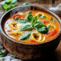 - 1 tablespoon olive oil - 1 medium onion, diced - 3 garlic cloves, minced - 2 cans (14.5 oz each) diced tomatoes, with juices - 4 cups vegetable broth - 1 teaspoon dried oregano - 1 teaspoon dried basil - Salt and pepper to taste - 9 oz refrigerated cheese tortellini - 1 cup heavy cream - 1 cup fresh basil leaves, chopped - Grated Parmesan cheese for serving To create a rich and creamy tomato basil tortellini soup, gather these simple ingredients. Each one adds flavor and texture to the dish. Start with olive oil for sautéing. It gives the soup a great base. Next, use a diced onion to add sweetness and depth. The minced garlic ramps up the flavor even more. For the soup's heart, you'll need canned diced tomatoes. Choose the ones with juices to keep the soup moist. Add vegetable broth for a savory base. Herbs are key! Use dried oregano and dried basil to bring warmth. Don't forget to add salt and pepper to taste, which enhances all the flavors. The star of this dish is the cheese tortellini. It makes the soup hearty and filling. The heavy cream you add later creates that creamy texture we love. Finally, chop up some fresh basil leaves for a burst of freshness. Top the soup with grated Parmesan cheese when serving. This adds a nice salty finish and makes the dish look beautiful. Once you have your ingredients ready, you're set to make a delicious soup that warms the soul! 1. Sautéing the onion and garlic Start by heating 1 tablespoon of olive oil in a large pot over medium heat. Add 1 diced onion and cook for about 3-4 minutes. You want the onion to turn translucent. Then, add 3 minced garlic cloves. Cook this for 1-2 more minutes. Stir often to keep the garlic from burning. 2. Combining tomatoes and broth Next, pour in 2 cans of diced tomatoes along with their juices. Add 4 cups of vegetable broth to the pot. Stir everything together until well mixed. The colors will start to pop. 3. Adding seasonings and bringing to a boil Now, season your soup. Sprinkle in 1 teaspoon of dried oregano and 1 teaspoon of dried basil. Add salt and pepper to taste. Bring the mixture to a boil, then reduce the heat. Let it simmer for about 15 minutes. This helps all the flavors come together. 1. Cooking time and tips for perfect tortellini After the soup has simmered, it’s time for the tortellini. Add 9 ounces of refrigerated cheese tortellini to the pot. Cook for about 5-7 minutes. You’ll know it’s ready when the tortellini floats to the top and is tender. Keep an eye on it to avoid overcooking. 1. Incorporating cream and fresh basil Once the tortellini is done, stir in 1 cup of heavy cream. This makes the soup creamy and rich. Next, add 1 cup of chopped fresh basil leaves. Let it simmer for another 2-3 minutes. Check the seasoning and adjust if needed. 2. Serving suggestions Serve the soup hot. Top with grated Parmesan cheese and a few extra basil leaves for a lovely touch. Enjoy this comforting bowl of creamy tomato basil tortellini soup! To make a great creamy tomato basil tortellini soup, start with the right base. Sauté your onion and garlic in olive oil. Use medium heat to soften the onion. This takes about 3-4 minutes. Add minced garlic next. Cook it for just 1-2 minutes. Stir it often to avoid burning. This step brings out the best flavors. Next, you want the right consistency. After adding diced tomatoes and broth, let the soup simmer. This helps the flavors mix well. If the soup feels too thick, add a bit more broth. For a creamier soup, stir in the heavy cream just before serving. You can boost flavor with extra herbs and spices. Try adding a pinch of red pepper flakes for heat. Fresh herbs, like thyme or parsley, can also add depth. A splash of balsamic vinegar can brighten the taste. Mix and match to find your favorite combo. The key is to taste as you go. Be careful not to overcook your tortellini. This can make them mushy. Cook them just until they float to the top. This usually takes about 5-7 minutes. Another mistake is not balancing flavors. If the soup tastes too acidic, add a pinch of sugar. This helps round out the flavor. Always taste and adjust seasonings before serving to make sure it’s just right. {{image_2}} You can change the tortellini to fit your taste. Try mushroom or spinach tortellini for a twist. For a vegan version, swap cheese tortellini for plant-based options. You can find these in most grocery stores. Use coconut cream instead of heavy cream for a dairy-free soup. Adding veggies can boost nutrition and flavor. Try chopped carrots, zucchini, or spinach. These will add color and texture. You can also add bell peppers for a sweet crunch. Just sauté them with the onions at the start. This keeps the soup fresh and exciting. Want to add protein? You can mix in cooked chicken or Italian sausage. Cook the meat separately, then add it to the soup before serving. This makes it heartier and more filling. For a lighter option, use shredded rotisserie chicken for quick prep. To store your creamy tomato basil tortellini soup, let it cool first. Pour the leftovers into an airtight container. This helps keep the soup fresh for up to three days. If you want to save it longer, keep it in the fridge. Always label your container with the date. When you’re ready to enjoy your soup again, use the stovetop for reheating. Pour the soup into a pot over low heat. Stir often to prevent burning. You can also microwave it. Use a microwave-safe bowl and cover it to avoid splatters. Heat in short bursts, stirring in between. If you want to freeze the soup, leave out the cream first. Cream can change texture when frozen. Cool the soup completely before pouring it into a freezer-safe container. It can stay in the freezer for up to three months. When you want to eat it, thaw it overnight in the fridge. Then, reheat and stir in the cream before serving. Yes, frozen tortellini works well in this soup. When using frozen tortellini, you do not need to thaw it first. Just add it directly to the boiling soup. It usually takes a bit longer to cook, about 8 to 10 minutes. Keep an eye on it. You want it to float to the top when it's ready. This makes it easy and fast to enjoy your meal. If you need a dairy-free option, use coconut milk or cashew cream. These options give a creamy texture without dairy. For a lighter choice, try using half-and-half or whole milk. You can also blend silken tofu for a smooth cream substitute. Each option can change the flavor a bit, so choose what you like best. This soup stores well for about 3 to 4 days in the fridge. Make sure to cool it down first before putting it in a container. Use an airtight container to keep it fresh. If you see any signs of spoilage, like a bad smell or change in color, it’s best to throw it away. Always check before you eat! This soup recipe blends tasty ingredients like olive oil, garlic, and tortellini. You learned how to sauté, simmer, and serve it fresh. I shared tips to perfect your dish and avoid common mistakes. Remember, you can customize your soup with extra veggies or proteins. Store leftovers properly for later enjoyment. This dish is easy to make and rich in flavor. Try it, and enjoy each delicious bite!