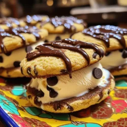 To make these tasty treats, you need some key ingredients: - 1 cup unsalted butter, softened - 3/4 cup brown sugar, packed - 3/4 cup granulated sugar - 2 large eggs - 2 teaspoons vanilla extract - 2 1/4 cups all-purpose flour - 1/2 teaspoon baking soda - 1/2 teaspoon salt - 1 cup mini chocolate chips - 1 pint vanilla ice cream, softened These ingredients work together to create soft cookies and creamy ice cream. The butter helps the cookies stay soft. The sugars add sweetness and a chewy texture. The mini chocolate chips give little bursts of chocolate goodness. You can make your ice cream sandwiches even better with some fun toppings. Here are some ideas: - Drizzle of chocolate sauce - Drizzle of caramel sauce - Extra mini chocolate chips to roll the edges - Sprinkles for color These toppings add flavor and make your sandwiches look fancy. You can mix and match to find your favorite combo! Choosing the right ice cream is essential for a great sandwich. Here are some tips: - Flavor: Vanilla is classic, but you can try chocolate, cookie dough, or even mint. - Texture: Pick a creamy brand for a smooth bite. - Quality: Look for ice cream with simple ingredients. Avoid ones with too many additives. A good ice cream balances well with the cookie dough. It should be soft enough to scoop but firm enough to hold its shape. Enjoy experimenting with different flavors! To start, gather your ingredients. You need 1 cup of softened butter, 3/4 cup of brown sugar, and 3/4 cup of granulated sugar. Next, add 2 large eggs and 2 teaspoons of vanilla extract. In a separate bowl, combine 2 1/4 cups of all-purpose flour, 1/2 teaspoon of baking soda, and 1/2 teaspoon of salt. Mix these dry ingredients with the wet ones. Make sure you don’t overmix! Gently fold in 1 cup of mini chocolate chips. This step adds sweetness and fun. Now, it's time to bake. Preheat your oven to 350°F (175°C). Line two baking sheets with parchment paper for easy cleanup. Use a spoon to drop big tablespoons of dough onto the sheets. Space them about 2 inches apart. Bake the cookies for 10 to 12 minutes. Look for lightly golden edges. They may seem soft in the center, but they will firm up as they cool. Let them cool on the sheets for 5 minutes. Then, move them to wire racks to cool completely. Once your cookies are cool, it's sandwich time! Take one cookie and scoop a good amount of softened vanilla ice cream onto its flat side. Use a second cookie to top it, pressing gently. Now, you have a delicious cookie dough ice cream sandwich! Place these in the freezer for at least 30 minutes. This helps the ice cream firm up, making them easier to eat. Enjoy your treat! To make great cookies, use softened butter. It helps mix well with sugars. Cream the butter and sugars until fluffy. This step adds air, making cookies light. Mix your dry ingredients in a bowl before adding. This keeps the dough even. Remember, do not overmix after adding flour. This way, your cookies will have the right bite. Before making your sandwiches, soften the ice cream. Take it out of the freezer for about 10-15 minutes. This makes scooping easier. If it's too hard, the cookies might break. You want a smooth layer of ice cream. This makes each bite a treat. If you need it faster, use a warm scoop. Just dip it in hot water, then scoop. Make your sandwiches pop on the plate. Use a bright platter to catch the eye. Drizzle chocolate or caramel sauce on top. This adds a sweet touch. You can also roll the edges in extra mini chocolate chips. This gives more texture and looks fun. Serve them right after you make them for the best experience. {{image_2}} You can make tasty vegan cookie dough ice cream sandwiches. Use vegan butter instead of regular butter. Replace eggs with flax eggs or applesauce. Flax eggs are easy to make. Mix one tablespoon of flaxseed meal with three tablespoons of water. Let it sit for about five minutes. This mix acts like an egg. For the ice cream, choose a plant-based option. Coconut, almond, or cashew milk ice creams work well. These swaps keep your dessert vegan and delicious. If you need gluten-free cookie dough ice cream sandwiches, it’s simple. Swap out all-purpose flour for a gluten-free blend. Look for blends that have xanthan gum for texture. You can also use almond flour or oat flour. Just make sure the flour is certified gluten-free. This will help you avoid any cross-contamination. Use the same steps in the recipe. Your sandwiches will taste just as great! You can mix up flavors in your ice cream sandwiches. Try different cookie flavors! Use chocolate or peanut butter for a twist. Add nuts or dried fruit to your cookie dough for extra crunch. In terms of ice cream, think beyond vanilla. Chocolate chip cookie dough ice cream adds a fun touch. Mint chocolate chip or cookies and cream also work well. Get creative and mix flavors to find your favorite combo! To keep your cookie dough ice cream sandwiches fresh, wrap each one in plastic wrap. This keeps them moist and tasty. You can also store them in an airtight container. Place a piece of parchment paper between them to prevent sticking. For long-term storage, freeze the sandwiches. Place them in a single layer on a baking sheet. Once frozen, transfer them to a freezer bag. Remove as much air as possible before sealing. This way, they stay good for up to three months. When you're ready to eat, take out a sandwich from the freezer. Let it sit at room temperature for about 5-10 minutes. This helps the ice cream soften a bit. You can enjoy it right away or drizzle with chocolate or caramel sauce for extra flavor! Yes, you can use store-bought cookie dough. It saves time and effort. Just make sure to check the ingredients for quality. Ready-made dough works well for this recipe. You can shape it into balls and bake as directed. This way, you still get that homemade taste without the work! Vanilla ice cream is a classic choice. It complements the cookie dough flavor perfectly. You can also try chocolate or cookie dough ice cream. Both add a rich twist to your sandwich. For a fun mix, try adding a scoop of mint chocolate chip. The options are endless! To keep cookies from spreading, chill the dough before baking. After mixing, let it rest in the fridge for about 30 minutes. This helps the butter firm up. You can also use parchment paper on your baking sheets. This prevents sticking and helps maintain shape. Lastly, don't overmix the dough; gentle mixing keeps the cookies thick and chewy! To make your cookie dough ice cream sandwiches, gather key ingredients, choose toppings, and select the right ice cream. Follow the simple steps to bake delicious cookies and assemble your sandwiches perfectly. Use the tips to get the best cookie texture and impress with great presentation. Remember, you can enjoy variations, like vegan or gluten-free options. Proper storage will keep your treats fresh. Enjoy making these delightful sandwiches. They are a fun and tasty treat for any time!