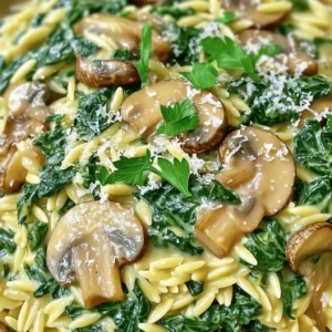 - 1 cup orzo pasta - 2 cups fresh spinach, chopped - 1 cup mushrooms, sliced (button or cremini) - 1 small onion, finely chopped - 2 cloves garlic, minced - 1 cup vegetable broth - 1 cup heavy cream (or coconut cream for a dairy-free option) - 1 tablespoon olive oil - 1 teaspoon Italian seasoning - Salt and pepper to taste - Fresh parsley for garnish - Grated Parmesan cheese (optional, for topping) The key to this creamy spinach mushroom orzo is its balance of flavors and textures. You need orzo pasta, which is small and perfect for creamy dishes. Fresh spinach gives a nice color and nutrients. Mushrooms add a rich umami taste. Onions and garlic bring depth to the dish. Cream makes it luscious, while vegetable broth keeps it light. The Italian seasoning ties everything together. If you can't find fresh spinach, you can use frozen spinach. Just thaw and squeeze out extra water. For mushrooms, any kind works. Try portobello or shiitake for a different flavor. If you don’t have heavy cream, coconut cream is a great choice for a dairy-free option. You can also use plain yogurt, but it may change the taste a bit. Garnish your orzo with fresh parsley for a pop of color. Grated Parmesan cheese adds a salty, nutty flavor. You can also sprinkle red pepper flakes for a bit of heat. Toasted pine nuts or walnuts bring a nice crunch. Feel free to get creative with toppings to match your taste! Start by boiling salted water in a large pot. Add 1 cup of orzo pasta once the water is bubbling. Cook it according to the package instructions until it is al dente. This usually takes about 8 to 10 minutes. Once done, drain the orzo in a colander and set it aside. Next, heat 1 tablespoon of olive oil in a large skillet over medium heat. Add 1 small finely chopped onion and sauté it until it turns soft and clear, which takes about 3 to 4 minutes. Then, add 2 cloves of minced garlic and 1 cup of sliced mushrooms. Cook this mix for 5 to 6 minutes. The mushrooms should be soft and slightly browned. Now, toss in 2 cups of chopped fresh spinach. Stir and cook until the spinach wilts, around 2 minutes. Now, pour in 1 cup of vegetable broth and bring it to a gentle simmer. Let it cook for 5 minutes. After that, stir in 1 cup of heavy cream and 1 teaspoon of Italian seasoning. Lower the heat and let it simmer until the sauce thickens slightly, which takes about 5 more minutes. Finally, add the cooked orzo to the skillet. Mix well to coat everything in the creamy sauce. Adjust with salt and pepper to taste. To get the best creamy texture, use heavy cream. It adds richness. If you want a lighter option, try coconut cream. This makes it dairy-free. Make sure to simmer the sauce gently. This helps the flavors blend and the sauce thicken. Start with fresh ingredients. Fresh spinach and mushrooms pack more flavor. Sauté the onions first until they are soft. This builds a solid base. Always season your dish with salt and pepper. Taste as you go to make sure the flavors pop. Adding a touch of Italian seasoning gives it a nice herbal note. If your sauce is too thin, let it simmer a bit longer. This will help it thicken up. If it’s too thick, add a splash of broth or water. If your dish tastes bland, check the seasoning. A pinch of salt can make a big difference. If you overcook the orzo, it can get mushy. So, be sure to follow the cooking time on the package. {{image_2}} To make this dish vegan, swap heavy cream for coconut cream. It offers a rich flavor without dairy. Use vegetable broth to keep it plant-based. You can also add nutritional yeast for a cheesy taste. This option is creamy and still full of flavor. You'll love how simple it is to enjoy this dish without animal products. You can boost the protein by adding chicken or tofu. If you choose chicken, cook it first, then set it aside. Add it back when mixing in the orzo. For tofu, use extra-firm and cube it. Sauté it until golden before adding. Both options work well to make the dish heartier. They also add a nice texture that balances the creaminess. Feel free to mix in seasonal veggies for added color and nutrition. In spring, add asparagus or peas. Summer is great for zucchini or bell peppers. Autumn calls for pumpkin or squash, while winter suits root veggies like carrots and parsnips. Each season brings unique flavors that can brighten your orzo. This way, you can enjoy a fresh dish all year round! To store leftover creamy spinach mushroom orzo, let it cool to room temperature. Place it in an airtight container. This keeps it fresh and prevents odors. Store it in the fridge for up to three days. Label the container with the date for easy tracking. Reheating is simple. Take the orzo out of the fridge. You can use a microwave or a skillet. If using a microwave, heat in short bursts. Stir between each burst to heat evenly. If using a skillet, add a splash of broth or cream to keep it creamy. Heat over medium until warm. You can freeze creamy spinach mushroom orzo, but it may change texture. To freeze, let it cool completely. Then, pack it in freezer-safe bags or containers. Remove as much air as possible to avoid freezer burn. It should last for up to three months. When ready to eat, thaw overnight in the fridge. Reheat it gently, adding a splash of liquid to restore creaminess. Yes, you can use other pasta types. For example, penne or fusilli work well. Just cook them according to the package directions. Orzo cooks fast, so make sure to check the timing. You want your pasta to stay al dente. This way, it holds up well in the creamy sauce. To make this dish gluten-free, swap orzo for gluten-free pasta. Many brands offer gluten-free options. You can also use rice or quinoa as a base. Just ensure you adjust the cooking time. Always check the labels for hidden gluten in sauces or broth. You can replace cream with coconut cream for a dairy-free option. This gives a nice flavor. Another option is using cashew cream for a rich taste. Simply soak cashews and blend them with water until smooth. You can also use unsweetened almond milk for a lighter version. This blog post covered how to make creamy spinach mushroom orzo. We reviewed key ingredients, cooking steps, and tips for the best texture and flavor. I shared useful variations, storage options, and answers to common questions. With this knowledge, you can create a delicious dish easily. Embrace your creativity; make it your own. Enjoy each bite of your tasty orzo!