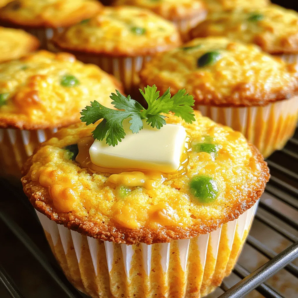 - 1 cup cornmeal - 1 cup all-purpose flour - 1 tablespoon baking powder - 1/2 teaspoon salt - 1/4 teaspoon baking soda - 1/4 cup sugar - 1 cup buttermilk - 1/4 cup vegetable oil - 2 large eggs - 1 cup shredded sharp cheddar cheese - 1-2 jalapeños, finely chopped (seeds removed for less heat) The right mix of ingredients makes these muffins special. First, the dry ingredients create a tasty base. Cornmeal gives a nice texture. All-purpose flour adds structure. Baking powder, salt, and baking soda help the muffins rise. Sugar adds a touch of sweetness. Next, the wet ingredients bring the dry ones together. Buttermilk makes the muffins moist and fluffy. Vegetable oil keeps them tender. Eggs provide richness and help bind everything. Now, let’s talk about flavor. Sharp cheddar cheese adds a bold taste that pairs well with the cornmeal. The jalapeños give a spicy kick. You can adjust how many you use based on your heat preference. Removing the seeds from jalapeños reduces the heat. This way, everyone can enjoy these muffins. Each ingredient plays a role in making these jalapeño cheddar cornbread muffins delicious. The combination of flavors and textures makes them perfect for any meal or snack. - First, preheat your oven to 400°F (200°C). - Next, line a muffin tin with paper liners or grease it with cooking spray. - In a large bowl, combine 1 cup of cornmeal, 1 cup of flour, 1 tablespoon of baking powder, 1/2 teaspoon of salt, and 1/4 teaspoon of baking soda. - Whisk these dry ingredients until they mix well. - Now, fold in 1 cup of shredded sharp cheddar cheese and 1-2 finely chopped jalapeños. Make sure they spread evenly throughout. - In a separate bowl, whisk together 1 cup of buttermilk, 1/4 cup of vegetable oil, and 2 large eggs until blended. - Pour the wet mixture into the dry mix. - Stir gently until just combined. It's okay if you see a few lumps; do not overmix! - Fill each muffin cup about 2/3 full with the batter. - For a tasty touch, sprinkle extra cheddar cheese on top. - Bake them in the oven for 15-20 minutes. Check doneness by inserting a toothpick in the center. If it comes out clean, they're ready! To get the best texture in your jalapeño cheddar cornbread muffins, avoid overmixing. When you mix the dry and wet ingredients, stir gently. A few lumps are okay. Too much mixing makes the muffins tough. Allow the muffins to cool in the tin for a few minutes after baking. This helps them set and hold their shape. Then, move them to a wire rack to cool completely. This step keeps them fluffy and soft. These muffins shine when served warm with a pat of butter. The melted butter enhances the flavor of the cheese and jalapeños. You can also pair them with soups or salads. They complement chili perfectly for a hearty meal. For more flavor, try adding herbs or spices. Chopped cilantro or a pinch of cumin can add a nice touch. You can also make mini muffins or a cornbread loaf. Adjust the baking time as needed, but enjoy the same great taste. {{image_2}} You can switch up the cheese in your jalapeño cheddar cornbread muffins. For a milder flavor, try using Monterey Jack or gouda. If you want a stronger taste, opt for pepper jack or even a blue cheese. These cheeses melt well and add great texture. For those who follow a vegan diet, vegan cheese is a perfect substitute. Look for brands that melt well. Nutritional yeast also adds a nice cheesy flavor without dairy. To control the spice, adjust how many jalapeños you use. If you like mild heat, use just one jalapeño with the seeds removed. For more kick, add two or three. You can also try other peppers like poblano or banana peppers for a different flavor. Adding spices like smoked paprika or cumin can enhance the flavor too. Just a pinch can change the taste profile and give it depth. If you need a gluten-free option, replace all-purpose flour with a gluten-free blend. Make sure to check the blend has xanthan gum for best results. For a dairy-free alternative, use almond or oat milk mixed with vinegar as a buttermilk substitute. You can also use a plant-based yogurt to replace the buttermilk in the recipe. This keeps the muffins moist and tasty. To store your jalapeño cheddar cornbread muffins at room temperature, place them in an airtight container. This keeps them fresh and moist. You can also wrap them in plastic wrap. Store them away from direct sunlight. They will stay good for up to three days. If you want to enjoy them warm, just pop them in the microwave for a few seconds. If you want to store muffins for a longer time, freezing is the best way. Place the cooled muffins in a freezer bag. Make sure to remove as much air as possible before sealing. Label the bag with the date. They can last up to three months in the freezer. To reheat, you can use an oven or microwave. If using an oven, preheat it to 350°F (175°C). Place the muffins on a baking sheet and heat for about 10 minutes. For a quick method, microwave one muffin for 15-20 seconds. Enjoy them warm for the best flavor! You can make these muffins spicier by adding more jalapeños. For extra heat, keep the seeds. You can also use hotter peppers like serranos or add a pinch of cayenne pepper. Each option packs a flavorful punch that can suit your heat tolerance. Yes, you can make these muffins ahead of time. Bake them the day before serving, and store them in an airtight container. You can warm them in the oven before serving for that fresh-baked taste. They taste great for breakfast or as a snack. If you don't have buttermilk, you can easily make your own. Mix one cup of milk with one tablespoon of vinegar. Let it sit for five minutes, and it's ready to use. This mixture will mimic the tangy flavor of buttermilk in your muffins. To check if your muffins are done, insert a toothpick in the center. If it comes out clean, your muffins are ready. They should be golden brown on top and spring back when touched. Don't forget to let them cool a bit before serving! You learned how to make tasty muffins with simple ingredients. We covered dry and wet mixes, plus flavorful additions like cheese and jalapeños. Following the steps ensures perfect texture and taste. Remember, you can change the recipe to fit your needs, like making it gluten-free. Storing these muffins properly keeps them fresh longer. Enjoy them warm, with butter, or as a side for soup. Follow these tips for success, and share these delicious muffins with friends and family!