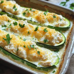 - 4 medium zucchinis - 2 cups cooked chicken breast, shredded - 1 cup Alfredo sauce (store-bought or homemade) The main ingredients for Chicken Alfredo Stuffed Zucchini Boats are simple yet flavorful. Zucchini makes a great base for this dish. It has a mild taste that pairs well with rich Alfredo sauce. Cooked chicken adds protein and heartiness. You can use leftover chicken or rotisserie chicken for ease. The Alfredo sauce ties everything together, making each bite creamy and delicious. - 1 cup mozzarella cheese, shredded - ½ cup Parmesan cheese, grated - 1 teaspoon garlic powder - 1 teaspoon Italian seasoning - Salt and pepper to taste Cheese makes this dish extra special. Mozzarella melts beautifully, giving a gooey texture. Parmesan adds a sharp flavor that enhances the overall taste. Garlic powder offers a punch of flavor. Italian seasoning brings warmth with herbs. Don’t forget to add salt and pepper to balance the flavors. Adjust these to suit your taste. - Fresh parsley for garnish (optional) Garnishing with fresh parsley is optional but fun. It adds a pop of color and freshness to the dish. A sprinkle on top before serving makes it look appealing. You can also think about other garnishes, like red pepper flakes for a spicy kick. By combining these ingredients, you create a tasty and satisfying meal that is sure to impress. Feel free to explore variations based on what you have at home. Happy cooking! - Preheat the oven to 375°F (190°C). - Slice the zucchinis in half lengthwise. - Scoop out the seeds to create boats using a spoon. - Place them cut side up in a baking dish. - In a large bowl, combine shredded chicken and Alfredo sauce. - Add garlic powder and Italian seasoning to the bowl. - Mix in half the mozzarella and half the Parmesan cheese. - Stir well until fully combined. - Season with salt and pepper to taste. - Fill each zucchini boat with the chicken mixture. - Press down gently to pack the filling in. - Sprinkle the remaining mozzarella and Parmesan cheese on top of each boat. - Cover the baking dish with aluminum foil. - Bake in the preheated oven for 20 minutes. - Remove the foil and bake for an additional 10-15 minutes. - Look for bubbly and golden cheese as a sign of doneness. To choose the best zucchinis, look for firm ones. They should be medium-sized, around 6-8 inches long. Avoid zucchinis that are soft or have dark spots. Fresh zucchinis will hold their shape well when baked. Balancing flavors is key. Use garlic powder and Italian seasoning for extra taste. These spices enhance the creamy Alfredo sauce. A pinch of salt and pepper adds depth. Always taste the filling before stuffing the zucchinis. Adjust the seasonings as needed to suit your taste. Use a sturdy baking dish for easy preparation. A glass or ceramic dish works well and allows you to see the cooking process. You should also have a large mixing bowl for the filling. This makes combining ingredients simple. For scooping out the zucchini, a spoon works best. A grapefruit spoon has a serrated edge, which makes it easier. Make sure to scoop gently to avoid tearing the zucchini. Pair your stuffed zucchini boats with a fresh side salad. A simple green salad enhances the flavors of the dish. You can also serve garlic bread for a hearty meal. For drinks, a light white wine like Pinot Grigio complements the dish. If you prefer a non-alcoholic option, try sparkling water with lemon. This adds a refreshing touch to your meal. {{image_2}} You can easily change proteins in this dish. Try using turkey instead of chicken for a lighter option. Tofu works well for a vegetarian choice. If you want to switch the sauce, marinara or pesto can add a fresh twist. Each swap brings a new flavor to your zucchini boats. For a gluten-free meal, choose a gluten-free Alfredo sauce. Many brands offer this option today. If you're vegan, substitute chicken with chickpeas or lentils. For cheese, look for plant-based mozzarella or nutritional yeast to keep it creamy and tasty. You can boost the filling with extra veggies. Spinach, bell peppers, or mushrooms add great taste and nutrition. Fresh herbs like basil or parsley also brighten the dish. For those who like spice, sprinkle red pepper flakes into the mix. This simple change adds a kick that many will enjoy. Store any leftover Chicken Alfredo Stuffed Zucchini Boats in an airtight container. This helps keep them fresh. Place them in the fridge within two hours of cooking. They will stay good for about 3-4 days. When you reheat them, use the oven for best results. Heat at 350°F (175°C) for about 15 minutes. This warms them up nicely and keeps the cheese melty. Yes, you can freeze stuffed zucchini boats! It's best to freeze them before baking. Assemble the boats, but don’t bake them first. Wrap them tightly in plastic wrap and then in foil. This keeps out air and prevents freezer burn. They can last up to 3 months in the freezer. If you bake them first, they will still freeze well but may lose some texture. To reheat, thaw in the fridge overnight and then bake as usual. You can safely store Chicken Alfredo Stuffed Zucchini Boats for 3-4 days in the fridge. If frozen, they last about 3 months. Always check for signs of spoilage. If the zucchini looks slimy or has a bad smell, it’s best to toss it. Also, if the filling changes color or has an off taste, avoid eating it. No, you should not use raw chicken. Raw chicken needs to cook fully. It may not cook evenly inside the zucchini. Always use cooked chicken for safety and best taste. Shredded rotisserie chicken works great for this dish. To make homemade Alfredo sauce, follow these steps: - In a pan, melt 1/2 cup of butter over low heat. - Add 1 cup of heavy cream and stir for 2 minutes. - Add 1 cup of grated Parmesan cheese. - Stir until the cheese melts and the sauce thickens. - Season with garlic powder, salt, and pepper to taste. This sauce is creamy and rich, perfect for your zucchini boats. Yes, this dish is already low in carbs thanks to zucchini. Zucchini replaces pasta and cuts down carbs. You can also use cauliflower rice instead of chicken if you want a vegetarian option. This keeps the dish light and healthy. You can serve these boats with: - A fresh green salad - Garlic bread - Steamed vegetables These sides add color and flavor, making your meal complete. Zucchini is done when it is tender and the cheese is golden. You can poke it with a fork for doneness. If it goes in easily, it’s ready. The baking time is about 30 to 35 minutes total. Stuffed zucchini boats are a tasty, healthy dish that anyone can enjoy. We explored the main ingredients needed, detailed step-by-step instructions, and shared tips to enhance flavors. You can easily adjust this recipe to fit different diets or tastes. Remember to store leftovers properly for future meals. With creativity, you can make this recipe your own. I hope you feel inspired to try making your stuffed zucchini boats at home!