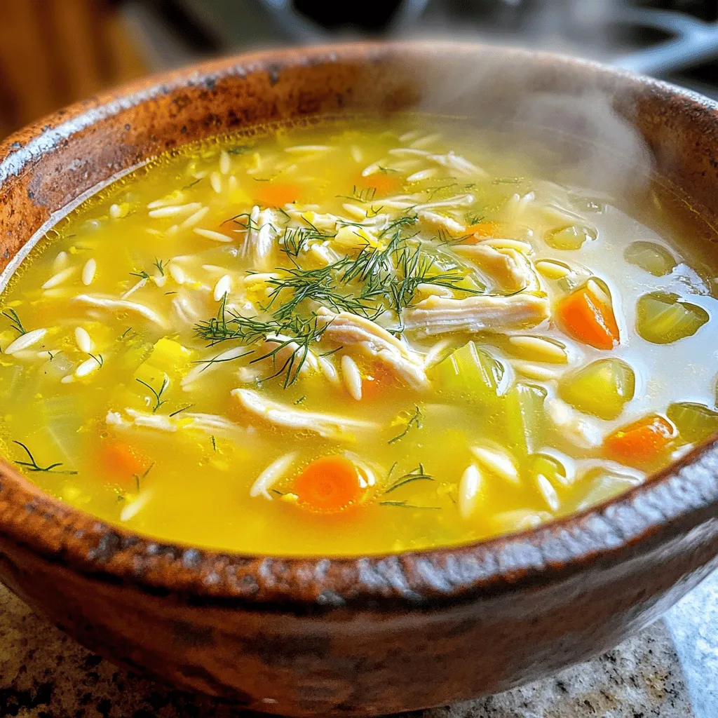 - 1 cup cooked chicken, shredded - 1 medium onion, diced - 2 cloves garlic, minced - 2 carrots, diced - 2 stalks celery, diced - 6 cups chicken broth - 1 cup orzo pasta (or rice) - 2 large eggs - ¼ cup fresh lemon juice (about 2 lemons) - 1 tablespoon olive oil - Salt and pepper to taste - 1 tablespoon fresh dill or parsley, chopped (for garnish) Using fresh ingredients makes a big difference. Fresh chicken, herbs, and veggies add flavor. If you need substitutes, you can swap orzo for rice. You can also use vegetable broth for a lighter option. This soup is packed with vitamins and minerals. Chicken gives you protein and helps build muscles. Lemons add vitamin C, which boosts your immune system. The broth is hydrating and comforting. Carrots and celery provide fiber and nutrients. 1. Start by heating the olive oil in a large pot over medium heat. 2. Add the diced onion, garlic, carrots, and celery. Sauté for about 5-7 minutes. This makes the veggies soft and tasty. 3. Pour in the chicken broth and bring it to a boil. 4. Once boiling, add the orzo pasta (or rice) to the pot. Lower the heat and let it simmer for about 10 minutes. The pasta should be cooked al dente. 1. Stir in the shredded chicken. Then, remove the pot from heat. 2. In a separate bowl, whisk the eggs and lemon juice until smooth. 3. To temper the egg mixture, add a ladle of the hot broth. Whisk while adding to keep the eggs from curdling. 4. Slowly pour the tempered egg mixture back into the pot of soup. Stir gently to mix it well. 5. Season with salt and pepper to your taste. 6. Let the soup sit for a few minutes. This helps it thicken slightly before serving. - Serve the soup hot, garnished with fresh dill or parsley for a pop of color. - Pair it with crusty bread or a simple salad for a complete meal. - For the best look, use a bright bowl that makes the soup shine. To bring out the true taste of Greek lemon chicken soup, focus on fresh herbs. I recommend using fresh dill or parsley. These herbs add a bright flavor that pairs well with the lemon. When cooking, always sauté your vegetables first. This helps build a rich base for your soup. A frequent mistake is curdling the eggs. To avoid this, always temper the eggs. Slowly mix hot broth into the egg mixture while whisking. This keeps the eggs smooth. Another mistake is the soup being too thin. Make sure your orzo or rice is cooked enough to thicken the soup naturally. If your soup is too thin, you can thicken it easily. Just mix a bit of cornstarch with cold water and stir it in. For seasoning, taste the soup. If it needs more flavor, add salt or lemon juice. Adjusting these can bring the soup to life. {{image_2}} You can switch out the chicken for other proteins. Tofu, for example, works well. Turkey is another great option. If you want a lighter soup, consider using seafood. For those who need gluten-free options, substitute orzo with rice or gluten-free pasta. Always check labels to ensure they meet your needs. Different regions have their own spins on Greek chicken soup. Some might add spices like saffron or cayenne. Others include local herbs like oregano or mint. You can also play with vegetables. Try adding spinach, kale, or even zucchini for a fresh twist. Each variation brings a unique flavor to the dish. For low-carb diets, skip the pasta. You can add more veggies instead. Cauliflower rice is a good substitute. If you want a high-protein version, add more chicken or include beans. If you’re looking for vegan options, use vegetable broth and omit the eggs. Replace chicken with chickpeas or lentils for a hearty meal. To keep Greek Lemon Chicken Soup fresh, let it cool first. Then, transfer it to an airtight container. Store it in the fridge for up to three days. If you need to keep it longer, freeze the soup. It can stay fresh in the freezer for about three months. Just make sure to leave some space in the container, as the soup will expand when it freezes. Reheat the soup on the stove over low heat. Stir it often to keep it from sticking. You can also use the microwave. Heat it in short bursts, stirring in between, to keep it warm and tasty. Always check the temperature. Make sure it reaches at least 165°F to be safe to eat. If you have leftover soup, get creative! Use it as a base for a casserole. You can also add it to cooked rice or quinoa for a quick meal. Another fun idea is to mix it with veggies for a hearty pasta dish. The flavors blend well and make for a delicious new meal. Greek Lemon Chicken Soup, also known as Avgolemono, is a warm and bright dish. It blends chicken, lemon, and egg in a rich broth. This soup is a staple in Greek homes. It comforts you on cold days and during illness. The tangy flavor of lemon stands out, giving the soup its signature taste. Yes, you can make Greek Lemon Chicken Soup ahead of time. Prepare the soup and let it cool. Store it in an airtight container in the fridge for up to three days. Reheat gently on the stove before serving. If you make it too early, the orzo may soak up broth, so consider cooking it fresh. To add creaminess, whisk in a bit of heavy cream after you temper the eggs. This will make the soup rich without changing its flavor. You can also use half-and-half for a lighter option. Just be careful not to boil the soup after adding cream, as it can curdle. Yes, you can adapt this recipe for a slow cooker. Start by sautéing the veggies on the stove. Then, add them to the slow cooker with the chicken broth and chicken. Cook on low for 6-8 hours. Add the orzo and temper the egg mixture in the last 30 minutes of cooking. Great sides include a simple Greek salad or warm pita bread. A slice of crusty bread is also perfect for dipping. If you want something more filling, serve it with rice or a grain salad. These sides enhance the meal and complement the soup's bright flavors. This blog post covered Greek Lemon Chicken Soup from top to bottom. You learned about key ingredients like chicken, lemon, and fresh herbs. I shared step-by-step instructions for easy preparation and serving. We discussed tips to enhance flavor and avoid common mistakes. Plus, you discovered exciting variations and storage tips. Remember, using fresh ingredients is key for the best taste. Enjoy this comforting soup anytime, and don’t hesitate to make it your own!
