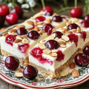 For these Cherry Almond Cheesecake Bars, you need to gather some simple yet delicious ingredients. Let’s break them down into two main parts: the crust and the filling. - 1 cup almond flour - 1/4 cup coconut oil, melted - 2 tablespoons maple syrup - 1/4 teaspoon salt The crust is the base of our bars. Almond flour gives it a nutty flavor. Coconut oil adds richness and a hint of sweetness from the maple syrup balances the taste. The salt enhances all these flavors. - 1 (8 oz) package cream cheese, softened - 1/2 cup Greek yogurt - 1/3 cup granulated sugar - 1 teaspoon vanilla extract - 2 large eggs - 1 cup fresh or frozen cherries, pitted and halved - 1/4 cup sliced almonds The filling is creamy and rich. Cream cheese is the star here, providing that classic cheesecake taste. Greek yogurt adds a nice tang and creaminess. Sugar and vanilla extract sweeten the mix. The eggs bind the filling together. We fold in cherries for a fruity touch. Finally, sliced almonds on top give a nice crunch. These ingredients create a delightful blend of flavors and textures. 1. Preheat your oven to 350°F (175°C). 2. Line an 8-inch square baking pan with parchment paper. Leave some paper hanging over the edges. This helps with easy removal later. 3. In a mixing bowl, combine: - 1 cup almond flour - 1/4 cup melted coconut oil - 2 tablespoons maple syrup - 1/4 teaspoon salt 4. Mix until the ingredients look like wet sand. 5. Press this mixture evenly into the bottom of the prepared pan. 6. Bake for 10-12 minutes until it turns lightly golden. 7. Remove from the oven and let it cool completely. 1. In a separate bowl, beat together: - 1 (8 oz) package softened cream cheese - 1/2 cup Greek yogurt - 1/3 cup granulated sugar - 1 teaspoon vanilla extract 2. Mix until the filling is smooth and creamy. 3. Add 2 large eggs one at a time. Mix well after each egg. The mixture should be fluffy and fully combined. 1. Gently stir in 1 cup of halved cherries into the cheesecake filling. 2. Pour this filling over the cooled crust. Use a spatula to spread it evenly. 3. Sprinkle 1/4 cup of sliced almonds on top. This adds a nice crunch. 4. Bake in the oven for 25-30 minutes. The center should be set but may still jiggle slightly. 5. Let the cheesecake cool at room temperature for about 1 hour. 6. Refrigerate for at least 4 hours or overnight for the best flavor. 7. Once chilled, lift the cheesecake out of the pan using the parchment paper. 8. Cut into bars and serve. To get a smooth and creamy filling, ensure your cream cheese is softened. Cold cream cheese can cause lumps. Leave it out for about 30 minutes before use. Also, avoid overmixing after you add eggs. Mix just until combined for light and fluffy bars. Overmixing can lead to a dense texture, which we don’t want. For a beautiful presentation, arrange the cheesecake bars on a decorative platter. Garnish each bar with fresh cherries for a pop of color. You can also sprinkle sliced almonds on top for added crunch. This makes your dessert look as good as it tastes! Pair your cheesecake bars with a drizzle of chocolate or caramel sauce. This adds rich flavors and makes each bite even better. Best drinks to serve include iced tea or sparkling water. Both options cleanse the palate and complement the sweet taste. Enjoy your treats with family and friends! {{image_2}} You can change the flavor of your cheesecake bars easily. Try using different fruits like raspberries or blueberries. Each fruit brings its unique taste. You can even mix fruits to create a fun blend. If you want a twist on the crust, use crushed graham crackers or oats instead of almond flour. This gives a different texture and flavor. You might enjoy a chocolate crust for a rich touch. Do you need a gluten-free option? Simply swap the almond flour with gluten-free flour. This small change keeps the bars tasty and safe for everyone. If you prefer vegan options, use plant-based cream cheese and yogurt. You can also replace eggs with flaxseed meal mixed with water. This keeps the cheesecake creamy and delicious. Making these changes allows everyone to enjoy this treat. Store your cherry almond cheesecake bars in the fridge. Use an airtight container to keep them fresh. They taste best after chilling for at least four hours. These bars will last for up to five days in the refrigerator. If you want to keep them longer, freeze them. To freeze cheesecake bars, first, let them cool completely. Then, cut the bars into squares. Wrap each square tightly in plastic wrap. Place the wrapped bars in a freezer-safe bag or container. They will stay fresh for up to three months in the freezer. To thaw, take them out and put them in the fridge overnight. This method keeps the texture nice. Avoid thawing them at room temperature, as that can make them too soft. These bars need to chill for at least 4 hours. Chilling helps the flavors blend and the bars set properly. For best results, I recommend chilling them overnight. This makes the bars firm and easy to cut. Plus, the longer they chill, the creamier they taste. Yes, you can use low-fat cream cheese. It will change the texture a bit. The bars may be less creamy and rich. Low-fat cream cheese can make the filling slightly denser. If you want a lighter option, this works, but full-fat gives the best flavor. To cut cheesecake bars cleanly, use a sharp knife. Dip the knife in hot water before cutting. This helps the knife glide through the bars smoothly. Wipe the knife after each cut to keep edges clean. For a nice presentation, arrange the bars on a platter with fresh cherries and almond slices on top. In this blog post, we covered how to make Cherry Almond Cheesecake Bars. You learned about the simple ingredients for both the crust and filling. We shared clear steps for prepping the crust, making the filling, and baking the bars. Plus, we offered tips for perfect texture and fun variations. Remember to store your treats well, either in the fridge or freezer. I hope these ideas inspire you to create your own delicious cheesecake bars. Enjoy the tasty results!
