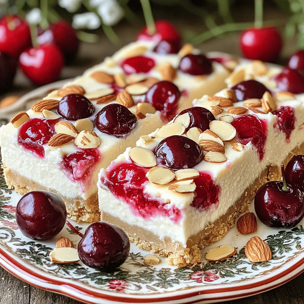 For these Cherry Almond Cheesecake Bars, you need to gather some simple yet delicious ingredients. Let’s break them down into two main parts: the crust and the filling. - 1 cup almond flour - ¼ cup coconut oil, melted - 2 tablespoons maple syrup - ¼ teaspoon salt The crust is the base of our bars. Almond flour gives it a nutty flavor. Coconut oil adds richness and a hint of sweetness from the maple syrup balances the taste. The salt enhances all these flavors. - 1 (8 oz) package cream cheese, softened - ½ cup Greek yogurt - ⅓ cup granulated sugar - 1 teaspoon vanilla extract - 2 large eggs - 1 cup fresh or frozen cherries, pitted and halved - ¼ cup sliced almonds The filling is creamy and rich. Cream cheese is the star here, providing that classic cheesecake taste. Greek yogurt adds a nice tang and creaminess. Sugar and vanilla extract sweeten the mix. The eggs bind the filling together. We fold in cherries for a fruity touch. Finally, sliced almonds on top give a nice crunch. These ingredients create a delightful blend of flavors and textures. 1. Preheat your oven to 350°F (175°C). 2. Line an 8-inch square baking pan with parchment paper. Leave some paper hanging over the edges. This helps with easy removal later. 3. In a mixing bowl, combine: - 1 cup almond flour - ¼ cup melted coconut oil - 2 tablespoons maple syrup - ¼ teaspoon salt 4. Mix until the ingredients look like wet sand. 5. Press this mixture evenly into the bottom of the prepared pan. 6. Bake for 10-12 minutes until it turns lightly golden. 7. Remove from the oven and let it cool completely. 1. In a separate bowl, beat together: - 1 (8 oz) package softened cream cheese - ½ cup Greek yogurt - ⅓ cup granulated sugar - 1 teaspoon vanilla extract 2. Mix until the filling is smooth and creamy. 3. Add 2 large eggs one at a time. Mix well after each egg. The mixture should be fluffy and fully combined. 1. Gently stir in 1 cup of halved cherries into the cheesecake filling. 2. Pour this filling over the cooled crust. Use a spatula to spread it evenly. 3. Sprinkle ¼ cup of sliced almonds on top. This adds a nice crunch. 4. Bake in the oven for 25-30 minutes. The center should be set but may still jiggle slightly. 5. Let the cheesecake cool at room temperature for about 1 hour. 6. Refrigerate for at least 4 hours or overnight for the best flavor. 7. Once chilled, lift the cheesecake out of the pan using the parchment paper. 8. Cut into bars and serve. To get a smooth and creamy filling, ensure your cream cheese is softened. Cold cream cheese can cause lumps. Leave it out for about 30 minutes before use. Also, avoid overmixing after you add eggs. Mix just until combined for light and fluffy bars. Overmixing can lead to a dense texture, which we don’t want. For a beautiful presentation, arrange the cheesecake bars on a decorative platter. Garnish each bar with fresh cherries for a pop of color. You can also sprinkle sliced almonds on top for added crunch. This makes your dessert look as good as it tastes! Pair your cheesecake bars with a drizzle of chocolate or caramel sauce. This adds rich flavors and makes each bite even better. Best drinks to serve include iced tea or sparkling water. Both options cleanse the palate and complement the sweet taste. Enjoy your treats with family and friends! {{image_2}} You can change the flavor of your cheesecake bars easily. Try using different fruits like raspberries or blueberries. Each fruit brings its unique taste. You can even mix fruits to create a fun blend. If you want a twist on the crust, use crushed graham crackers or oats instead of almond flour. This gives a different texture and flavor. You might enjoy a chocolate crust for a rich touch. Do you need a gluten-free option? Simply swap the almond flour with gluten-free flour. This small change keeps the bars tasty and safe for everyone. If you prefer vegan options, use plant-based cream cheese and yogurt. You can also replace eggs with flaxseed meal mixed with water. This keeps the cheesecake creamy and delicious. Making these changes allows everyone to enjoy this treat. Store your cherry almond cheesecake bars in the fridge. Use an airtight container to keep them fresh. They taste best after chilling for at least four hours. These bars will last for up to five days in the refrigerator. If you want to keep them longer, freeze them. To freeze cheesecake bars, first, let them cool completely. Then, cut the bars into squares. Wrap each square tightly in plastic wrap. Place the wrapped bars in a freezer-safe bag or container. They will stay fresh for up to three months in the freezer. To thaw, take them out and put them in the fridge overnight. This method keeps the texture nice. Avoid thawing them at room temperature, as that can make them too soft. These bars need to chill for at least 4 hours. Chilling helps the flavors blend and the bars set properly. For best results, I recommend chilling them overnight. This makes the bars firm and easy to cut. Plus, the longer they chill, the creamier they taste. Yes, you can use low-fat cream cheese. It will change the texture a bit. The bars may be less creamy and rich. Low-fat cream cheese can make the filling slightly denser. If you want a lighter option, this works, but full-fat gives the best flavor. To cut cheesecake bars cleanly, use a sharp knife. Dip the knife in hot water before cutting. This helps the knife glide through the bars smoothly. Wipe the knife after each cut to keep edges clean. For a nice presentation, arrange the bars on a platter with fresh cherries and almond slices on top. In this blog post, we covered how to make Cherry Almond Cheesecake Bars. You learned about the simple ingredients for both the crust and filling. We shared clear steps for prepping the crust, making the filling, and baking the bars. Plus, we offered tips for perfect texture and fun variations. Remember to store your treats well, either in the fridge or freezer. I hope these ideas inspire you to create your own delicious cheesecake bars. Enjoy the tasty results!