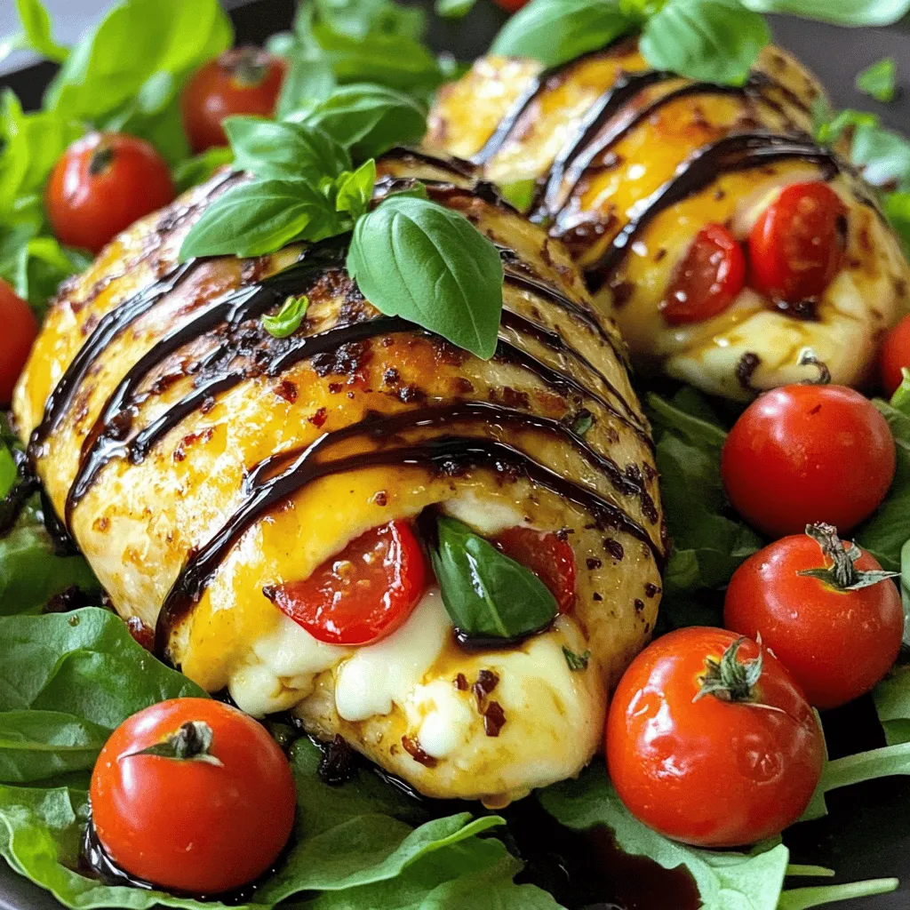 To make Caprese Stuffed Chicken Breast, you need: - 4 boneless, skinless chicken breasts - 1 cup fresh mozzarella cheese, shredded - 1 cup cherry tomatoes, halved - ½ cup fresh basil leaves, chopped - 2 tablespoons balsamic glaze - 2 tablespoons olive oil - 3 cloves garlic, minced - Salt and pepper to taste - 1 teaspoon Italian seasoning - Toothpicks or kitchen twine for securing If you can't find fresh mozzarella, use shredded provolone or even goat cheese for a tangy twist. For cherry tomatoes, grape tomatoes work great too. You can swap fresh basil with spinach or arugula if you like. Balsamic glaze can be replaced with a simple balsamic vinegar if you prefer a lighter taste. Don't have Italian seasoning? Use oregano and thyme for similar flavor. Each serving of Caprese Stuffed Chicken Breast contains: - Calories: 380 - Protein: 40g - Fat: 20g - Carbohydrates: 8g - Fiber: 1g - Sodium: 450mg This dish is a great way to enjoy lean protein and fresh veggies while keeping it simple and tasty. Start with four boneless, skinless chicken breasts. Use a sharp knife to create a pocket in each breast. Slice it horizontally but do not cut all the way through. This pocket will hold the tasty stuffing. Make sure each pocket is deep enough to hold a good amount of filling. In a mixing bowl, combine the following ingredients: - 1 cup fresh mozzarella cheese, shredded - 1 cup cherry tomatoes, halved - ½ cup fresh basil leaves, chopped - 2 tablespoons balsamic glaze - 3 cloves garlic, minced - Salt and pepper to taste - 1 teaspoon Italian seasoning Mix these ingredients well. The flavors blend beautifully, creating a fresh and vibrant stuffing. In a large oven-safe skillet, heat 2 tablespoons of olive oil over medium-high heat. Once hot, add the stuffed chicken breasts. Sear them on both sides until golden brown, about 4 minutes per side. This step adds flavor and color. After searing, transfer the skillet to an oven preheated to 375°F (190°C). Bake the chicken for 20-25 minutes. Use a meat thermometer to check that the internal temperature reaches 165°F (75°C). Once done, carefully remove the chicken from the oven and take out the toothpicks or twine. Let the chicken rest for five minutes before slicing. Drizzle any leftover balsamic glaze over the top to enhance the dish's flavor. To make your Caprese stuffed chicken great, use fresh ingredients. Fresh mozzarella and ripe tomatoes bring out the best flavor. When you slice the chicken, be careful. Cut a pocket, but don’t cut all the way through. This helps keep the filling inside. Stuff each chicken breast well, but don’t overfill it. If you do, the mixture may spill out while cooking. Secure the openings with toothpicks or kitchen twine to keep the filling in place during cooking. Cooking at the right temperature is key. Preheat your oven to 375°F (190°C) before starting. Sear the chicken for about 4 minutes on each side. This gives it a nice brown color. Then, transfer the skillet to the oven. Bake for 20 to 25 minutes. The chicken should reach an internal temperature of 165°F (75°C) to be safe. Use a meat thermometer to check. This ensures you cook it just right, so it’s juicy and tender. To get that golden crust, start with a hot skillet. Heat the olive oil well before adding the chicken. This helps create a nice sear. Sear each side for about 4 minutes. Look for a brown color. If the chicken sticks to the pan, wait a minute before flipping. Patience is key here. After baking, let the chicken rest for 5 minutes. This helps seal in the juices, making every bite delicious. {{image_2}} You can swap the mozzarella for other cheeses. Try using provolone for a sharper taste. Goat cheese gives a creamy texture and tangy flavor. Feta cheese is crumbly and adds a unique twist. Each cheese brings its own charm to the dish. Change up the stuffing with different veggies. Spinach adds a fresh touch and is healthy. Artichoke hearts bring a nice, briny flavor. Roasted red peppers add a sweet and smoky note. Zucchini or mushrooms can also create a hearty filling. Looking for more heat? Add crushed red pepper flakes to the stuffing. A dash of cayenne can bring a nice kick. You can also mix in some pesto for a robust herbal flavor. Experimenting with spices makes each meal special and fun! Store your Caprese stuffed chicken in an airtight container. Let it cool completely first. Place it in the fridge for up to three days. Make sure you keep it sealed tight to preserve flavor and moisture. To reheat, preheat your oven to 350°F (175°C). Place the chicken in a baking dish. Cover it with foil to keep it moist. Heat for about 15-20 minutes until warmed through. You can also use a microwave if you're in a hurry. Heat on medium power for 2-3 minutes. Check the center to ensure it's hot. If you want to freeze the chicken, do it before cooking. Wrap each stuffed chicken breast in plastic wrap, then in foil. This helps prevent freezer burn. You can store it in the freezer for up to three months. When ready to cook, thaw it in the fridge overnight before baking. It takes about 50 minutes to cook Caprese stuffed chicken. This includes 15 minutes for prep and 35 minutes for cooking. You will need to sear the chicken for 4 minutes on each side. Then, bake it in the oven for 20 to 25 minutes. Ensure the chicken reaches an internal temperature of 165°F. This ensures it is safe to eat. Yes, you can make this recipe ahead of time. Prepare the chicken and stuff it, then cover it and store it in the fridge for up to 24 hours. When ready to cook, you can sear and bake it as normal. This saves time on busy days and lets flavors meld. Caprese stuffed chicken pairs well with many sides. Consider serving it over a bed of mixed greens. A light salad with vinaigrette also works nicely. Roasted vegetables or garlic bread make excellent choices too. For a refreshing touch, add sliced avocado or a tomato salad. This blog post covered how to make Caprese Stuffed Chicken. We looked at the ingredients needed and good substitutes. I shared the step-by-step cooking method to help you succeed. You learned tips for perfect stuffing and cooking. We also discussed fun variations to try. Lastly, I provided storage tips to keep your meal fresh. Now, you can impress with this delicious dish. Enjoy cooking, and make it your own!