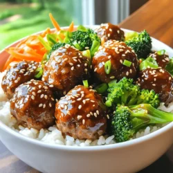 - 1 lb ground chicken or turkey - 1/4 cup breadcrumbs - 1/4 cup green onions, finely chopped - 1 tablespoon fresh ginger, grated - 2 cloves garlic, minced For the meatballs, you can choose ground chicken or turkey. Both options are tasty and lean. I like to add breadcrumbs for texture and to help hold them together. The green onions add a nice crunch and fresh flavor. Grated ginger and minced garlic give these meatballs a great aroma and taste. - 1/4 cup soy sauce (low sodium) - 1/4 cup honey or maple syrup - 1 tablespoon rice vinegar - 1 tablespoon sesame oil The teriyaki sauce is simple but full of flavor. I prefer low-sodium soy sauce to keep it balanced. Honey or maple syrup adds sweetness. Rice vinegar gives it a slight tang, while sesame oil adds a nutty depth. - 2 cups cooked white or brown rice - 1/2 cup broccoli florets, steamed - 1/2 cup carrots, julienned - Sesame seeds for garnish - Additional green onions for garnish For serving, I like to use either white or brown rice. Both work well and soak up the sauce nicely. Steamed broccoli and julienne carrots add color and nutrients. A sprinkle of sesame seeds and extra green onions on top makes it look and taste even better! Start by mixing ground chicken or turkey with breadcrumbs, green onions, ginger, and garlic. I like to add a pinch of salt and pepper for flavor. Make sure to blend everything well. This helps the meatballs stay moist and tasty. Once mixed, form the meat mixture into small balls, about one inch wide. Place the meatballs on a baking sheet lined with parchment paper. Next, preheat your oven to 400°F (200°C). This step is key for even cooking. Bake the meatballs for 20 to 25 minutes. You want them to be golden brown and fully cooked. To check, cut one open. If it’s no longer pink, they are ready. While the meatballs are baking, it’s time to make the teriyaki sauce. In a small saucepan, combine soy sauce, honey or maple syrup, rice vinegar, and sesame oil. Heat over medium heat, stirring often. When it starts to bubble, lower the heat. Let it simmer for about five minutes. The sauce should thicken a bit. Once done, remove it from the heat. Now, it's time to put everything together. Start by dividing the cooked rice into bowls. Then, add several teriyaki meatballs on top. I like to add steamed broccoli florets and julienned carrots for color and crunch. Finish with a sprinkle of sesame seeds and extra green onions. This adds a nice touch, both in flavor and look. Enjoy your delicious meal! To make great meatballs, you can use either ground turkey or chicken. Ground turkey usually has less fat, making it a healthier choice. Chicken has a richer flavor but can dry out if overcooked. Choose what you like best! To ensure even cooking, make all meatballs the same size. I recommend making them about 1 inch in diameter. This helps them cook at the same rate. You can also check doneness with a meat thermometer. They should reach 165°F (74°C). For a great teriyaki sauce, use low-sodium soy sauce. It helps keep your dish from being too salty. Combine it with honey or maple syrup for sweetness. Adding rice vinegar gives it a nice tang. If you want extra crunch, add some chopped bell peppers or snap peas. You can mix these into the meatball mixture or serve them alongside. Toasted sesame seeds also add a nice crunch and visual appeal. The best side dishes for teriyaki meatballs are steamed vegetables like broccoli and carrots. They add color and flavor to your bowl. You can also serve it with a simple salad or pickled vegetables for contrast. For beverages, try pairing with iced green tea or a light beer. Both complement the flavors of the teriyaki sauce well. If you prefer something non-alcoholic, a sparkling water with lemon is refreshing. {{image_2}} You can switch up the meat in these bowls. Ground beef or pork works well. They give a different taste but stay tasty. If you want a plant-based option, try tofu. Firm tofu absorbs flavors well. Just cube it and bake it for a great texture. Rice is the base of these bowls. You can use brown rice for a nutty flavor and more fiber. White rice is softer and lighter. If you want something different, try quinoa. It packs more protein and has a nice bite. You can also use cauliflower rice for a low-carb option. It’s light and fresh, which balances the meatballs well. Add seasonal veggies for extra color and nutrition. Try bell peppers, snap peas, or zucchini. You can also mix in some corn for sweetness. Other toppings can include sliced radishes for crunch or avocado for creaminess. These add layers of flavor and texture, making your meal even better. To keep your teriyaki meatball rice bowls fresh, use airtight containers. This helps to prevent air and moisture from ruining the food. Place the meatballs and rice in separate containers if possible. This keeps the rice from getting soggy. Store them in the fridge for up to 3 days. Always check for any bad smells before eating. You can freeze your assembled bowls for later meals. First, let the meatballs and rice cool. Then, place them in freezer-safe containers. You can also use plastic wrap and foil for extra protection. This helps prevent freezer burn. They should stay fresh for up to 3 months. When you are ready to eat, take a bowl from the freezer. Thaw it in the fridge overnight. For the best texture, reheat the bowl in the oven or microwave. If using the microwave, heat in short bursts to avoid overcooking. Sprinkle with fresh green onions before serving for extra flavor. Yes, you can use store-bought teriyaki sauce. It saves time and effort. But, there are pros and cons. Pros: - Quick and easy to use. - Many brands offer tasty options. Cons: - Some may contain added sugars. - You might miss out on fresh flavors. If you choose store-bought, look for low-sodium versions. This choice helps keep your meal healthier. To make teriyaki meatballs gluten-free, simply swap a few ingredients. Use gluten-free breadcrumbs instead of regular ones. You can find these at most grocery stores. Also, choose a gluten-free soy sauce. This option keeps the flavor while avoiding gluten. Brands like Tamari work great in this recipe. Many sides pair well with teriyaki meatballs. Here are a few ideas: - Steamed vegetables like green beans or snap peas. - A fresh side salad with a light dressing. - Pickled vegetables for a crunchy contrast. - Egg rolls or spring rolls for a fun touch. These sides can enhance your meal's color and flavor. Yes, you can make teriyaki meatballs ahead of time. Here are the best methods: - Prepare the meatballs and bake them. Let them cool, then store in the fridge for up to three days. - You can also freeze the meatballs. Place them in an airtight container for up to three months. - Reheat in the oven or microwave before serving. By prepping ahead, you save time on busy days. In this blog post, we explored how to make delicious teriyaki meatballs. We covered key ingredients like ground chicken, soy sauce, and rice. The step-by-step instructions helped you prepare and bake your meatballs perfectly. I also shared tips for enhancing flavor and serving ideas. With these simple recipes and valuable tips, you can create satisfying meals. Enjoy experimenting with ingredients and variations. Your teriyaki meatballs will impress everyone at the table!