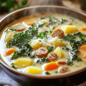- 1 lb Italian sausage - 1 medium onion, diced - 3 cloves garlic, minced - 2 medium carrots, sliced - 2 stalks celery, diced - 4 cups chicken broth - 1 cup heavy cream - 4 cups kale, chopped - 2 medium potatoes, diced - 1 teaspoon thyme - ½ teaspoon chili flakes - 2 tablespoons olive oil - Salt and pepper, to taste - Optional: Grated Parmesan cheese for serving For this creamy sausage kale soup, you need: - 1 pound of Italian sausage, which gives great flavor. - 1 medium onion, diced for sweetness. - 3 cloves of garlic, minced for a punch. - 2 carrots, sliced to add color and crunch. - 2 stalks of celery, diced for texture. - 4 cups of chicken broth to form the base. - 1 cup of heavy cream for creaminess. - 4 cups of kale, chopped and hearty. - 2 medium potatoes, diced for heartiness. - 1 teaspoon of thyme for earthy notes. - ½ teaspoon of chili flakes to spice things up. - 2 tablespoons of olive oil for sautéing. - Salt and pepper to taste, to enhance flavors. - Optional: Grated Parmesan cheese for a finishing touch. This soup serves 6 to 8 people. Each serving offers: - About 350 calories, depending on specific ingredients. - Macronutrient breakdown: - Protein: 18g from sausage. - Carbohydrates: 30g from potatoes and veggies. - Fat: 20g from cream and sausage. This soup is not just tasty; it is filling and good for you! Each bite brings warmth and comfort, making it perfect for any day. Sautéing vegetables Start by heating 2 tablespoons of olive oil in a large pot over medium heat. Add 1 diced onion. Cook it for about 3-4 minutes until it turns soft and clear. Next, add 3 minced garlic cloves, 2 sliced carrots, and 2 diced celery stalks. Stir the mix and cook for 5 more minutes. The veggies should be tender. Browning sausage Push the veggies to the sides of the pot. Now, add 1 pound of Italian sausage. I like spicy sausage, but you can choose mild if you prefer. Break the sausage into pieces with a spoon. Cook it for about 5-7 minutes until it gets a nice brown color all over. This step brings out the flavor. Combining ingredients Once the sausage is browned, mix it with the veggies. Add 2 diced potatoes, 1 teaspoon of thyme, and ½ teaspoon of chili flakes. Stir well to combine everything evenly. The potatoes add a hearty touch to the soup. Simmering for flavors Pour in 4 cups of chicken broth. Increase the heat to bring it to a boil. Once boiling, lower the heat and let it simmer. Cook uncovered for about 15 minutes. You want the potatoes to be tender. This simmering lets all the flavors blend together. Adding cream and seasoning After 15 minutes, stir in 4 cups of chopped kale and 1 cup of heavy cream. Let it simmer for another 5-10 minutes. The kale will wilt and the soup will heat through. Season with salt and pepper to taste. This step makes the soup creamy and rich. Serving suggestions Serve the soup hot in wide, shallow bowls. Add a sprinkle of grated Parmesan cheese on top for extra flavor. If you want, you can also garnish with fresh parsley. This dish looks great and tastes even better! To get that rich, creamy texture, use heavy cream. It adds a smooth finish. If you want it lighter, use half-and-half. Always stir well after adding cream to blend it in. For spice levels, start with half a teaspoon of chili flakes. Taste the soup and adjust. If you like heat, add more. If not, leave it as is. For one-pot meals, a large pot or Dutch oven works best. Look for one with a thick bottom. This helps prevent sticking and ensures even cooking. Use a wooden spoon for mixing. It is gentle on your pot and perfect for breaking up sausage. A sharp knife makes dicing veggies easy and quick. Prep your ingredients before starting. Dice the onion, slice the carrots, and chop the kale. This speeds up your cooking time. For quick cleaning, soak your pot in warm, soapy water right after serving. It makes scrubbing easier later. You can also use a liner for your pot if you want less mess. {{image_2}} You can easily customize this soup. If you prefer turkey sausage, swap it for the Italian sausage. Turkey sausage gives a leaner option without losing flavor. For greens, try spinach or Swiss chard instead of kale. Both add unique textures and taste. If you need gluten-free options, check the broth label. Many brands offer gluten-free chicken broth. For a dairy-free version, use coconut milk instead of heavy cream. It will still make the soup creamy and delicious! To boost flavor, add herbs like rosemary or basil. These can give your soup a fresh twist. You can also add a splash of lemon juice for brightness. This simple addition brightens the flavors and balances the creaminess. Enjoy the variations! Store leftovers in an airtight container. Let the soup cool to room temperature first. Place it in the fridge. It will stay fresh for about 3 to 4 days. When you are ready to eat, check for any signs of spoilage. To freeze the soup, use a freezer-safe container. Leave some space at the top for expansion. The soup can last for about 3 months in the freezer. When you are ready to enjoy it, thaw it in the fridge overnight before reheating. Reheat the soup on the stove over low heat. Stir it often so it warms evenly. You can also use a microwave. Heat it in short bursts, stirring in between. If it seems too thick, add a little chicken broth or cream. This helps keep the flavor rich and creamy. This soup can last up to four days in the fridge. Make sure to store it in an airtight container. The flavors will meld nicely as it sits. However, the kale may lose some texture after a couple of days. Yes, you can make this soup ahead of time. Just cook the soup and let it cool before storing it. Keep it in the fridge for up to four days. You can also freeze it for up to three months. If frozen, thaw it overnight in the fridge before reheating. This soup pairs well with several side dishes. Here are some great options: - Crusty bread for dipping - A fresh green salad - Garlic bread for extra flavor - Simple cheese toast for a comforting touch These sides add texture and balance to your meal. This blog post shared a detailed guide on making creamy sausage kale soup. You learned about key ingredients, how to prepare each step, and tips for perfecting your dish. I emphasized variations, storage info, and answered common questions. Remember, this soup is not just tasty; it’s flexible and easy to make. Enjoy crafting your own version! With practice, you’ll make it just right for your taste. Happy cooking!