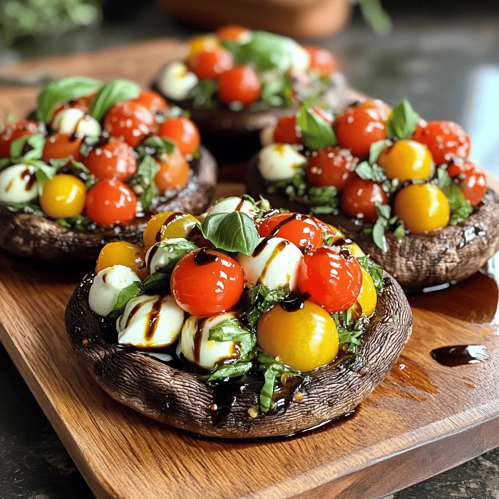 To make Caprese Stuffed Portobellos, you will need the following items: - 4 large portobello mushrooms, stems removed - 2 cups cherry tomatoes, halved - 1 cup fresh mozzarella pearls, drained - 1/2 cup fresh basil leaves, chopped - 3 tablespoons balsamic glaze - 3 tablespoons olive oil - 2 cloves garlic, minced - Salt and pepper to taste You can add a few extra touches to boost the flavor: - 1/4 teaspoon red pepper flakes (for a bit of heat) - More balsamic glaze (for drizzling before serving) - Extra fresh basil leaves (for garnish) These ingredients come together to create a dish that is fresh, vibrant, and packed with flavor. The mushrooms serve as a perfect base, holding all the delicious toppings. Start with four large portobello mushrooms. Remove the stems and clean them gently. Brush each mushroom with olive oil on both sides. This helps add flavor and keeps them moist. Place the mushrooms gill side up on a baking sheet. Make sure they are evenly spaced for even cooking. In a medium bowl, mix together two cups of halved cherry tomatoes and one cup of fresh mozzarella pearls. Add half a cup of chopped basil leaves for that fresh taste. Toss in two cloves of minced garlic to boost the flavor. Drizzle in three tablespoons of balsamic glaze. If you like a little kick, add a quarter teaspoon of red pepper flakes. Season the mixture with salt and pepper. Gently stir everything until well combined. Spoon the Caprese filling generously into each portobello mushroom cap. Press down slightly so the filling stays in place. Preheat your oven to 400°F (200°C). Bake the stuffed mushrooms for 20 to 25 minutes. They should become tender, and the cheese will bubble. After baking, let them cool for a few minutes. Drizzle with more balsamic glaze and garnish with extra basil leaves before serving. Enjoy your delicious Caprese stuffed portobellos! Cooking portobello mushrooms can be fun and easy. First, choose fresh mushrooms. Look for firm caps and a nice color. When you clean them, use a damp paper towel. Do not soak them in water. The mushrooms will get soggy. Brush both sides with olive oil for flavor. This also helps them brown nicely. Place them gill side up on a baking sheet. This way, they can hold the filling well. Melted cheese is key to a great bite. Use fresh mozzarella pearls for the best texture. They melt well and give a nice stretch. When mixing the cheese, add it to the bowl last. This keeps it from breaking apart too much. Bake the mushrooms until the cheese is bubbling, about 20-25 minutes. Keep an eye on them. You want the cheese melted but not burnt. Presentation makes the dish more inviting. Serve the stuffed mushrooms on a nice platter. Drizzle with extra balsamic glaze for shine and flavor. Sprinkle fresh basil on top for a pop of color. This adds freshness and looks great. Arrange them neatly, so they catch the eye. You want guests to be excited to dig in! {{image_2}} You can switch up the cheese in this dish. Fresh mozzarella is great, but other cheeses work too. Try burrata for a creamier texture. Feta adds a tangy twist. Goat cheese brings a unique flavor that pairs well with the basil. Use any cheese you love to make it your own. Want a vegan version? You can easily swap out the cheese. Use vegan mozzarella or cashew cheese instead. For a creamy touch, try adding avocado. You can also use nutritional yeast for a cheesy flavor without dairy. This keeps the dish light and fresh. If you want to boost the meal, add proteins or grains. Cooked quinoa makes a great base. You can toss in grilled chicken or shrimp for extra protein. For a vegetarian option, add chickpeas or lentils. These additions make your dish heartier and more filling. After enjoying your Caprese stuffed portobellos, let the leftovers cool down. Place them in an airtight container. Make sure to store them in the fridge. They will stay fresh for up to three days. If you have more than you can eat, consider freezing them. Just remember that mushrooms can change texture once frozen. To reheat your stuffed portobellos, preheat your oven to 350°F (175°C). Place the mushrooms on a baking sheet. Cover them with foil to keep them moist. Bake for about 10 to 15 minutes, until they are warm. You can also use a microwave. However, the oven usually gives better results. If you plan to freeze your stuffed portobellos, do it right after cooling. Wrap each mushroom tightly in plastic wrap. Then, place them in a freezer-safe bag. They can last for about two months in the freezer. When you’re ready to eat, thaw them overnight in the fridge before reheating. Enjoy the flavors fresh from your kitchen! Yes, you can prepare Caprese stuffed portobellos ahead of time. You can mix the filling and stuff the mushrooms a few hours before cooking. Just keep them in the fridge. If you want to save time, prepare the mushrooms and filling the day before. When ready to cook, bake them straight from the fridge. This method keeps the flavors fresh and tasty. Caprese stuffed portobellos pair well with many dishes. You can serve them with a green salad or garlic bread. Pasta with a light sauce is another great option. They also go nicely with grilled vegetables or rice. The fresh flavors make these mushrooms fit well with many sides. You can tell the mushrooms are done when they are soft and tender. The cheese should be bubbly and slightly golden. If you poke them gently, they should give a bit. Cooking time is usually 20-25 minutes at 400°F (200°C). Always check to make sure they look delicious before taking them out! We covered how to make delicious Caprese Stuffed Portobellos. You learned about key ingredients, step-by-step baking, and helpful tips. I shared variations to suit different diets and storage methods for leftovers. Remember, you can use different cheeses or try vegan options to make this dish your own. With these simple steps, you can impress anyone at your table. Enjoy creating and sharing this tasty meal with friends and family!