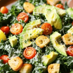 - 4 cups curly kale, stems removed and chopped - 1 ripe avocado, diced - 1 cup cherry tomatoes, halved When I make this salad, I start with fresh ingredients. Curly kale is my go-to because it holds dressing well. I always remove the stems to get a softer bite. Next, I pick a ripe avocado. A good avocado adds creaminess. The last fresh item is the cherry tomatoes. They bring color and a sweet burst of flavor. - 1 tablespoon lemon juice - 1 tablespoon Dijon mustard - 1 tablespoon Worcestershire sauce For the dressing, I mix lemon juice, Dijon mustard, and Worcestershire sauce. The lemon juice gives it a zesty kick. The mustard adds depth, while the Worcestershire sauce enhances the flavor. I whisk these together for a smooth blend. - ½ cup croutons (store-bought or homemade) - ¼ cup freshly grated Parmesan cheese I love adding croutons for a crunchy texture. You can use store-bought or make your own. Lastly, I sprinkle Parmesan cheese on top. It adds a salty richness to the salad. Each topping makes this dish a fresh delight. To start, take your curly kale and chop it. Remove the tough stems. Place the chopped kale in a large bowl. Add a pinch of salt to the kale. This step is key. Salting helps break down the tough leaves. Using your hands, massage the kale for about 2-3 minutes. You want it to turn dark green and feel tender. This makes the kale easier to eat and brings out its flavor. Next, grab a small bowl. In it, combine the lemon juice, Dijon mustard, Worcestershire sauce, and olive oil. Whisk these ingredients together until they are well mixed. A good whisking technique gives the dressing a creamy texture. You can use a fork or a small whisk. Make sure everything blends well for the best taste. Now, pour the dressing over the massaged kale. Toss the kale to coat it completely with the dressing. Gently fold in the diced avocado and cherry tomatoes. Be careful not to smash the avocado. Finally, add the croutons and freshly grated Parmesan cheese. Give the salad one last gentle toss. Season with salt and freshly ground black pepper to taste. Serve the salad right away for the freshest flavor. To choose a ripe avocado, look for these signs: - The skin should be dark and slightly bumpy. - Gently squeeze the avocado. It should yield to pressure but not feel mushy. - Check the stem. If it comes off easily and is green underneath, the avocado is ripe. To cut and dice an avocado, follow these steps: 1. Cut the avocado in half lengthwise. 2. Twist the two halves to separate them. 3. Remove the pit carefully using a knife or spoon. 4. Use a spoon to scoop out the flesh. 5. Slice the flesh into cubes while still in the skin. 6. Gently scoop out the cubes with a spoon. Homemade croutons are simple and add great flavor. Here’s an easy recipe: - Ingredients: - 2 cups of bread, cubed - 2 tablespoons olive oil - Salt and pepper to taste - Optional: garlic powder, herbs, or cheese 1. Preheat your oven to 375°F (190°C). 2. Toss the bread cubes with olive oil, salt, and any herbs you like. 3. Spread them on a baking sheet. 4. Bake for 10-15 minutes until golden brown. For flavor variations, try adding: - Italian herbs for a classic touch. - Paprika for a smoky vibe. - Grated cheese for extra richness. Massaging kale makes it softer and tastier. Here are the best techniques: 1. Start with clean, chopped kale in a bowl. 2. Add a pinch of salt. This helps break down the fibers. 3. Use your hands to knead and squeeze the kale for 2-3 minutes. The benefits of massaging kale include: - Making it easier to chew and digest. - Enhancing its flavor. - Changing its color to a brighter green, signaling readiness. {{image_2}} To make a vegan version of this salad, you can swap the Parmesan cheese. Use nutritional yeast instead of cheese. It adds a cheesy flavor without using dairy. For Worcestershire sauce, pick a vegan brand. This sauce often has anchovies, so check the label. Want more protein? You can add grilled chicken or tofu. Both options work well with the salad flavors. If you want other protein choices, consider chickpeas or beans. These options are healthy and tasty too. Adding seasonal vegetables makes this salad even better. Try bell peppers in summer or roasted squash in fall. You can also toss in fruits like apple slices or berries. Nuts like walnuts or almonds add crunch and flavor. Adjust according to what’s fresh and available! To keep your salad fresh, store leftovers in a sealed container. Use an airtight glass or plastic container. This helps prevent browning and keeps the flavors alive. If you can, separate the dressing from the salad. This way, the kale and other veggies stay crisp. The best temperature for storing your salad is 34°F to 40°F. This range helps maintain freshness. When stored properly, the salad lasts about 1 to 2 days. After this time, the kale may wilt, and the avocado can brown. Freezing this salad isn't recommended. The texture of the kale and avocado changes when frozen. If you must freeze, keep the components separate. Freeze the kale and avocado in one bag and the dressing in another. Before serving, let them thaw in the fridge overnight. Yes, you can prep this salad ahead of time. To keep it fresh, follow these tips: - Wash and chop kale: Store it in an airtight container. - Prepare the dressing: Mix it and keep it in a jar. - Dice avocado last: Add it right before serving to prevent browning. - Store croutons separately: This keeps them crunchy. By prepping this way, you save time and enjoy fresh flavors. If you want a different green, try these: - Spinach: It’s tender and mild. - Swiss chard: It adds a nice color and taste. - Romaine lettuce: Crisp and crunchy, great for salads. Each option brings its own flavor and texture. Yes, this salad can be gluten-free. Here’s how: - Croutons: Use gluten-free bread to make your own or buy gluten-free croutons. - Dressings: Check labels for gluten-free Worcestershire sauce. These swaps keep your salad tasty and safe for gluten-free diets. This blog post explored how to make a fresh and tasty salad. We covered the best ingredients, from curly kale and ripe avocado to a zesty dressing. You learned step-by-step how to prepare, assemble, and add crunchy toppings like croutons. We also shared tips for selecting the perfect avocado and making homemade croutons. Finally, we discussed storage tips so your salad stays fresh. With these insights, you can create your own delicious salad, tailored to your taste. Enjoy your culinary journey and make this salad your own!
