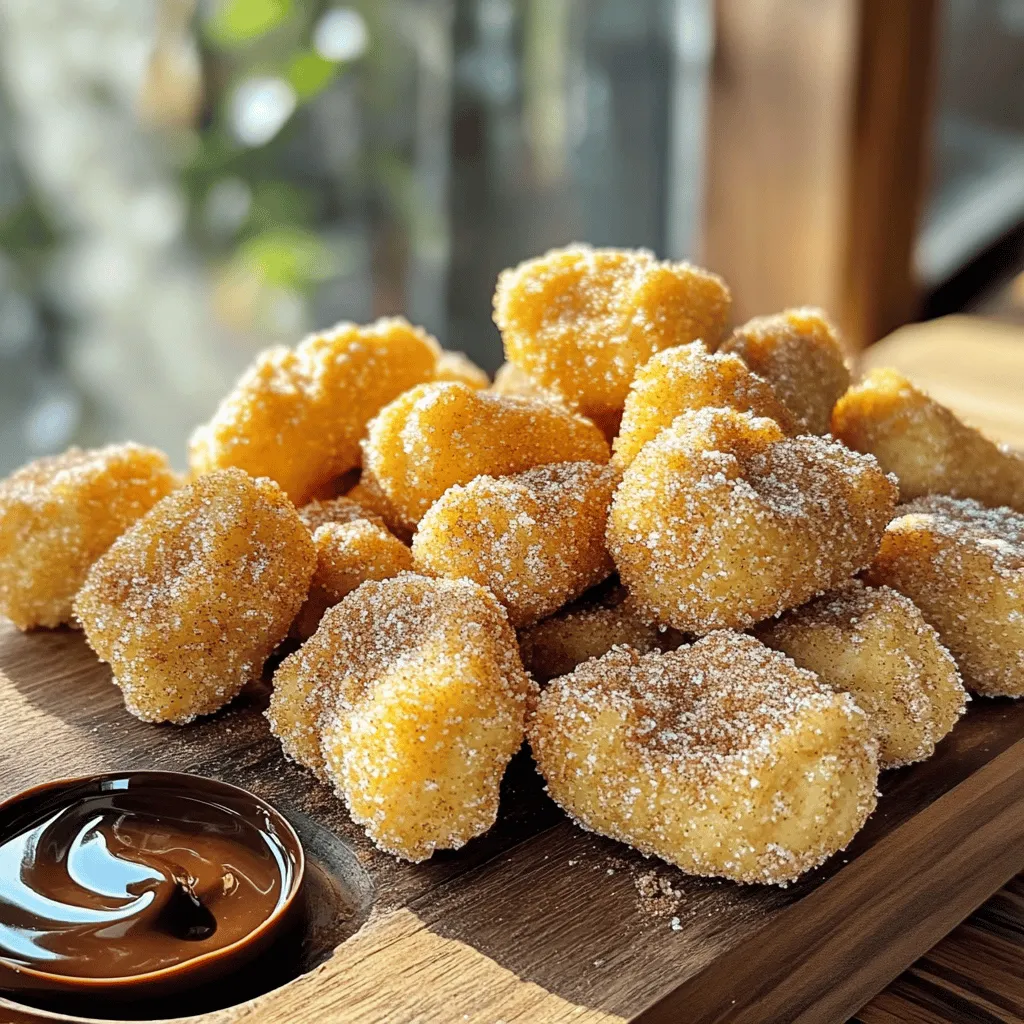 - 1 cup all-purpose flour - ¼ cup granulated sugar - ½ teaspoon cinnamon (plus extra for coating) - ¼ teaspoon salt - 1 cup water - 2 tablespoons unsalted butter - 1 teaspoon vanilla extract - ½ teaspoon baking powder - Cooking spray - Optional: Chocolate sauce for dipping The ingredients list is simple yet vital. Each item plays a key role in creating the perfect churro bites. The flour gives structure, while sugar adds sweetness. Cinnamon brings warmth and a lovely aroma. The salt enhances flavor, and water combines everything. Butter makes the dough rich, and vanilla adds a hint of depth. The baking powder helps the churro bites puff up in the air fryer, creating that crispy texture we love. - Gluten-free flour option: You can use a gluten-free blend instead of all-purpose flour. This keeps the recipe friendly for those with gluten sensitivities. - Vegan butter alternative: Swap unsalted butter for a vegan butter option. This makes the churro bites suitable for a plant-based diet. Choosing these substitutions can help more people enjoy this tasty treat without missing out on flavor. Happy cooking! To start, you need to make the dough for your churro bites. In a medium saucepan, combine: - 1 cup water - 2 tablespoons unsalted butter - ¼ teaspoon salt Bring this mixture to a boil over medium heat. Once it bubbles, remove the pan from the heat. Next, add in the dry ingredients: - 1 cup all-purpose flour - ½ teaspoon baking powder - 1 teaspoon vanilla extract Stir everything together until it forms a thick dough. It should be smooth and slightly sticky. Let it cool for a few minutes before moving on. Now, let’s shape our churro bites! Take the cooled dough and put it into a piping bag. Use a large star tip for the best results. Pipe small bites about 1 inch long onto a tray lined with parchment paper. Make sure to leave some space between each piece. This helps them cook evenly. Next, it's time to cook! First, preheat your air fryer to 375°F (190°C). This step is key for getting those bites crispy. Preheat for about 5 minutes. Once heated, spray the air fryer basket lightly with cooking spray. Place the churro bites in a single layer. Avoid crowding the basket; cook them in batches if needed. Air fry the churro bites for 8 to 10 minutes. Look for a golden color and crispy texture. You will know they are done when they smell amazing and have a nice crunch! To get the right texture for your churro bites, you must know when the dough is ready. When you mix the flour and water, it should form a thick dough that pulls away from the sides of the pan. If it sticks, keep stirring until it stops. For crispy bites, here are some tips: - Make sure to air fry in a single layer. This helps them cook evenly. - Don't overcrowd the basket. Leave space for air to flow. - Lightly spray the churro bites with oil before cooking. This adds crunch. You can serve churro bites with many tasty dips. Chocolate sauce is a classic choice. It adds a rich flavor that pairs well with the sweet churros. Caramel sauce also works great, giving a buttery taste. Get creative with your presentation! Try serving them in a small basket lined with parchment paper. This adds a fun touch. You can also sprinkle some extra cinnamon on top for a nice look. Enjoy your yummy churro bites! {{image_2}} You can make churro bites even more fun by adding flavors. Here are some ideas: - Spices: Try adding nutmeg or cardamom for a warm twist. - Extracts: Vanilla and almond extracts can add a nice kick. - Chocolate Churros: Mix cocoa powder into the dough for a rich taste. - Pumpkin Spice: Add pumpkin spice to the dough for a fall favorite. These flavor infusions can take your churro bites to the next level. Just adjust the sugar to balance the taste as needed. Churros can fit many diets! Here are some options: - Low-Sugar: Use less sugar or a sugar substitute to make them healthier. - Sugar-Free: Try sugar-free sweeteners to keep the sweetness without the sugar. - Keto-Friendly: Use almond flour instead of all-purpose flour for a low-carb treat. These options let everyone enjoy churro bites without worry. Just ensure you adjust cooking times if you change the ingredients. To keep your churro bites fresh, store them in an airtight container. This helps prevent moisture and keeps them crispy. Use a container that fits your leftovers snugly. A small glass or plastic container works well. You can also use a resealable plastic bag. Lay the churros flat to save space. The best way to reheat churro bites is in the air fryer. Set the air fryer to 350°F (175°C) and heat them for about 3-5 minutes. This method will make them crispy again. If you don’t have an air fryer, you can use a regular oven. Place the churro bites on a baking sheet. Heat at 350°F (175°C) for about 5-7 minutes. You can also microwave them, but they may lose their crunch. Microwave for 15-20 seconds. For the best taste, use the air fryer or oven. Air fryer churro bites stay fresh for about 2 to 3 days. Store them in an airtight container. They taste best when eaten fresh. If you keep them out too long, they might get soft. To keep them crispier, try to eat them soon after cooking. Yes, you can freeze churro bites! Allow them to cool completely first. Place them on a baking sheet in a single layer. Freeze for about an hour until firm. Then, transfer them to a freezer bag. When you want to eat them, thaw in the fridge overnight. Reheat in the air fryer for a crispy finish. If your churro bites aren't crispy, check a few things. First, ensure your air fryer is preheated. A hot air fryer helps them cook evenly. Second, do not overcrowd the basket. If they are too close, they won’t crisp up. Lastly, consider cooking them for a bit longer. A few extra minutes can make a big difference! You can easily make delicious churro bites at home. Using basic ingredients, you can create a tasty treat. Follow the steps to prepare, shape, and cook them perfectly. Remember to use tips for achieving that crispy texture. Serve with dips or try different flavors to impress your friends. Store leftovers properly, and you can enjoy them later too. With these methods, making churro bites can be fun and rewarding. Try your hand at this simple dessert and enjoy every bite!