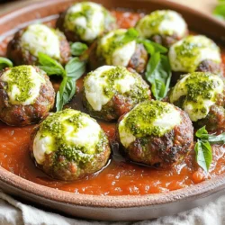 - 1 lb ground beef - 1 lb ground pork (or turkey) - 1 cup fresh mozzarella balls - 1 teaspoon garlic powder - 1 teaspoon onion powder - ½ cup fresh basil pesto - 1 cup breadcrumbs - 1 large egg - 1 cup marinara sauce Gathering the right ingredients is key for great meatballs. I love using a mix of ground beef and ground pork. This combo gives the meatballs a rich flavor. If you prefer a lighter dish, ground turkey works well. Make sure to choose fresh mozzarella balls for that gooey, cheesy center. Next, flavor is important. Garlic powder and onion powder are my go-tos. They add depth without overpowering the dish. Fresh basil pesto brings a bright taste. It complements the meat and cheese beautifully. Lastly, we need to bind and coat the meatballs. Breadcrumbs help keep the meatballs tender. The egg acts like glue, holding everything together. Marinara sauce is perfect for coating the meatballs as they bake. It adds moisture and flavor. With these ingredients, you’re set to create a savory dinner delight. - Preheat oven to 375°F (190°C) - Gather and measure all ingredients Start by preheating your oven. This helps the meatballs cook evenly. Gather everything you need, so you have it all at hand. It makes cooking easier and more fun! - Combine ground meats, breadcrumbs, and spices - Incorporate egg for binding In a large bowl, mix the ground beef and ground pork. You can use ground turkey for a lighter choice. Add breadcrumbs, garlic powder, onion powder, salt, and black pepper. These spices give your meatballs great flavor! Then, crack in one egg. This helps bind the mix. Use your hands to mix it well until everything is combined. - Flatten meat mixture, add mozzarella and pesto - Roll into balls ensuring stuffing is sealed Take about two tablespoons of the meat mixture. Flatten it in your palm. Place a half of mozzarella and a bit of pesto in the center. Wrap the meat around the filling carefully. Make sure you seal it well. This keeps the cheesy goodness inside. Roll it into a ball. Repeat until you use all the mixture. - Brown meatballs in skillet - Transfer to baking dish and coat with marinara sauce - Bake until cooked through Heat a skillet with a little olive oil over medium heat. Add the meatballs in batches. Brown each side for about 3-4 minutes. This gives them a nice crust and flavor. Once browned, move the meatballs to a baking dish. Pour marinara sauce over them, covering them well. Bake in the preheated oven for 20-25 minutes. The meatballs are done when their internal temperature hits 160°F (70°C). Mixing the meatball base is key to great texture. Combine the meats, breadcrumbs, egg, and spices well. This helps create a uniform mix. If you don’t mix enough, the meatballs may fall apart. To prevent toughness, don’t overwork the meat. Mix until just combined. Use your hands for the best results. This ensures the meat stays tender and juicy. You can add herbs and spices for extra flavor. Consider using fresh parsley or oregano. A pinch of red pepper flakes adds a nice kick too. Don’t forget to adjust the salt based on your taste. For cheese, try using provolone or gouda instead of mozzarella. Each type of cheese brings a unique taste and texture. Experimenting is part of the fun! For sides, I love serving these meatballs with pasta or a fresh salad. Garlic bread pairs well too. You can also serve them over polenta for a twist. For plating, use a large platter. Drizzle with extra marinara sauce and sprinkle fresh basil on top. This adds color and aroma. You can even serve them in individual bowls for a cozy dinner feel. {{image_2}} You can swap ground pork with ground turkey. Turkey gives a lighter taste. It works great in meatballs. The texture stays nice and juicy. Next, consider dairy-free mozzarella. Brands like Daiya offer tasty options. They melt well and taste good too. This makes the dish friendly for everyone. You can try different sauces with these meatballs. Alfredo sauce can add a creamy touch. It pairs well with the pesto flavor. Pesto itself works as a sauce option, too. Just pour it over your meatballs before serving. If you want a twist, use barbecue sauce. It adds a sweet and smoky flavor. This can change the whole taste of the dish. For gluten-free meatballs, use gluten-free breadcrumbs. They bind the meatballs just like regular breadcrumbs. You can also try ground oats for a similar effect. Another option is to use mashed potatoes. They keep the meatballs moist and help them stick together. To keep your pesto mozzarella stuffed meatballs fresh, store leftovers in an airtight container. This helps maintain flavor and moisture. Place the meatballs in the fridge within two hours of cooking. They will stay fresh for up to three days. If you want a quick meal later, this is a great option. Just heat them up when you're ready to eat. Freezing your meatballs is easy and great for meal prep. First, let them cool completely. Then, place them in a single layer on a baking sheet. Freeze for about an hour, until firm. Next, transfer the meatballs to a freezer-safe bag or container. They can last up to three months in the freezer. When you want to eat them, thaw overnight in the fridge. Reheat in the oven at 350°F for 15-20 minutes, or until hot. For meal planning, make a big batch of these meatballs. You can prep them ahead of time. Use a mix of ground meats for taste. Store them in meal prep containers. I recommend glass containers for easy reheating. Label each container with the date to keep track. This way, you have ready-to-eat meals on hand, perfect for busy days. To check if the meatballs are done, use a meat thermometer. The internal temperature should reach 160°F (70°C). This ensures the meat is safe to eat. If you don't have a thermometer, cut one meatball in half. The center should no longer be pink and the juices should run clear. Cooking them to this temperature keeps the meat juicy and safe. Yes, you can make these meatballs ahead of time. Prepare them and place them in the fridge for up to 24 hours. This helps the flavors blend well. You can also freeze them before baking. Place uncooked meatballs on a baking sheet and freeze for about two hours. After that, transfer them to a freezer bag. When you're ready to cook, bake them straight from frozen. Just add a few extra minutes to the cooking time. If you don't have fresh mozzarella, you can use shredded mozzarella or provolone cheese. These options melt well and add a nice flavor. You can also try goat cheese for a tangy twist. For a dairy-free choice, look for plant-based cheese substitutes that melt. Each cheese brings its own unique taste, so choose one that you enjoy! In this article, we explored how to make delicious meatballs. We discussed key ingredients like ground beef, pork, and mozzarella. You learned about mixing and shaping the meatballs, browning them, and baking until they are perfect. I shared tips to enhance flavor and texture, as well as variations to suit your tastes. Don't forget about storing leftovers or meal prepping for later. With these steps and ideas, you can enjoy meatballs that impress every time. Happy cooking!