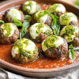 - 1 lb ground beef - 1 lb ground pork (or turkey) - 1 cup fresh mozzarella balls - 1 teaspoon garlic powder - 1 teaspoon onion powder - ½ cup fresh basil pesto - 1 cup breadcrumbs - 1 large egg - 1 cup marinara sauce Gathering the right ingredients is key for great meatballs. I love using a mix of ground beef and ground pork. This combo gives the meatballs a rich flavor. If you prefer a lighter dish, ground turkey works well. Make sure to choose fresh mozzarella balls for that gooey, cheesy center. Next, flavor is important. Garlic powder and onion powder are my go-tos. They add depth without overpowering the dish. Fresh basil pesto brings a bright taste. It complements the meat and cheese beautifully. Lastly, we need to bind and coat the meatballs. Breadcrumbs help keep the meatballs tender. The egg acts like glue, holding everything together. Marinara sauce is perfect for coating the meatballs as they bake. It adds moisture and flavor. With these ingredients, you’re set to create a savory dinner delight. - Preheat oven to 375°F (190°C) - Gather and measure all ingredients Start by preheating your oven. This helps the meatballs cook evenly. Gather everything you need, so you have it all at hand. It makes cooking easier and more fun! - Combine ground meats, breadcrumbs, and spices - Incorporate egg for binding In a large bowl, mix the ground beef and ground pork. You can use ground turkey for a lighter choice. Add breadcrumbs, garlic powder, onion powder, salt, and black pepper. These spices give your meatballs great flavor! Then, crack in one egg. This helps bind the mix. Use your hands to mix it well until everything is combined. - Flatten meat mixture, add mozzarella and pesto - Roll into balls ensuring stuffing is sealed Take about two tablespoons of the meat mixture. Flatten it in your palm. Place a half of mozzarella and a bit of pesto in the center. Wrap the meat around the filling carefully. Make sure you seal it well. This keeps the cheesy goodness inside. Roll it into a ball. Repeat until you use all the mixture. - Brown meatballs in skillet - Transfer to baking dish and coat with marinara sauce - Bake until cooked through Heat a skillet with a little olive oil over medium heat. Add the meatballs in batches. Brown each side for about 3-4 minutes. This gives them a nice crust and flavor. Once browned, move the meatballs to a baking dish. Pour marinara sauce over them, covering them well. Bake in the preheated oven for 20-25 minutes. The meatballs are done when their internal temperature hits 160°F (70°C). Mixing the meatball base is key to great texture. Combine the meats, breadcrumbs, egg, and spices well. This helps create a uniform mix. If you don’t mix enough, the meatballs may fall apart. To prevent toughness, don’t overwork the meat. Mix until just combined. Use your hands for the best results. This ensures the meat stays tender and juicy. You can add herbs and spices for extra flavor. Consider using fresh parsley or oregano. A pinch of red pepper flakes adds a nice kick too. Don’t forget to adjust the salt based on your taste. For cheese, try using provolone or gouda instead of mozzarella. Each type of cheese brings a unique taste and texture. Experimenting is part of the fun! For sides, I love serving these meatballs with pasta or a fresh salad. Garlic bread pairs well too. You can also serve them over polenta for a twist. For plating, use a large platter. Drizzle with extra marinara sauce and sprinkle fresh basil on top. This adds color and aroma. You can even serve them in individual bowls for a cozy dinner feel. {{image_2}} You can swap ground pork with ground turkey. Turkey gives a lighter taste. It works great in meatballs. The texture stays nice and juicy. Next, consider dairy-free mozzarella. Brands like Daiya offer tasty options. They melt well and taste good too. This makes the dish friendly for everyone. You can try different sauces with these meatballs. Alfredo sauce can add a creamy touch. It pairs well with the pesto flavor. Pesto itself works as a sauce option, too. Just pour it over your meatballs before serving. If you want a twist, use barbecue sauce. It adds a sweet and smoky flavor. This can change the whole taste of the dish. For gluten-free meatballs, use gluten-free breadcrumbs. They bind the meatballs just like regular breadcrumbs. You can also try ground oats for a similar effect. Another option is to use mashed potatoes. They keep the meatballs moist and help them stick together. To keep your pesto mozzarella stuffed meatballs fresh, store leftovers in an airtight container. This helps maintain flavor and moisture. Place the meatballs in the fridge within two hours of cooking. They will stay fresh for up to three days. If you want a quick meal later, this is a great option. Just heat them up when you're ready to eat. Freezing your meatballs is easy and great for meal prep. First, let them cool completely. Then, place them in a single layer on a baking sheet. Freeze for about an hour, until firm. Next, transfer the meatballs to a freezer-safe bag or container. They can last up to three months in the freezer. When you want to eat them, thaw overnight in the fridge. Reheat in the oven at 350°F for 15-20 minutes, or until hot. For meal planning, make a big batch of these meatballs. You can prep them ahead of time. Use a mix of ground meats for taste. Store them in meal prep containers. I recommend glass containers for easy reheating. Label each container with the date to keep track. This way, you have ready-to-eat meals on hand, perfect for busy days. To check if the meatballs are done, use a meat thermometer. The internal temperature should reach 160°F (70°C). This ensures the meat is safe to eat. If you don't have a thermometer, cut one meatball in half. The center should no longer be pink and the juices should run clear. Cooking them to this temperature keeps the meat juicy and safe. Yes, you can make these meatballs ahead of time. Prepare them and place them in the fridge for up to 24 hours. This helps the flavors blend well. You can also freeze them before baking. Place uncooked meatballs on a baking sheet and freeze for about two hours. After that, transfer them to a freezer bag. When you're ready to cook, bake them straight from frozen. Just add a few extra minutes to the cooking time. If you don't have fresh mozzarella, you can use shredded mozzarella or provolone cheese. These options melt well and add a nice flavor. You can also try goat cheese for a tangy twist. For a dairy-free choice, look for plant-based cheese substitutes that melt. Each cheese brings its own unique taste, so choose one that you enjoy! In this article, we explored how to make delicious meatballs. We discussed key ingredients like ground beef, pork, and mozzarella. You learned about mixing and shaping the meatballs, browning them, and baking until they are perfect. I shared tips to enhance flavor and texture, as well as variations to suit your tastes. Don't forget about storing leftovers or meal prepping for later. With these steps and ideas, you can enjoy meatballs that impress every time. Happy cooking!