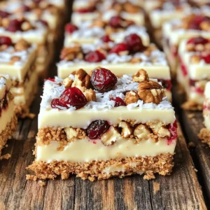 - 2 cups graham cracker crumbs - 1 cup unsweetened shredded coconut - ½ cup walnuts, chopped - 1 cup dried cranberries - 8 ounces white chocolate, chopped - ½ cup sweetened condensed milk - 1 teaspoon vanilla extract - Pinch of salt To make No-Bake White Chocolate Cranberry Bars, you need just a few simple ingredients. The graham cracker crumbs form the base, giving the bars a nice crunch. Shredded coconut adds a tropical flavor. Chopped walnuts bring in a nutty taste and extra texture. Dried cranberries provide sweetness and a pop of color. Next, we melt white chocolate, which binds all the ingredients together. Sweetened condensed milk adds creaminess and sweetness. A dash of vanilla extract enhances the flavor. A pinch of salt balances the sweetness, making each bite even better. - You can add a pinch of cinnamon for warmth. - Try using almonds instead of walnuts for a different taste. - Swap dried cranberries for raisins or cherries for variety. - Add a scoop of protein powder for a nutrition boost. These optional ingredients let you customize the bars. You can make them your own with just a few simple swaps. 1. Mixing dry ingredients Start by taking a large mixing bowl. Add 2 cups of graham cracker crumbs, 1 cup of shredded coconut, ½ cup of chopped walnuts, and 1 cup of dried cranberries. Mix these dry ingredients well. Ensure they blend evenly for great flavor. 2. Melting the white chocolate Grab a microwave-safe bowl. Place 8 ounces of chopped white chocolate in it. Melt the chocolate in the microwave. Do this in 20-second bursts. Stir after each round until it is smooth. This makes it easy to mix later. 3. Combining ingredients Once melted, add ½ cup of sweetened condensed milk, 1 teaspoon of vanilla extract, and a pinch of salt to the chocolate. Stir until fully combined. Then, pour this chocolate mixture into your large bowl with dry ingredients. Gently stir until everything is coated in chocolate. 1. Preparing the pan Line an 8x8-inch baking pan with parchment paper. Leave some overhang on the sides. This makes it easy to lift the bars out later. 2. Transferring the mixture Scoop the mixture into the prepared pan. Use a spatula or your hands to press it down firm. Make sure it creates an even layer. This helps the bars hold their shape. 3. Refrigeration process Place the pan in the fridge. Let it chill for at least 2 hours. This step is important for the bars to set properly. 1. How to cut the bars neatly Once set, remove the bars by lifting the parchment paper. Place them on a cutting board. Use a sharp knife to cut them into neat squares. This helps with serving and looks nice. 2. Serving suggestions Serve the bars plain or with a drizzle of white chocolate on top. They are perfect for parties or as a sweet snack. Enjoy the tasty mix of flavors in every bite! - Melting white chocolate: Break the chocolate into small pieces. Use a microwave-safe bowl. Heat in 20-second bursts. Stir after each burst. Stop when it’s mostly melted. Stir until smooth. This method helps avoid burning the chocolate. - Preventing sticking: Line your pan with parchment paper. Leave some paper hanging over the edges. This makes it easier to lift the bars out. Press the mixture down firmly in the pan. This helps the bars hold their shape. - Mixing ingredients: Don’t rush the mixing. Combine dry ingredients thoroughly before adding wet ones. This ensures even flavor and texture. Stir gently when adding the melted chocolate. You want to coat everything without breaking the mix. - Refrigeration tips: Chill the bars for at least 2 hours. This helps them set well. Avoid opening the fridge often. Each time you open it, the temperature changes, which can lead to a less firm bar. - Suggested flavor add-ins: Try adding a bit of orange zest for a citrus twist. You can also mix in some almond extract for a nutty flavor. Both options give your bars a fun touch. - Ways to customize texture: Want crunch? Add more walnuts or some crispy rice cereal. For chewiness, include more dried cranberries. You can also swap in different nuts or seeds for a unique bite. {{image_2}} You can easily change the nuts and seeds in the recipe. Instead of walnuts, try pecans or almonds. They add a nice crunch and flavor. If you want a nut-free version, use pumpkin seeds or sunflower seeds. Both options work well and keep the bars tasty. You can also swap dried fruits. If you want a twist, use chopped dates or apricots. These fruits add their own sweetness and chewiness. You can mix and match to find your favorite combo. For a different taste, consider making white chocolate raspberry bars. Add fresh or frozen raspberries to the mix. The tartness of the berries pairs perfectly with sweet white chocolate. You can even swirl in some raspberry puree for a lovely look. If you need a nut-free version, skip the nuts altogether. You can use more coconut or add rolled oats. This change keeps the texture nice and chewy without nuts. Serving these bars can be fun and creative. You can cut them into different shapes, like hearts or stars, for a special occasion. Drizzle some melted chocolate on top for a fancy touch. For gifts, wrap them in clear cellophane and tie with a ribbon. This makes them look great and keeps them fresh. You can even add a tag with the recipe for a nice personal touch. To keep your leftover bars fresh, store them in the fridge. Wrap them tightly in plastic wrap or foil. You can also place them in an airtight container. This way, they stay moist and tasty. For best results, use a glass or plastic container with a lid. Avoid metal containers as they can alter the taste. These bars last about one week in the fridge. Check for any changes in color or smell. If they look dry or have an off smell, it’s time to toss them. You can freeze these bars for longer storage. Cut them into squares before freezing. Wrap each piece in plastic wrap, and then place them in a freezer-safe bag. To thaw, leave them in the fridge overnight. If you need them fast, you can thaw them at room temperature for about 30 minutes. Enjoy your tasty treat! Can I use dark chocolate instead of white? Yes, you can use dark chocolate. It will change the taste. Dark chocolate has a deeper flavor. It pairs well with cranberries. You might want to adjust the sugar level since dark chocolate is less sweet. How can I make these bars vegan? To make these bars vegan, use dairy-free white chocolate. Also, swap the sweetened condensed milk for coconut milk. This will keep the bars creamy and delicious. What is the best way to cut no-bake bars? The best way to cut no-bake bars is to chill them first. Use a sharp knife for clean cuts. Wipe the knife with a damp cloth between cuts. This helps avoid sticking. How to serve no-bake white chocolate cranberry bars? You can serve these bars chilled or at room temperature. Cut them into squares for easy eating. They look great on a platter. Add fresh cranberries or mint leaves for garnish. Suitable occasions for these treats These bars are perfect for parties and holiday gatherings. They make a great dessert for picnics or potlucks. You can also enjoy them as a sweet snack any time. What can I substitute for graham crackers? You can use digestive biscuits or crushed cookies. Gluten-free options like almond flour or oat flour work well too. Just make sure the texture remains similar. Alternatives for sweetened condensed milk? Coconut cream is a great alternative. You can also use homemade cashew cream. Both options add creaminess and flavor without dairy. This blog post outlined how to make delicious no-bake white chocolate cranberry bars. We covered key ingredients, step-by-step instructions, and tips for success. Remember to customize your bars with different ingredients for unique flavors. Proper storage ensures they stay fresh. Enjoy these tasty treats for any occasion, or pack them as gifts. With practice, you’ll perfect your technique. Now, it’s your turn to create and enjoy!