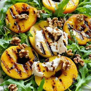 To create a Grilled Peach Burrata Arugula Salad, you will need the following fresh ingredients: - 4 ripe peaches, halved and pitted - 2 tablespoons olive oil, divided - Salt and pepper to taste - 4 cups fresh arugula, washed and dried - 8 oz burrata cheese - ¼ cup balsamic glaze - ¼ cup toasted walnuts, roughly chopped - Fresh basil leaves for garnish These ingredients come together to create a dish that bursts with flavor. The ripe peaches add sweetness, while the burrata brings creaminess. Fresh arugula provides a peppery kick, and the balsamic glaze adds a tangy finish. Toasted walnuts give a satisfying crunch, and fresh basil elevates the aroma. When choosing ripe peaches, look for fruit that feels slightly soft but not mushy. This ensures they grill perfectly. Using quality olive oil enhances the whole dish. It’s worth it to pick a good one! Each ingredient plays a role, making this salad a delightful blend of tastes and textures. I love how simple ingredients can create such a gourmet experience. Enjoy the process of gathering and preparing them! First, you need to preheat your grill. Set it to medium-high heat. This step is key for perfect grilling. Next, take your ripe peaches. Halve them and remove the pits. Brush the cut sides with olive oil and sprinkle them with salt and pepper. This will help enhance their flavor. Place the peaches cut-side down on the hot grill. Grill them for about 4 to 5 minutes. You want nice grill marks and softer fruit. Once done, take them off the grill and allow them to cool for a bit. Now, grab a large salad bowl. Toss your fresh arugula with the remaining olive oil. Add a pinch of salt and pepper. Mix until the arugula is lightly coated. For plating, spread the arugula on a large serving platter. This sets the stage for the beautiful toppings. Tear the burrata cheese into smaller pieces. Place it gently on top of the arugula. The creamy cheese pairs so well with the salad. Now, arrange the grilled peach halves around the burrata. The warm peaches add a lovely contrast. Drizzle balsamic glaze over the salad. It adds sweetness and tang, making every bite delicious. Finally, sprinkle the toasted walnuts for some crunch. Don’t forget to garnish with fresh basil leaves. They add a bright and aromatic touch. Enjoy your vibrant salad! To grill peaches well, set your grill to medium-high heat. This temperature helps the peaches cook evenly while getting nice grill marks. To check if they are done, look for soft flesh and good grill marks after about 4-5 minutes. Gently press on the peach; it should feel tender but not mushy. Adding a pinch of cinnamon or a drizzle of honey can boost the peach flavor. If you want to try something different, swap the walnuts for pecans or almonds. You can also add feta cheese instead of burrata for a saltier taste. Plating your salad can make it look extra special. Spread the arugula on a big platter first. Tear the burrata into pieces and place it in the center. Arrange the grilled peaches around it for a colorful display. Use fresh basil leaves as a garnish for a pop of green and fresh aroma. {{image_2}} You can swap burrata cheese for other creamy cheeses. Try fresh mozzarella or goat cheese. Both add a nice touch. If you want a vegan option, use cashew cream or tofu. You can also change the nuts. Instead of walnuts, try pecans or almonds. You can even use pumpkin seeds for a different crunch. Each nut brings its unique flavor. Seasonal fruits make your salad exciting. In summer, use ripe peaches. In fall, add apples or pears. You can also toss in berries in spring. If you need to adjust for diets, make it gluten-free by skipping the nuts. For a vegan touch, skip the cheese and add avocado. Both options keep it fresh and tasty. Changing the vinegar can change the whole dish. Use apple cider vinegar for a fruity kick. Red wine vinegar adds depth. You can also tweak the sweet and savory balance. Add honey to the balsamic glaze for extra sweetness. For a salty punch, sprinkle on feta cheese. Each tweak creates a new flavor experience. To keep your salad fresh, store leftovers in the fridge right away. Use an airtight container for the best results. This helps prevent air from getting in and keeps your salad tasty. Make sure to keep the grilled peaches and burrata separate from the arugula. This stops the arugula from getting soggy. If you want to enjoy your grilled peaches again, reheat them gently. The best way is to use a microwave on low power. Heat them for about 20-30 seconds. You can also warm them in a pan over low heat. Be careful not to overcook them; you want to keep their soft texture. The salad can last in the fridge for about 2-3 days. The arugula stays fresh for around 1-2 days, while the grilled peaches can last for 2-3 days too. Watch for any signs of spoilage, like a sour smell or slimy texture. If you see these signs, it’s best to toss the salad. Yes, you can prep this salad ahead of time. You can grill the peaches and store them in the fridge for up to two days. Keep the arugula separate to maintain its crispness. You can also tear the burrata cheese and keep it in an airtight container. Combine everything just before serving to keep it fresh. This salad pairs well with grilled chicken or fish. You can also serve it alongside crusty bread or a light soup. A glass of chilled white wine complements the flavors nicely. For a fun twist, try it with some spicy shrimp for a flavor kick. Look for peaches that are firm but yield slightly when you press them. They should have a sweet scent and vibrant color. Avoid peaches with bruises or dark spots. If they are not ripe, you can leave them out at room temperature for a few days to ripen. This blog post showed how to make a Grilled Peach Burrata Arugula Salad. We covered ingredients, preparations, and helpful tips to elevate your dish. You learned about grilling techniques, ideal flavor pairings, and creative presentation ideas. With these steps, your salad can be a hit. Don’t hesitate to try different ingredients or methods to make it your own. Enjoy grilling and sharing this tasty salad with friends or family!