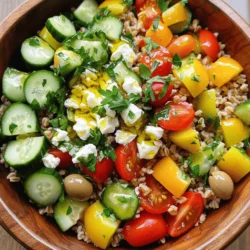 To make a Mediterranean Farro Bowl, gather these key items: - 1 cup farro - 2 cups vegetable broth - 1 cup cherry tomatoes, halved - 1 cucumber, diced - 1 bell pepper (red or yellow), diced - 1/2 red onion, finely chopped - 1 cup chickpeas, drained and rinsed - 1/2 cup feta cheese, crumbled - 1/4 cup Kalamata olives, pitted and sliced - 3 tablespoons olive oil - 2 tablespoons fresh lemon juice - 1 teaspoon dried oregano - Salt and pepper to taste - Fresh parsley, chopped (for garnish) Farro is a grain that gives this bowl a nutty flavor. The vegetables add color and crunch. The chickpeas bring protein, while feta and olives add creaminess and saltiness. You can make your bowl even better with these extras: - Sliced avocado - Chopped walnuts or almonds - A sprinkle of red pepper flakes - A dollop of tzatziki sauce These garnishes add different flavors and textures. You can mix and match based on your taste. This Mediterranean Farro Bowl is not just tasty; it's also good for you. Here’s a quick look at the nutritional benefits: - High in fiber from farro and chickpeas - Packed with vitamins from fresh veggies - Provides healthy fats from olive oil - Contains protein from chickpeas and feta Each serving has a good balance of carbs, protein, and healthy fats, making it a wholesome meal. Enjoy this bowl at lunch or dinner for a healthy boost! To cook the farro, you need a medium saucepan. Add 1 cup of farro and 2 cups of vegetable broth to the pan. Bring this mixture to a boil over high heat. Lower the heat after it boils. Cover the pan and let it simmer for 25 to 30 minutes. The farro should be tender but still chewy. If there is extra liquid, drain it off. While the farro cooks, let’s make the dressing. Grab a small bowl. In this bowl, mix 3 tablespoons of olive oil with 2 tablespoons of fresh lemon juice. Then, add 1 teaspoon of dried oregano, and sprinkle in some salt and pepper. Use a whisk to combine everything well. Set this dressing aside. Now it’s time to bring it all together. Take a large mixing bowl and add cherry tomatoes, cucumber, bell pepper, red onion, chickpeas, Kalamata olives, and feta cheese. Make sure to include 1 cup of halved cherry tomatoes, 1 diced cucumber, and 1 diced bell pepper. When the farro is done and cool, add it to the bowl with the veggies. Pour the dressing over the top and gently toss the mixture until everything is mixed well. Serve the farro bowl in individual bowls. Top each bowl with fresh parsley for a pop of color. This dish is great warm or chilled. You can also serve it with pita bread or a side of hummus for a complete meal. Enjoy your fresh Mediterranean farro bowl! To cook farro just right, start with good broth. I use vegetable broth for a rich taste. Combine one cup of farro with two cups of broth. Bring it to a boil. Then, reduce the heat and cover it. Let it simmer for 25 to 30 minutes. The farro should be tender yet chewy. If there's extra liquid, drain it off. This method gives you great texture. If you don't have farro, you can try quinoa or barley. Both grains work well and have a nice bite. Don’t like chickpeas? Use black beans or lentils instead. They add protein and flavor too. You can swap feta cheese for goat cheese if you prefer a tangy taste. For olives, green olives can be a milder option. Mix and match as you like! To boost the flavor, add fresh herbs like basil or mint. They brighten up the bowl. A pinch of red pepper flakes adds heat if you enjoy spice. You can drizzle a bit of balsamic glaze over the top for sweetness. Toasting the farro before cooking adds a nutty flavor. Experiment with these tips to make your dish unique! {{image_2}} You can make your Mediterranean Farro Bowl fully vegetarian. Swap chickpeas for other legumes like black beans or lentils. Add roasted vegetables, such as zucchini or eggplant, for extra flavor. You can also include artichoke hearts or sun-dried tomatoes for a tasty twist. These changes keep your meal fresh and exciting. If you want more protein, try adding grilled chicken or shrimp. These proteins pair well with the bowl's flavors. You can also use tofu for a plant-based option. Simply marinate it in olive oil and lemon juice, then grill or pan-fry. This way, you keep the dish healthy and hearty. Using seasonal ingredients can make your bowl even better. In spring, add fresh asparagus or peas for a vibrant touch. During summer, use ripe peaches or corn for sweetness. In fall, consider roasted butternut squash or Brussels sprouts. Winter calls for hearty greens like kale or Swiss chard. These ingredients not only taste great but also support local farms. To store leftovers, place the farro bowl in an airtight container. You can keep it in the fridge for up to three days. Make sure it cools first. This keeps the flavors fresh and tasty. To reheat, use the microwave or a pan on low heat. If using a microwave, cover the bowl with a lid. Heat it for one to two minutes. Stir halfway through to ensure even warming. If using a pan, add a splash of water to keep it moist. Heat on low until warm. You can freeze the Mediterranean farro bowl too. Divide it into portions and place them in freezer-safe bags. Remove as much air as you can before sealing. It will last for up to three months in the freezer. When ready to eat, thaw it in the fridge overnight. Reheat as mentioned above. Farro is an ancient grain. It has a nutty flavor and chewy texture. You can use it in salads, soups, or bowls. In the Mediterranean Farro Bowl, it serves as the base. This grain pairs well with fresh veggies and herbs. It also absorbs flavors from dressings and broths. Yes, you can prepare this bowl ahead of time. Cook the farro and chop the veggies earlier. Store the farro and veggies in separate containers. You can mix them right before serving. This way, the flavors stay fresh. The bowl tastes great even the next day. To make more servings, simply double or triple the ingredients. Use two cups of farro for eight servings. Adjust the vegetable broth and other items accordingly. Keep the same cooking times for the farro. This way, you can serve a crowd with ease. You can add many ingredients to your farro bowl. Try adding roasted vegetables like zucchini or eggplant. Avocado slices add creaminess and healthy fats. You can also include fresh herbs like basil or mint. For a protein boost, add grilled chicken or shrimp. The options are endless! This blog post explored the vibrant Mediterranean farro bowl. We started with key ingredients and the benefits they provide. Then, I shared step-by-step instructions for cooking and assembling your bowl perfectly. Tips and variations helped you customize your dish to suit your taste and needs. Finally, I covered storage options to keep your leftovers fresh. I hope this guide inspires you to create a delicious, healthy meal anytime. Enjoy your farro bowl adventure!