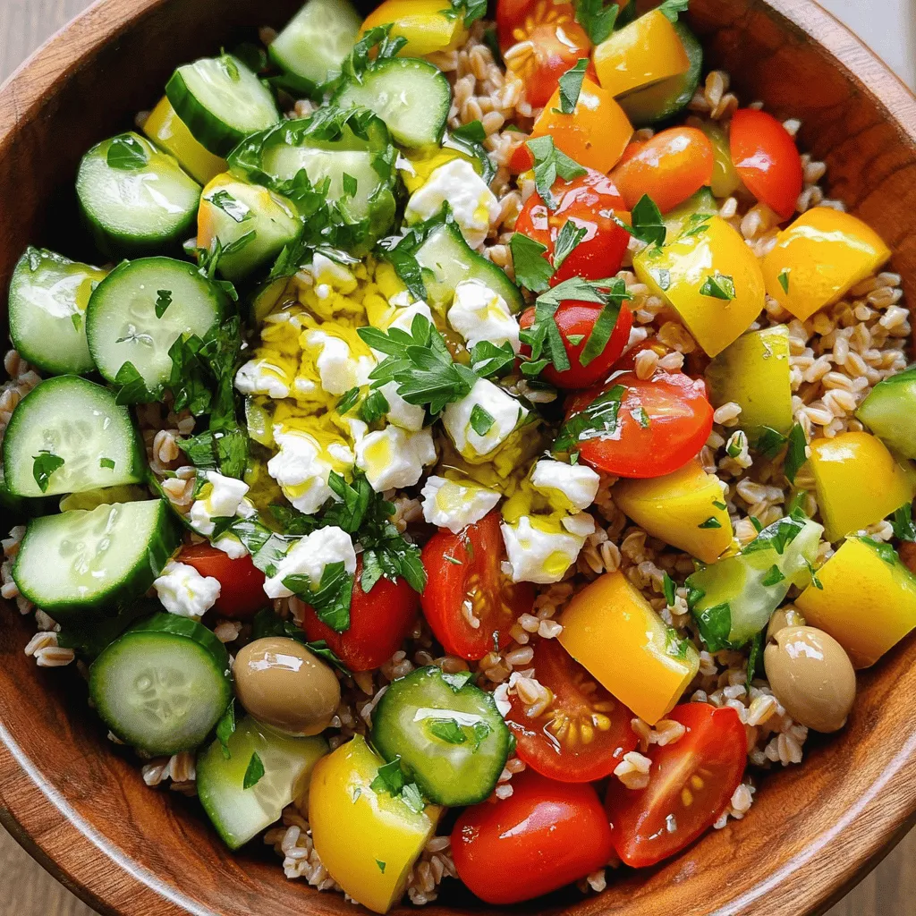 To make a Mediterranean Farro Bowl, gather these key items: - 1 cup farro - 2 cups vegetable broth - 1 cup cherry tomatoes, halved - 1 cucumber, diced - 1 bell pepper (red or yellow), diced - ½ red onion, finely chopped - 1 cup chickpeas, drained and rinsed - ½ cup feta cheese, crumbled - ¼ cup Kalamata olives, pitted and sliced - 3 tablespoons olive oil - 2 tablespoons fresh lemon juice - 1 teaspoon dried oregano - Salt and pepper to taste - Fresh parsley, chopped (for garnish) Farro is a grain that gives this bowl a nutty flavor. The vegetables add color and crunch. The chickpeas bring protein, while feta and olives add creaminess and saltiness. You can make your bowl even better with these extras: - Sliced avocado - Chopped walnuts or almonds - A sprinkle of red pepper flakes - A dollop of tzatziki sauce These garnishes add different flavors and textures. You can mix and match based on your taste. This Mediterranean Farro Bowl is not just tasty; it's also good for you. Here’s a quick look at the nutritional benefits: - High in fiber from farro and chickpeas - Packed with vitamins from fresh veggies - Provides healthy fats from olive oil - Contains protein from chickpeas and feta Each serving has a good balance of carbs, protein, and healthy fats, making it a wholesome meal. Enjoy this bowl at lunch or dinner for a healthy boost! To cook the farro, you need a medium saucepan. Add 1 cup of farro and 2 cups of vegetable broth to the pan. Bring this mixture to a boil over high heat. Lower the heat after it boils. Cover the pan and let it simmer for 25 to 30 minutes. The farro should be tender but still chewy. If there is extra liquid, drain it off. While the farro cooks, let’s make the dressing. Grab a small bowl. In this bowl, mix 3 tablespoons of olive oil with 2 tablespoons of fresh lemon juice. Then, add 1 teaspoon of dried oregano, and sprinkle in some salt and pepper. Use a whisk to combine everything well. Set this dressing aside. Now it’s time to bring it all together. Take a large mixing bowl and add cherry tomatoes, cucumber, bell pepper, red onion, chickpeas, Kalamata olives, and feta cheese. Make sure to include 1 cup of halved cherry tomatoes, 1 diced cucumber, and 1 diced bell pepper. When the farro is done and cool, add it to the bowl with the veggies. Pour the dressing over the top and gently toss the mixture until everything is mixed well. Serve the farro bowl in individual bowls. Top each bowl with fresh parsley for a pop of color. This dish is great warm or chilled. You can also serve it with pita bread or a side of hummus for a complete meal. Enjoy your fresh Mediterranean farro bowl! To cook farro just right, start with good broth. I use vegetable broth for a rich taste. Combine one cup of farro with two cups of broth. Bring it to a boil. Then, reduce the heat and cover it. Let it simmer for 25 to 30 minutes. The farro should be tender yet chewy. If there's extra liquid, drain it off. This method gives you great texture. If you don't have farro, you can try quinoa or barley. Both grains work well and have a nice bite. Don’t like chickpeas? Use black beans or lentils instead. They add protein and flavor too. You can swap feta cheese for goat cheese if you prefer a tangy taste. For olives, green olives can be a milder option. Mix and match as you like! To boost the flavor, add fresh herbs like basil or mint. They brighten up the bowl. A pinch of red pepper flakes adds heat if you enjoy spice. You can drizzle a bit of balsamic glaze over the top for sweetness. Toasting the farro before cooking adds a nutty flavor. Experiment with these tips to make your dish unique! {{image_2}} You can make your Mediterranean Farro Bowl fully vegetarian. Swap chickpeas for other legumes like black beans or lentils. Add roasted vegetables, such as zucchini or eggplant, for extra flavor. You can also include artichoke hearts or sun-dried tomatoes for a tasty twist. These changes keep your meal fresh and exciting. If you want more protein, try adding grilled chicken or shrimp. These proteins pair well with the bowl's flavors. You can also use tofu for a plant-based option. Simply marinate it in olive oil and lemon juice, then grill or pan-fry. This way, you keep the dish healthy and hearty. Using seasonal ingredients can make your bowl even better. In spring, add fresh asparagus or peas for a vibrant touch. During summer, use ripe peaches or corn for sweetness. In fall, consider roasted butternut squash or Brussels sprouts. Winter calls for hearty greens like kale or Swiss chard. These ingredients not only taste great but also support local farms. To store leftovers, place the farro bowl in an airtight container. You can keep it in the fridge for up to three days. Make sure it cools first. This keeps the flavors fresh and tasty. To reheat, use the microwave or a pan on low heat. If using a microwave, cover the bowl with a lid. Heat it for one to two minutes. Stir halfway through to ensure even warming. If using a pan, add a splash of water to keep it moist. Heat on low until warm. You can freeze the Mediterranean farro bowl too. Divide it into portions and place them in freezer-safe bags. Remove as much air as you can before sealing. It will last for up to three months in the freezer. When ready to eat, thaw it in the fridge overnight. Reheat as mentioned above. Farro is an ancient grain. It has a nutty flavor and chewy texture. You can use it in salads, soups, or bowls. In the Mediterranean Farro Bowl, it serves as the base. This grain pairs well with fresh veggies and herbs. It also absorbs flavors from dressings and broths. Yes, you can prepare this bowl ahead of time. Cook the farro and chop the veggies earlier. Store the farro and veggies in separate containers. You can mix them right before serving. This way, the flavors stay fresh. The bowl tastes great even the next day. To make more servings, simply double or triple the ingredients. Use two cups of farro for eight servings. Adjust the vegetable broth and other items accordingly. Keep the same cooking times for the farro. This way, you can serve a crowd with ease. You can add many ingredients to your farro bowl. Try adding roasted vegetables like zucchini or eggplant. Avocado slices add creaminess and healthy fats. You can also include fresh herbs like basil or mint. For a protein boost, add grilled chicken or shrimp. The options are endless! This blog post explored the vibrant Mediterranean farro bowl. We started with key ingredients and the benefits they provide. Then, I shared step-by-step instructions for cooking and assembling your bowl perfectly. Tips and variations helped you customize your dish to suit your taste and needs. Finally, I covered storage options to keep your leftovers fresh. I hope this guide inspires you to create a delicious, healthy meal anytime. Enjoy your farro bowl adventure!