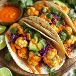To make tasty buffalo cauliflower tacos, you need fresh, simple ingredients. Here’s what you will need: - 1 medium head of cauliflower, cut into florets - 1 cup all-purpose flour - 1 cup almond milk (or any plant-based milk) - 1 teaspoon garlic powder - 1 teaspoon onion powder - 1 teaspoon smoked paprika - 1/2 teaspoon salt - 1 cup buffalo sauce - 8 small corn tortillas The star of this dish is the cauliflower. It gives a nice crunch and can soak up flavors well. The batter, made from flour and almond milk, will coat the florets. This mixture helps create a crispy texture when baked. The buffalo sauce adds a spicy kick that makes these tacos stand out. Toppings add color and taste to the tacos. Here are the ones I love: - 1 cup shredded red cabbage - 1 avocado, sliced - Fresh cilantro, for garnish - Lime wedges, for serving Red cabbage adds a nice crunch and a pop of color. Sliced avocado brings creaminess, balancing the spice from the buffalo sauce. Fresh cilantro brightens the dish with its flavor. Finally, lime wedges give you a zesty finish. A squeeze of lime juice on top makes every bite even better! 1. First, preheat your oven to 425°F (220°C). This helps the cauliflower cook evenly. 2. Line a baking sheet with parchment paper. This keeps the cauliflower from sticking. 3. In a large bowl, mix 1 cup of all-purpose flour and 1 cup of almond milk. 4. Add 1 teaspoon of garlic powder, 1 teaspoon of onion powder, 1 teaspoon of smoked paprika, and 1/2 teaspoon of salt. Whisk until the batter is smooth. 1. Dip each cauliflower floret into the batter. Make sure every piece is fully coated. 2. Place the coated florets on the lined baking sheet. 3. Bake for 20-25 minutes. Turn the florets halfway through. They should be golden and crispy. 4. Once baked, remove the cauliflower and drizzle 1 cup of buffalo sauce over it. Toss gently to coat. 5. Return the cauliflower to the oven for 5-7 more minutes. This lets the sauce caramelize. 6. Meanwhile, warm 8 small corn tortillas on a skillet or in the microwave until they are soft. 7. To assemble the tacos, place several pieces of buffalo cauliflower on each tortilla. 8. Top with 1 cup of shredded red cabbage and slices of 1 avocado. 9. Garnish with fresh cilantro and a squeeze of lime juice for a nice touch. To make sure your cauliflower is crispy, start with the right batter. Mix the flour, almond milk, garlic powder, onion powder, smoked paprika, and salt. Whisk until smooth. The batter should be thick enough to coat the florets. If it’s too thin, add a little more flour. When you dip the florets, fully coat them. Place them on a lined baking sheet. Bake at 425°F (220°C) for 20-25 minutes. Turn them halfway to ensure even cooking. After that, drizzle buffalo sauce over the crispy florets. Bake for an extra 5-7 minutes to caramelize the sauce. Warming tortillas is simple. You can use a skillet or microwave. For the skillet, heat it over medium. Place the tortillas in the pan for about 30 seconds on each side. If using a microwave, wrap them in a damp paper towel and heat for 20-30 seconds. This will keep them soft and pliable. Presentation makes a big impact. Arrange the tacos on a large platter. Add lime wedges on the side for a pop of color. A small bowl of extra buffalo sauce makes a great dip. For side dishes, consider a fresh salad or some crispy tortilla chips. A simple corn salsa pairs well, too. These sides add flavor and texture, making your meal complete. Enjoy your flavorful Buffalo Cauliflower Tacos! {{image_2}} You can easily make these tacos vegan and gluten-free. To do this, use a gluten-free flour blend instead of all-purpose flour. For the batter, almond milk works great, but you can use any plant-based milk. This keeps the recipe plant-based and tasty. For toppings, you have many options. Try adding diced tomatoes or pickled red onions for extra flavor. You can also use vegan sour cream or a drizzle of tahini sauce. These add creaminess and taste to your tacos. Buffalo sauce can vary in heat. For mild tacos, use a lower heat buffalo sauce. If you like heat, try a hot sauce or a spicier buffalo sauce. You can also mix in some maple syrup for a sweet and spicy combo. Feel free to add different veggies or proteins. Grilled bell peppers or onions can add a nice crunch. If you want more protein, black beans or lentils work well. These options keep your meal filling and fun. To store your buffalo cauliflower tacos, let them cool first. Place the tacos in an airtight container. You can keep them in the fridge for up to 3 days. The cauliflower may lose some crunch, but it will still taste great. When you reheat, use the oven for the best results. Preheat it to 350°F (175°C). Place the tacos on a baking sheet. Heat them for about 10 to 15 minutes. This method will help keep the texture crispy. You can freeze the components for later use. First, freeze the baked cauliflower separately. Place it in a freezer-safe bag or container. It can stay good for up to 2 months. For best results, freeze the tortillas and toppings separately. Wrap tortillas in foil or plastic wrap. Keep them in a freezer-safe bag. When you want to eat, thaw everything overnight in the fridge. To reheat, first preheat your oven to 350°F (175°C). Bake the cauliflower for about 15 minutes. Warm the tortillas in a skillet or microwave. This way, you can enjoy fresh, crunchy tacos at home! How to make buffalo cauliflower tacos spicy? To add heat, choose a spicy buffalo sauce. You can also mix in cayenne pepper or hot sauce into the batter. For extra spice, add chopped jalapeños on top of the tacos. You can even sprinkle red pepper flakes for a kick. Can I use a different type of milk in the batter? Yes, you can use any plant-based milk. Options include soy, oat, or coconut milk. Each type will give a slightly different flavor but will still work well. Just make sure it’s unsweetened to keep the flavor balanced. What are the health benefits of cauliflower? Cauliflower is low in calories and high in fiber. It aids in digestion and helps you feel full. It also contains vitamins C, K, and B6, which support your immune system. Plus, it’s rich in antioxidants, helping to fight free radicals in your body. How many calories are in buffalo cauliflower tacos? Each taco has about 150-200 calories, depending on the toppings used. The cauliflower, tortillas, and avocado all contribute to the calorie count. This makes them a healthy choice for a filling meal. Enjoying them with lots of veggies keeps the calories in check. Buffalo cauliflower tacos are fun and tasty. We explored key ingredients, cooking steps, and tips. You learned how to make them crispy and flavorful while keeping them healthy. Don't forget the great toppings and sauces to personalize your tacos. Whether you adapt for vegan diets or store leftovers, these tacos are flexible. Enjoy these meals with others or as a delightful snack. Making buffalo cauliflower tacos is easy and rewarding. I hope you feel inspired to try this tasty dish!