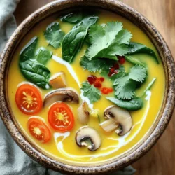 - 1 can (13.5 oz) coconut milk - 2 cups vegetable broth - 2 stalks lemongrass, trimmed and smashed - 3-4 kaffir lime leaves Coconut milk is the base of this soup. It gives a rich and creamy texture. Vegetable broth adds depth and flavor. Lemongrass provides a bright, citrusy note. Kaffir lime leaves lend a fragrant aroma. - 1-inch piece of ginger, sliced - 1 small red chili, thinly sliced (adjust for spice preference) - 1 tablespoon soy sauce (or tamari for gluten-free) Ginger adds warmth and spice. Red chili brings heat, which you can adjust. Soy sauce enhances the umami flavor and rounds out the soup. - 1 cup mushrooms, sliced - 1 cup baby spinach - 1 cup cherry tomatoes, halved - Fresh cilantro, for garnish Mushrooms add texture and earthiness. Baby spinach provides color and nutrients. Cherry tomatoes add sweetness and freshness. Garnish with cilantro for a pop of flavor. Each ingredient plays a key role. Together, they create a comforting and savory dish that warms the soul. Start by gathering all your ingredients. You need: - 1 can (13.5 oz) coconut milk - 2 cups vegetable broth - 2 stalks lemongrass, trimmed and smashed - 3-4 kaffir lime leaves - 1-inch piece of ginger, sliced - 1 small red chili, thinly sliced - 1 cup mushrooms, sliced - 1 cup baby spinach - 1 cup cherry tomatoes, halved - 1 tablespoon soy sauce - 2 tablespoons fresh lime juice - Fresh cilantro, for garnish - Salt to taste To prepare, trim and smash the lemongrass. This helps release its oils. Slice the ginger and red chili. Halve the cherry tomatoes and slice the mushrooms. Next, in a large pot, pour in the coconut milk and vegetable broth. Stir gently to combine them well. Now it's time to cook! Heat the pot over medium heat. Add the smashed lemongrass, kaffir lime leaves, ginger slices, and red chili. Bring this mixture to a gentle simmer. Let it simmer for about 10 minutes. This step allows the flavors to mix well. After simmering, remove the lemongrass and ginger using a slotted spoon. They have done their job of infusing flavor into the soup. Add the sliced mushrooms to the pot. Cook them for about 5-7 minutes. You want them tender, not mushy. Then, stir in the baby spinach and halved cherry tomatoes. Cook for another 2-3 minutes. The spinach should wilt, and the tomatoes will soften just a bit. Finally, add the soy sauce and fresh lime juice. Taste and add salt if needed. Serve your soup hot. Garnish each bowl with fresh cilantro. This adds a bright touch and boosts flavor! - Using fresh herbs: Fresh herbs bring real flavor. Use fresh cilantro and lime juice to boost taste. They make the soup bright and lively. - Adjusting spice levels: Spice is personal. Start with one chili if you prefer mild. You can always add more later. - Overcooking vegetables: Vegetables should stay crisp. Add mushrooms first, then spinach and tomatoes. Cook them just until tender. - Skipping flavor adjustments: Always taste your soup. It might need more lime or salt. Adjust as needed for best results. - Essential kitchenware for optimal cooking: - A large pot is key for simmering. - A slotted spoon helps remove lemongrass and ginger. - Use a sharp knife for slicing herbs and veggies. - A measuring cup ensures accurate liquid amounts. {{image_2}} You can easily change up this soup by adding protein. Chicken, shrimp, or tofu work well. If you choose chicken, use cooked pieces for the best taste. For shrimp, add them when the soup is almost done. They only need a few minutes to cook. Tofu is a great choice for a vegetarian option. Use firm tofu, cut into cubes, and add it with the mushrooms. If you need a gluten-free option, use tamari instead of soy sauce. Tamari tastes similar but lacks gluten. It keeps the soup rich and savory. Many brands offer tamari, so look for one without additives. This small change makes the dish safe for those with gluten sensitivities. For a vegan-friendly soup, replace any non-vegan items. Use vegetable broth instead of chicken broth if you have it. Ensure your soy sauce is vegan too. You can also skip the fish sauce if you find it in other recipes. This way, everyone can enjoy the creamy, tangy flavors. To store leftovers, let the soup cool first. Place it in an airtight container. Keep it in the fridge. It will stay fresh for about three to four days. When you're ready to reheat, pour the soup into a pot. Heat it on low. Stir often to avoid burning. You can also use a microwave. Heat in short bursts, stirring in between. Yes, you can freeze the soup! Freezing keeps it safe and tasty. Use a freezer-safe container or bag. Make sure to leave some space for the soup to expand. Label the container with the date. To thaw, move it to the fridge overnight. You can also use the microwave for quick thawing. The soup lasts up to three months in the freezer. In the fridge, it is best within four days. Always check for any strange smells or changes before eating. If it looks or smells off, it’s better to toss it out. Thai Coconut Lemongrass Soup is a warm, soothing dish. It blends coconut milk with fresh herbs. This soup has roots in Thai culture and is popular in many homes. The lemongrass gives it a unique, citrus flavor. The soup is often served during family gatherings. It brings comfort and joy to all who taste it. Yes, you can make Thai Coconut Lemongrass Soup ahead of time. This helps the flavors deepen. To prepare, follow the recipe as usual. Let the soup cool before storing it. Place it in an airtight container in the fridge. It stays fresh for up to three days. When ready to eat, reheat it on the stove. Add fresh spinach and tomatoes just before serving for the best taste. If you cannot find lemongrass, there are good substitutes. You can use lemon zest for a bright flavor. Lime zest is another option. Both give a citrusy taste but are not as strong. Fresh ginger can also work well, adding warmth. Use these alternatives in smaller amounts to start. Adjust to your taste as you cook. In this article, we explored the rich flavors of Thai Coconut Lemongrass Soup. We discussed key ingredients like coconut milk, lemongrass, and the fresh touch of vegetables. You learned step-by-step how to prepare and perfect your soup, along with tips to enhance its taste. Remember, using fresh herbs and avoiding overcooked veggies keeps it authentic. With simple adjustments, you can make it vegan or gluten-free. Enjoy making this dish, and share it with friends. It’s a warm hug in a bowl.