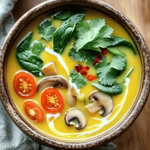 - 1 can (13.5 oz) coconut milk - 2 cups vegetable broth - 2 stalks lemongrass, trimmed and smashed - 3-4 kaffir lime leaves Coconut milk is the base of this soup. It gives a rich and creamy texture. Vegetable broth adds depth and flavor. Lemongrass provides a bright, citrusy note. Kaffir lime leaves lend a fragrant aroma. - 1-inch piece of ginger, sliced - 1 small red chili, thinly sliced (adjust for spice preference) - 1 tablespoon soy sauce (or tamari for gluten-free) Ginger adds warmth and spice. Red chili brings heat, which you can adjust. Soy sauce enhances the umami flavor and rounds out the soup. - 1 cup mushrooms, sliced - 1 cup baby spinach - 1 cup cherry tomatoes, halved - Fresh cilantro, for garnish Mushrooms add texture and earthiness. Baby spinach provides color and nutrients. Cherry tomatoes add sweetness and freshness. Garnish with cilantro for a pop of flavor. Each ingredient plays a key role. Together, they create a comforting and savory dish that warms the soul. Start by gathering all your ingredients. You need: - 1 can (13.5 oz) coconut milk - 2 cups vegetable broth - 2 stalks lemongrass, trimmed and smashed - 3-4 kaffir lime leaves - 1-inch piece of ginger, sliced - 1 small red chili, thinly sliced - 1 cup mushrooms, sliced - 1 cup baby spinach - 1 cup cherry tomatoes, halved - 1 tablespoon soy sauce - 2 tablespoons fresh lime juice - Fresh cilantro, for garnish - Salt to taste To prepare, trim and smash the lemongrass. This helps release its oils. Slice the ginger and red chili. Halve the cherry tomatoes and slice the mushrooms. Next, in a large pot, pour in the coconut milk and vegetable broth. Stir gently to combine them well. Now it's time to cook! Heat the pot over medium heat. Add the smashed lemongrass, kaffir lime leaves, ginger slices, and red chili. Bring this mixture to a gentle simmer. Let it simmer for about 10 minutes. This step allows the flavors to mix well. After simmering, remove the lemongrass and ginger using a slotted spoon. They have done their job of infusing flavor into the soup. Add the sliced mushrooms to the pot. Cook them for about 5-7 minutes. You want them tender, not mushy. Then, stir in the baby spinach and halved cherry tomatoes. Cook for another 2-3 minutes. The spinach should wilt, and the tomatoes will soften just a bit. Finally, add the soy sauce and fresh lime juice. Taste and add salt if needed. Serve your soup hot. Garnish each bowl with fresh cilantro. This adds a bright touch and boosts flavor! - Using fresh herbs: Fresh herbs bring real flavor. Use fresh cilantro and lime juice to boost taste. They make the soup bright and lively. - Adjusting spice levels: Spice is personal. Start with one chili if you prefer mild. You can always add more later. - Overcooking vegetables: Vegetables should stay crisp. Add mushrooms first, then spinach and tomatoes. Cook them just until tender. - Skipping flavor adjustments: Always taste your soup. It might need more lime or salt. Adjust as needed for best results. - Essential kitchenware for optimal cooking: - A large pot is key for simmering. - A slotted spoon helps remove lemongrass and ginger. - Use a sharp knife for slicing herbs and veggies. - A measuring cup ensures accurate liquid amounts. {{image_2}} You can easily change up this soup by adding protein. Chicken, shrimp, or tofu work well. If you choose chicken, use cooked pieces for the best taste. For shrimp, add them when the soup is almost done. They only need a few minutes to cook. Tofu is a great choice for a vegetarian option. Use firm tofu, cut into cubes, and add it with the mushrooms. If you need a gluten-free option, use tamari instead of soy sauce. Tamari tastes similar but lacks gluten. It keeps the soup rich and savory. Many brands offer tamari, so look for one without additives. This small change makes the dish safe for those with gluten sensitivities. For a vegan-friendly soup, replace any non-vegan items. Use vegetable broth instead of chicken broth if you have it. Ensure your soy sauce is vegan too. You can also skip the fish sauce if you find it in other recipes. This way, everyone can enjoy the creamy, tangy flavors. To store leftovers, let the soup cool first. Place it in an airtight container. Keep it in the fridge. It will stay fresh for about three to four days. When you're ready to reheat, pour the soup into a pot. Heat it on low. Stir often to avoid burning. You can also use a microwave. Heat in short bursts, stirring in between. Yes, you can freeze the soup! Freezing keeps it safe and tasty. Use a freezer-safe container or bag. Make sure to leave some space for the soup to expand. Label the container with the date. To thaw, move it to the fridge overnight. You can also use the microwave for quick thawing. The soup lasts up to three months in the freezer. In the fridge, it is best within four days. Always check for any strange smells or changes before eating. If it looks or smells off, it’s better to toss it out. Thai Coconut Lemongrass Soup is a warm, soothing dish. It blends coconut milk with fresh herbs. This soup has roots in Thai culture and is popular in many homes. The lemongrass gives it a unique, citrus flavor. The soup is often served during family gatherings. It brings comfort and joy to all who taste it. Yes, you can make Thai Coconut Lemongrass Soup ahead of time. This helps the flavors deepen. To prepare, follow the recipe as usual. Let the soup cool before storing it. Place it in an airtight container in the fridge. It stays fresh for up to three days. When ready to eat, reheat it on the stove. Add fresh spinach and tomatoes just before serving for the best taste. If you cannot find lemongrass, there are good substitutes. You can use lemon zest for a bright flavor. Lime zest is another option. Both give a citrusy taste but are not as strong. Fresh ginger can also work well, adding warmth. Use these alternatives in smaller amounts to start. Adjust to your taste as you cook. In this article, we explored the rich flavors of Thai Coconut Lemongrass Soup. We discussed key ingredients like coconut milk, lemongrass, and the fresh touch of vegetables. You learned step-by-step how to prepare and perfect your soup, along with tips to enhance its taste. Remember, using fresh herbs and avoiding overcooked veggies keeps it authentic. With simple adjustments, you can make it vegan or gluten-free. Enjoy making this dish, and share it with friends. It’s a warm hug in a bowl.
