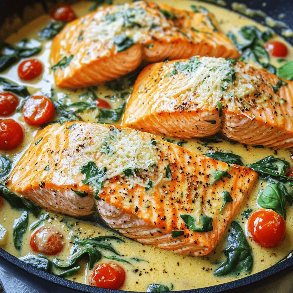 To make Creamy Garlic Tuscan Salmon, you need a few key ingredients. Each one adds flavor and texture to the dish. Here’s the list: - Salmon fillets - Olive oil - Garlic - Cherry tomatoes - Baby spinach - Heavy cream - Parmesan cheese - Italian seasoning - Salt and pepper - Fresh basil Gather these ingredients before you start cooking. Fresh ingredients make a big difference. The salmon fillets should be bright and firm. Choose ripe cherry tomatoes for sweetness. Garlic adds depth, while the spinach gives a nice color. Heavy cream and Parmesan cheese create that rich, creamy sauce. Italian seasoning brings warmth and balance. Salt and pepper enhance all the flavors. Don’t forget fresh basil for garnish. It adds a pop of color and fresh taste! To start, you need to season the salmon fillets. Sprinkle salt and pepper on both sides. This step adds flavor and brings out the best in the fish. Next, heat the olive oil in a large skillet over medium heat. When the oil is hot, place the salmon fillets skin-side down. Cook for about 4-5 minutes. Then, flip the fillets and cook for another 3-4 minutes. The salmon should be cooked through and flake easily. Once done, remove the salmon from the skillet and set it aside. In the same skillet, add the minced garlic. Sauté it for about 1 minute until it smells amazing. Then, add the halved cherry tomatoes and Italian seasoning. Cook this mix for about 3-4 minutes until the tomatoes soften. Stir in the baby spinach and cook until it wilts. Now, pour in the heavy cream and add the grated Parmesan cheese. Stir well to combine and let the sauce simmer for about 2-3 minutes. This thickens the sauce and makes it rich. Return the cooked salmon to the skillet. Nestle the fillets in the creamy sauce. Spoon some sauce over the tops of the salmon. Cook for another minute or two until everything is heated through. Taste the sauce and adjust seasoning with salt and pepper if needed. This little step ensures the dish is just right before serving. How to ensure perfect salmon: To cook salmon just right, start with fresh fillets. Pat them dry to remove excess moisture. This helps achieve a nice sear. Season both sides with salt and pepper. Heat olive oil in a hot skillet. Place the salmon skin-side down. Cook for 4-5 minutes without moving it. This allows the skin to crisp. Flip carefully and cook for another 3-4 minutes. The salmon should be opaque and flake easily with a fork. Tips for sautéing garlic: Garlic can burn fast, so be careful. Add it to the hot oil after the salmon is cooked. Sauté the minced garlic for about one minute until it smells great. Keep stirring to prevent it from browning too much. If it browns, the flavor can turn bitter. Once you see it start to soften, you can add the tomatoes. Suggested spices and herbs: For extra flavor, try adding some red pepper flakes. This gives a nice kick. Fresh herbs like thyme or oregano also work well. They add a bright taste that pairs nicely with salmon. You can also use lemon zest for a zesty note. Substitute options for cream and cheese: If you want a lighter dish, swap heavy cream for Greek yogurt or coconut milk. They still give a creamy texture but with fewer calories. For cheese, you can use nutritional yeast for a dairy-free option. It adds a cheesy flavor without the creaminess. {{image_2}} You can swap salmon for other fish. Try using tilapia or cod. Both work well. You can also use chicken breasts. They will soak up the sauce nicely. For veggies, cherry tomatoes are great, but you can add others. Try bell peppers or zucchini. They add color and taste. You could also use asparagus for a nice crunch. To make this dish lighter, use less cream. You can replace it with Greek yogurt. This will still give you a creamy texture without the extra fat. If you need a gluten-free option, don't worry! This recipe is already gluten-free. Just ensure your Italian seasoning has no gluten. You can enjoy this dish without any worry. To store leftover creamy garlic Tuscan salmon, place it in an airtight container. This keeps the salmon fresh and prevents odors in your fridge. Make sure to let the dish cool down to room temperature before sealing it. You can store it for up to three days in the refrigerator. The creamy sauce will blend with the salmon, keeping it moist. To reheat your salmon, use a skillet over low heat. This method warms the dish evenly and helps keep the creaminess. You can also add a splash of water or broth if the sauce thickens too much. Stir gently while heating. Avoid using the microwave, as it can dry out the salmon and sauce. Enjoy your delicious leftover meal! Yes, you can use frozen salmon. Just make sure to thaw it first. Place it in the fridge overnight or run it under cold water. This helps it cook evenly. Frozen salmon works well, but fresh salmon tastes better. You can serve this dish with several sides. Here are some great options: - Steamed broccoli - Garlic bread - Rice or quinoa - A fresh salad These sides balance the rich, creamy sauce of the salmon. You know the salmon is done when it flakes easily with a fork. The inside should be a light pink color. If you have a food thermometer, check for 145°F (63°C). This ensures it is safe to eat. Cooked salmon should not appear raw or translucent. This blog post covered everything you need for a tasty Creamy Garlic Tuscan Salmon. I shared the key ingredients and simple steps to make it. You learned tips to cook perfect salmon and ways to adjust the recipe. We also discussed how to store and reheat leftovers. Incorporating these ideas will make your meal enjoyable and easy to prepare. Keep exploring new variations to make it your own. Happy cooking and savor every bite!