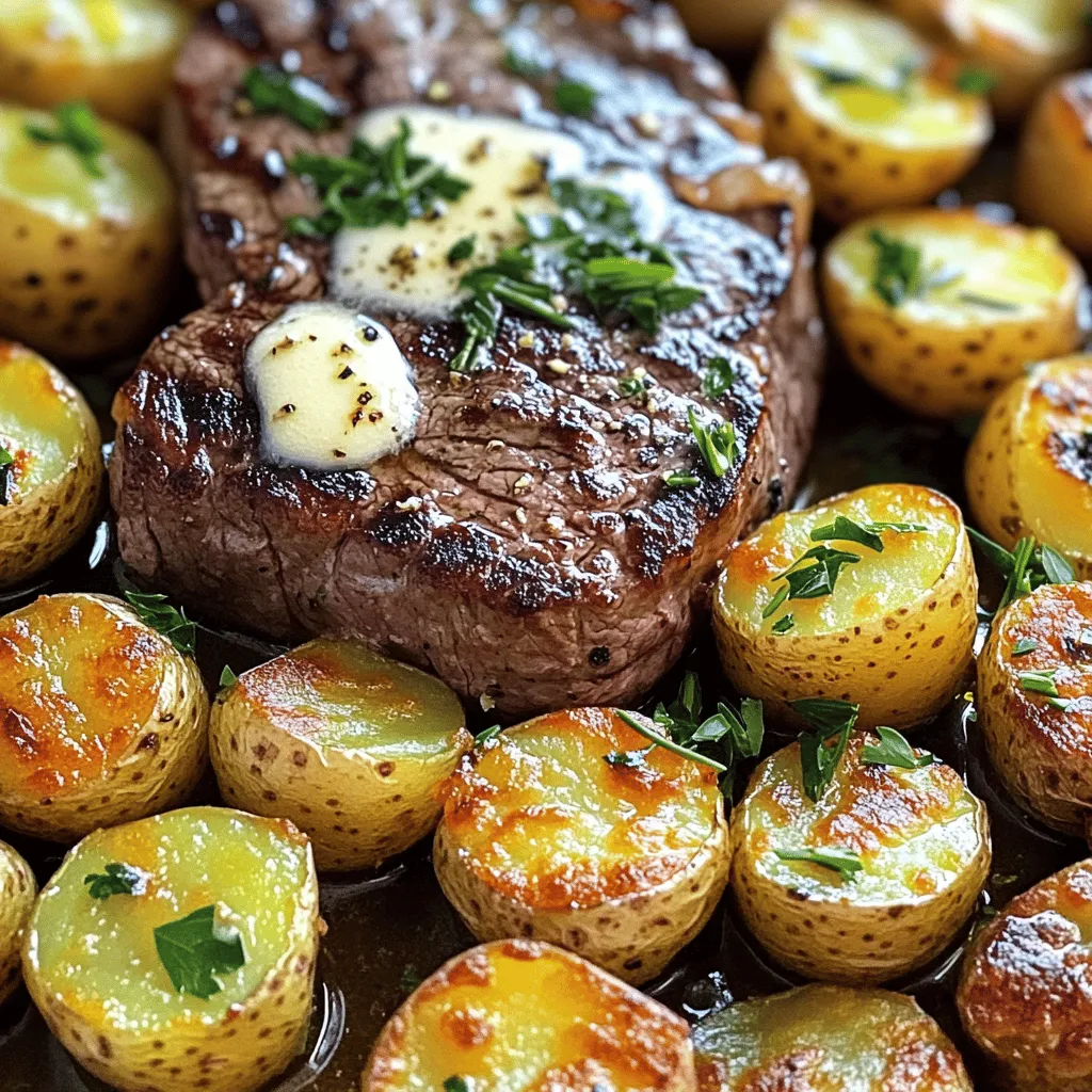- 1 lb sirloin steak, cut into 1-inch cubes - 1 lb baby potatoes, halved - ¼ cup unsalted butter, melted - 4 cloves garlic, minced - 1 teaspoon dried rosemary - 1 teaspoon dried thyme - 1 teaspoon paprika - Salt and pepper to taste - Fresh parsley, chopped (for garnish) When I cook, I love to keep it simple yet full of flavor. This Garlic Butter Steak Potatoes Sheet Pan dish is a perfect example. First, gather your main ingredients. You will need juicy sirloin steak, tender baby potatoes, and some melted butter. The butter adds richness to the dish. Now, let’s talk about the seasoning. Garlic is a must for this recipe. Mince four cloves of garlic. The dried herbs bring more taste, so grab rosemary, thyme, and paprika. Don’t forget salt and pepper. These will enhance all the flavors. Finally, we have our garnish. Fresh parsley adds a nice touch. It brightens the dish and makes it look pretty on the plate. When you mix these ingredients, you create a delightful meal that is sure to impress. This dish is not just tasty; it’s also easy to prepare. You can enjoy it on a busy weeknight or a special occasion. - Preheat your oven to 425°F (220°C). - Cut the baby potatoes in half. - Cube the sirloin steak into 1-inch pieces. Starting with a hot oven helps cook the steak and potatoes evenly. Make sure to have your ingredients ready. This step sets you up for a smooth cooking experience. - In a large bowl, mix the halved potatoes with half of the melted butter. - Add minced garlic, dried rosemary, dried thyme, paprika, salt, and pepper. - Toss until the potatoes are well coated. Coating the potatoes in butter and spices enhances their flavor. The garlic brings a nice kick, while the herbs add depth. - Spread the seasoned potatoes in a single layer on a large sheet pan. - Bake for 20 minutes. This initial bake allows the potatoes to start cooking and crisping up. - After 20 minutes, take the pan out. - Push the potatoes to one side to make room for the steak. Season the cubed steak with salt and pepper. - In the same bowl used for the potatoes, add the remaining melted butter to the steak. - Toss to coat. Adding the butter keeps the steak juicy and flavorful. - Place the seasoned steak on the empty side of the pan. - Return the pan to the oven and bake for an additional 12-15 minutes. This final bake cooks the steak to your liking while keeping the potatoes crispy. - Once cooked, let the dish rest for a few minutes. - Garnish with fresh chopped parsley before serving. This resting time helps the steak retain its juices. Enjoy your meal! To get crispy potatoes, space them out on the pan. If they are too close, they will steam instead of crisp. Arrange the baby potatoes in a single layer. This helps them cook evenly. Bake them at 425°F (220°C) for 20 minutes. After this time, check for doneness. A fork should pierce easily. If they need more time, keep baking. You want them golden brown and crispy. Cooking time varies based on how you like your steak. For medium-rare, aim for 12-15 minutes in the oven. For medium, add a couple of minutes. Always season the steak well with salt and pepper. This helps keep the juices inside. Juicy steak is key to a great meal. Add more herbs and spices for extra flavor. Try fresh rosemary or thyme if you have it. Fresh ingredients often taste better than dried ones. You can also add a pinch of red pepper flakes for some heat. Experiment with garlic and paprika for different tastes. Don't be afraid to mix it up! {{image_2}} For a gluten-free option, make sure to use gluten-free butter. This simple swap keeps your meal safe and delicious. You can also replace baby potatoes with cauliflower or turnips. Both options work well for a low-carb diet. They can mimic the texture of potatoes without the carbs. For extra flavor, consider adding fresh herbs like basil or cilantro. You can switch dried thyme for fresh sprigs. Another idea is to add a splash of soy sauce to the steak for a savory twist. Marinating the steak for about 30 minutes before cooking can deepen the flavor. A mix of olive oil, garlic, and spices works great for marination. You can grill the steak and potatoes instead of baking. Grilling adds a nice char and smoky flavor. Just make sure to check the steak's doneness with a meat thermometer. Pan-searing is another option. It gives a nice crust to the steak. For a lighter dish, try using chicken or tofu instead of steak. Both proteins absorb flavors well and cook quickly. To store leftovers, let your dish cool down first. Place the steak and potatoes in an airtight container. This helps keep them fresh. You can safely store them in the fridge for up to three days. Always check for any off smells before eating. When reheating, I suggest using the oven for best results. Preheat your oven to 350°F (175°C). Place the steak and potatoes on a baking sheet. Heat them for about 10 to 15 minutes. This method helps keep the texture intact. You can also use a skillet over medium heat. Just add a splash of water to keep it moist. You can freeze this meal, but do so properly. Allow the dish to cool and pack it in a freezer-safe container. It can last up to three months in the freezer. To thaw, move it to the fridge overnight. Reheat it in the oven or microwave when ready to eat. Yes, you can prepare this dish ahead of time. For meal prep, cut the baby potatoes and sirloin steak in advance. Store them in airtight containers in the fridge. You can also pre-season the potatoes with butter, garlic, and spices. This way, when it's time to cook, you just have to mix and bake. It saves time on busy days! Sirloin steak works well in this recipe. It is tender and flavorful. If you want to try other cuts, consider ribeye or flank steak. Ribeye has great marbling, which gives it a juicy taste. Flank steak is leaner but still tasty. Choose what you enjoy the most! Absolutely! Adding vegetables can boost flavor and nutrition. Try bell peppers, zucchini, or asparagus. Cut them into similar sizes as the potatoes. Toss them in olive oil and some seasoning. Add them to the pan when you add the steak for a complete meal! This recipe combines sirloin steak and baby potatoes for a tasty meal. You learned about essential ingredients, step-by-step baking, and tips for perfect results. I shared ideas for variations to suit your taste and dietary needs. Proper storage and reheating help keep leftovers fresh. Now, you can enjoy a delicious dish that's simple to prepare. Cooking at home brings flavor and joy. Use these tips to impress family and friends. Happy cooking!