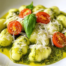 To make creamy pesto gnocchi, you will need: - 1 pound potato gnocchi - 1 cup fresh basil pesto - 1 cup heavy cream (or coconut cream for a dairy-free option) - 1/2 cup grated Parmesan cheese (or nutritional yeast for a vegan option) - 2 tablespoons olive oil - 2 cloves garlic, minced - Salt and pepper to taste - Cherry tomatoes, halved (for garnish) - Fresh basil leaves (for garnish) These ingredients blend to create a rich and creamy dish that is both comforting and vibrant. You can easily swap some ingredients to fit dietary needs. For a dairy-free version, use coconut cream and nutritional yeast. If you need gluten-free, select gluten-free gnocchi. You can also use sunflower seeds to replace nuts in the pesto if you have nut allergies. These options keep the dish delicious while meeting various diets. Using fresh and quality ingredients makes all the difference. Fresh basil brings a bright flavor, while high-quality pesto elevates the creaminess. Good olive oil adds depth, and fresh garlic enhances the aroma. When you choose the best ingredients, you ensure a tasty and satisfying meal. To start, boil a large pot of salted water. The salt adds flavor to the gnocchi. Once the water reaches a rolling boil, add 1 pound of potato gnocchi. Cook the gnocchi until they float, which usually takes about 2-3 minutes. Floating means they are done! Drain the gnocchi and set them aside. This step is simple but key to a tasty dish. Next, we move to the sauce. In a large skillet, heat 2 tablespoons of olive oil over medium heat. Add 2 cloves of minced garlic and sauté for about 1 minute. Watch for the garlic to become fragrant, but don’t let it brown. Browning will change the flavor. Lower the heat and pour in 1 cup of heavy cream. Stir constantly for about 2 minutes until it warms up. Now it’s time to add 1 cup of fresh basil pesto and 1/2 cup of grated Parmesan cheese. Mix well until the cheese melts and the sauce becomes thick. Taste the sauce and add salt and pepper as needed. Now, it’s time for the fun part! Add the cooked gnocchi to the creamy pesto sauce. Gently toss them so each gnocchi is coated in the sauce. Let it heat through for another 2-3 minutes. When ready to serve, remove the skillet from the heat. Plate the gnocchi and garnish with halved cherry tomatoes and fresh basil leaves. This adds color and a fresh taste. Enjoy your creamy pesto gnocchi! To make your sauce creamy, start with heavy cream. You can use coconut cream for a dairy-free option. Heat the cream slowly to avoid curdling. Stir it in with your pesto and cheese. This helps blend everything smoothly. If it feels too thick, add a splash of pasta water. This will loosen it up while keeping the flavor. One common mistake is cooking the gnocchi too long. They only need 2-3 minutes in boiling water. Overcooking makes them mushy. Another mistake is using low-quality pesto. Fresh basil pesto brings the best flavor. Lastly, don’t skip the seasoning. Salt and pepper enhance the dish. Taste your sauce before serving to ensure it’s just right. When cooking gnocchi, use a large pot. This gives them space to move. Always salt your water well. This adds flavor to the gnocchi. After cooking, drain them gently. Avoid rinsing, as this washes away the starch. The starch helps the sauce stick. Toss the gnocchi in the sauce quickly. This keeps them warm and flavorful. {{image_2}} You can easily make this dish dairy-free. Simply swap the heavy cream for coconut cream. This gives the dish a rich texture without any dairy. Use nutritional yeast instead of Parmesan cheese. It has a cheesy flavor and works well in this recipe. To make this dish vegan, follow the dairy-free tips. Also, check your pesto. Some store-bought pesto contains cheese. Look for a vegan version or make your own at home. Blend fresh basil, nuts, garlic, and a splash of olive oil. This will create a tasty vegan pesto. Want to boost your dish's flavor? Add sautéed mushrooms or spinach for extra nutrients. Sun-dried tomatoes add a nice tang. For a kick, toss in red pepper flakes. Fresh herbs like parsley or thyme can also make your dish pop. These simple tweaks help you customize your creamy pesto gnocchi. To keep your creamy pesto gnocchi fresh, place it in an airtight container. Make sure it cools down before sealing. This way, it stays tasty for up to three days in the fridge. Reheat your gnocchi in a skillet over medium heat. Add a splash of cream or water for moisture. Stir gently until it warms up. You can also use a microwave. Heat in 30-second bursts, stirring in between, until hot. You can freeze creamy pesto gnocchi for up to two months. Place it in a freezer-safe container. To thaw, move it to the fridge overnight. Reheat as mentioned above. Avoid refreezing after it’s been thawed. Gnocchi is a type of pasta. It is made from potatoes, flour, and eggs. The potatoes give it a soft, pillowy texture. You can also find gnocchi made with ricotta or other ingredients. It is a great base for many sauces, including creamy pesto. Yes, you can prepare this dish in advance. Cook the gnocchi and make the sauce separately. Store them in the fridge for up to two days. When you are ready, just heat them together in a skillet. This saves time and makes dinner easy! Pesto sauce can be healthy, depending on its ingredients. It contains fresh basil, olive oil, and nuts, which are good for you. It has healthy fats and antioxidants. However, it can be high in calories. Use it in moderation to enjoy its benefits. You can serve creamy pesto gnocchi with many sides. A fresh green salad pairs well. Garlic bread or crusty rolls are nice too. Roasted vegetables add a tasty touch. You can also add grilled chicken or shrimp for more protein. Yes, store-bought pesto works great! It saves time and is convenient. Look for a high-quality brand without added preservatives. You can still add fresh ingredients, like extra basil or garlic, to boost the flavor. This blog post covered the key aspects of making creamy pesto gnocchi. We went over the essential ingredients, substitutes for diets, and the importance of quality. You learned step-by-step instructions, tips for perfect texture, and common mistakes to avoid. We explored variations like dairy-free and vegan options, plus how to store leftovers. In the end, this dish offers fun and tasty choices. With a little practice, you can impress anyone with your cooking!