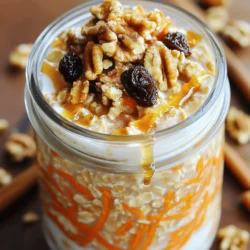 To make carrot cake overnight oats, you need simple, fresh ingredients. Here is what you will need: - 1 cup rolled oats - 1 cup almond milk (or any milk of choice) - 1 medium carrot, finely grated - 1/4 cup Greek yogurt (optional for creaminess) - 2 tablespoons maple syrup or honey - 1/2 teaspoon vanilla extract - 1/2 teaspoon ground cinnamon - 1/4 teaspoon ground nutmeg - 1/4 cup raisins - 2 tablespoons chopped walnuts (optional) - Pinch of salt These ingredients blend well to create a tasty and satisfying breakfast. Rolled oats are the main base. They soak up the liquid and flavors overnight. Almond milk keeps it dairy-free, but any milk works. Grated carrot adds sweetness and nutrients. Greek yogurt makes it creamy, but you can skip it. Sweeteners like maple syrup or honey give it a nice touch. Vanilla extract and spices like cinnamon and nutmeg add warmth. Raisins bring extra sweetness, while walnuts add crunch. A pinch of salt enhances the flavors. When you have all these ingredients ready, you can start making your delicious carrot cake overnight oats! First, grab a medium bowl or jar. Add 1 cup of rolled oats and 1 cup of almond milk. Stir well. Make sure the oats soak up the milk. Next, add in the finely grated carrot. If you want creaminess, toss in 1/4 cup of Greek yogurt. Sweeten with 2 tablespoons of maple syrup or honey. Then, mix in 1/2 teaspoon of vanilla extract, 1/2 teaspoon of ground cinnamon, and 1/4 teaspoon of ground nutmeg. Don’t forget a pinch of salt! Finally, fold in 1/4 cup of raisins and 2 tablespoons of chopped walnuts for some added crunch. After mixing, cover the bowl or jar. Place it in the fridge overnight. This allows the oats to absorb all the creamy goodness and flavors. If you’re short on time, wait at least 4-6 hours. In the morning, give the oats a good stir. If you like them creamier, add a splash of almond milk. You can adjust the sweetness if needed. Serve the oats chilled. Top with extra walnuts, a sprinkle of cinnamon, or a dollop of yogurt for a fun twist. Enjoy your delicious carrot cake overnight oats! To get the right texture in your carrot cake overnight oats, you can adjust the liquid. If you like it thicker, use less almond milk. For a creamier mix, add more. Just remember, oats absorb liquid overnight. Fresh spices make your oats pop. Use ground cinnamon and nutmeg for warmth. Try maple syrup or honey for sweetness. They add depth and richness, making the dish more delightful. Mix your ingredients well to ensure even flavor. Start with the oats and almond milk. Stir them until the oats soak up the milk. Then, fold in the grated carrot and yogurt gently. Finally, add the raisins and walnuts for a nice crunch. {{image_2}} You can change the spices to fit your taste. Try adding ginger for a warm kick. Cardamom brings a nice depth too. If you like it sweeter, add a splash of almond extract. These changes give your oats a new twist and keep things fun. If you want vegan oats, swap Greek yogurt for dairy-free yogurt. Use maple syrup for sweetness, which is already vegan. For gluten-free oats, make sure to choose certified gluten-free rolled oats. These small swaps let everyone enjoy this yummy breakfast. Feel free to switch up the add-ins. Use chopped apples or dried cranberries instead of raisins. Sunflower seeds or pecans can replace walnuts. These options add different flavors and textures to your oats. Get creative and make it your own! Carrot cake overnight oats stay fresh for up to five days in the fridge. Make sure to keep them in an airtight container. This helps lock in the flavors and moisture. The oats will get softer as they sit, which makes them even more delicious! You can freeze the overnight oats if you want to save some for later. Just place them in a freezer-safe container. Leave some space at the top, as they will expand when frozen. When you're ready to eat, move them to the fridge overnight to thaw. You can also heat them in the microwave for a quick breakfast. Preparing in bulk is a great way to save time. Make several jars of carrot cake overnight oats at once. Just multiply the ingredients by the number of servings you want. Store each jar in the fridge. This way, you have a tasty breakfast ready for each day of the week. Carrot cake overnight oats are healthy and tasty. They are full of fiber from the oats and carrots. Fiber helps your digestion and keeps you full longer. Carrots add vitamins and minerals. They are great for your eyes and skin. Greek yogurt adds protein and calcium, which help your bones. Using maple syrup or honey gives natural sweetness without added sugars. Overall, this recipe packs nutrition and flavor in one bowl. Yes, you can make this recipe ahead of time. In fact, it tastes better when chilled overnight. Prepare it the night before or even a few days ahead. Just mix all the ingredients and let them soak. Store them in the fridge in a jar or bowl. It saves time, especially on busy mornings. Just grab it and go! You can adjust the sweetness level easily. If you want it sweeter, add more maple syrup or honey. Start with one tablespoon and taste it. If you like it less sweet, reduce the amount. You can also use mashed bananas or applesauce as natural sweeteners. Just remember to mix well after adding. This way, you get the perfect taste for your breakfast! In this post, we explored how to make carrot cake overnight oats. We detailed ingredients like rolled oats, almond milk, and grated carrot. You learned preparation steps and how to refrigerate overnight. We discussed tips to improve texture, flavor, and serving ideas. We also shared variations for different diets and preferences, along with storage tips. These oats are not just tasty; they are flexible and packed with nutrients. Try making them your way and enjoy a delicious breakfast!
