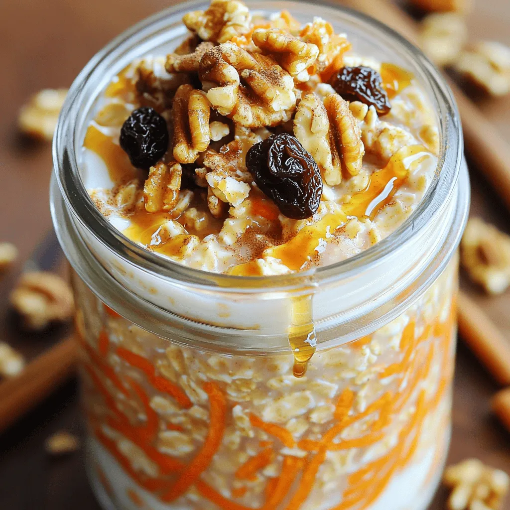 To make carrot cake overnight oats, you need simple, fresh ingredients. Here is what you will need: - 1 cup rolled oats - 1 cup almond milk (or any milk of choice) - 1 medium carrot, finely grated - ¼ cup Greek yogurt (optional for creaminess) - 2 tablespoons maple syrup or honey - ½ teaspoon vanilla extract - ½ teaspoon ground cinnamon - ¼ teaspoon ground nutmeg - ¼ cup raisins - 2 tablespoons chopped walnuts (optional) - Pinch of salt These ingredients blend well to create a tasty and satisfying breakfast. Rolled oats are the main base. They soak up the liquid and flavors overnight. Almond milk keeps it dairy-free, but any milk works. Grated carrot adds sweetness and nutrients. Greek yogurt makes it creamy, but you can skip it. Sweeteners like maple syrup or honey give it a nice touch. Vanilla extract and spices like cinnamon and nutmeg add warmth. Raisins bring extra sweetness, while walnuts add crunch. A pinch of salt enhances the flavors. When you have all these ingredients ready, you can start making your delicious carrot cake overnight oats! First, grab a medium bowl or jar. Add 1 cup of rolled oats and 1 cup of almond milk. Stir well. Make sure the oats soak up the milk. Next, add in the finely grated carrot. If you want creaminess, toss in ¼ cup of Greek yogurt. Sweeten with 2 tablespoons of maple syrup or honey. Then, mix in ½ teaspoon of vanilla extract, ½ teaspoon of ground cinnamon, and ¼ teaspoon of ground nutmeg. Don’t forget a pinch of salt! Finally, fold in ¼ cup of raisins and 2 tablespoons of chopped walnuts for some added crunch. After mixing, cover the bowl or jar. Place it in the fridge overnight. This allows the oats to absorb all the creamy goodness and flavors. If you’re short on time, wait at least 4-6 hours. In the morning, give the oats a good stir. If you like them creamier, add a splash of almond milk. You can adjust the sweetness if needed. Serve the oats chilled. Top with extra walnuts, a sprinkle of cinnamon, or a dollop of yogurt for a fun twist. Enjoy your delicious carrot cake overnight oats! To get the right texture in your carrot cake overnight oats, you can adjust the liquid. If you like it thicker, use less almond milk. For a creamier mix, add more. Just remember, oats absorb liquid overnight. Fresh spices make your oats pop. Use ground cinnamon and nutmeg for warmth. Try maple syrup or honey for sweetness. They add depth and richness, making the dish more delightful. Mix your ingredients well to ensure even flavor. Start with the oats and almond milk. Stir them until the oats soak up the milk. Then, fold in the grated carrot and yogurt gently. Finally, add the raisins and walnuts for a nice crunch. {{image_2}} You can change the spices to fit your taste. Try adding ginger for a warm kick. Cardamom brings a nice depth too. If you like it sweeter, add a splash of almond extract. These changes give your oats a new twist and keep things fun. If you want vegan oats, swap Greek yogurt for dairy-free yogurt. Use maple syrup for sweetness, which is already vegan. For gluten-free oats, make sure to choose certified gluten-free rolled oats. These small swaps let everyone enjoy this yummy breakfast. Feel free to switch up the add-ins. Use chopped apples or dried cranberries instead of raisins. Sunflower seeds or pecans can replace walnuts. These options add different flavors and textures to your oats. Get creative and make it your own! Carrot cake overnight oats stay fresh for up to five days in the fridge. Make sure to keep them in an airtight container. This helps lock in the flavors and moisture. The oats will get softer as they sit, which makes them even more delicious! You can freeze the overnight oats if you want to save some for later. Just place them in a freezer-safe container. Leave some space at the top, as they will expand when frozen. When you're ready to eat, move them to the fridge overnight to thaw. You can also heat them in the microwave for a quick breakfast. Preparing in bulk is a great way to save time. Make several jars of carrot cake overnight oats at once. Just multiply the ingredients by the number of servings you want. Store each jar in the fridge. This way, you have a tasty breakfast ready for each day of the week. Carrot cake overnight oats are healthy and tasty. They are full of fiber from the oats and carrots. Fiber helps your digestion and keeps you full longer. Carrots add vitamins and minerals. They are great for your eyes and skin. Greek yogurt adds protein and calcium, which help your bones. Using maple syrup or honey gives natural sweetness without added sugars. Overall, this recipe packs nutrition and flavor in one bowl. Yes, you can make this recipe ahead of time. In fact, it tastes better when chilled overnight. Prepare it the night before or even a few days ahead. Just mix all the ingredients and let them soak. Store them in the fridge in a jar or bowl. It saves time, especially on busy mornings. Just grab it and go! You can adjust the sweetness level easily. If you want it sweeter, add more maple syrup or honey. Start with one tablespoon and taste it. If you like it less sweet, reduce the amount. You can also use mashed bananas or applesauce as natural sweeteners. Just remember to mix well after adding. This way, you get the perfect taste for your breakfast! In this post, we explored how to make carrot cake overnight oats. We detailed ingredients like rolled oats, almond milk, and grated carrot. You learned preparation steps and how to refrigerate overnight. We discussed tips to improve texture, flavor, and serving ideas. We also shared variations for different diets and preferences, along with storage tips. These oats are not just tasty; they are flexible and packed with nutrients. Try making them your way and enjoy a delicious breakfast!