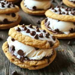 To make cookie dough ice cream sandwiches, you will need: - 1 cup unsalted butter, softened - 3/4 cup brown sugar, packed - 1/4 cup granulated sugar - 1 teaspoon vanilla extract - 2 cups all-purpose flour - 1/2 teaspoon baking soda - 1/4 teaspoon salt - 1 cup mini chocolate chips - 1 pint of your favorite ice cream You can swap some ingredients to change the flavor. Here are a few ideas: - Use coconut oil instead of butter for a dairy-free option. - Replace mini chocolate chips with nuts or dried fruit for a twist. - Try brown sugar with maple syrup for a richer taste. The ice cream you choose can make a big difference. Here are some flavors that work well: - Classic vanilla pairs great with the sweet cookie dough. - Chocolate ice cream adds a rich, indulgent taste. - Cookie dough ice cream gives you a double dose of cookie goodness! - Mint chocolate chip adds a refreshing touch. Feel free to mix and match as you like! Start by preheating your oven to 350°F (175°C). This step is key for even baking. Next, grab a large mixing bowl. Cream together 1 cup of softened butter, 3/4 cup of packed brown sugar, and 1/4 cup of granulated sugar. Mix until it looks light and fluffy. Add 1 teaspoon of vanilla extract and stir well. In another bowl, whisk together 2 cups of all-purpose flour, 1/2 teaspoon of baking soda, and 1/4 teaspoon of salt. Slowly add this dry mix to the wet mix. Stir until just combined. Be careful not to over-mix! Gently fold in 1 cup of mini chocolate chips. You can really see the chocolate pieces here, and they add great flavor. Now it’s time to shape and bake the cookies. Use a cookie scoop to drop tablespoonfuls of dough onto your prepared baking sheets. Leave about 2 inches between each scoop. This space helps the cookies spread. Flatten each ball slightly with the back of a spoon. Bake in your preheated oven for 10-12 minutes. Look for golden brown edges. Once done, take them out and let them cool on the baking sheets for 5 minutes. Then, move them to a wire rack to cool completely. Cooling is important to keep the cookies from getting too soft. Now comes the fun part! Take one cooled cookie and add a scoop of ice cream on top. You can use vanilla, chocolate, or cookie dough ice cream. Place a second cookie on top to make a sandwich. Want to make it extra special? Roll the edges of the sandwich in more mini chocolate chips. This adds a nice crunch. Repeat this with all your cookies and ice cream. You can serve them right away or wrap them in plastic wrap. If you freeze them for 30 minutes, they will hold together better. Enjoy this sweet treat! To make the best cookies, use fresh ingredients. Softened butter helps create a nice texture. Cream the butter and sugars well. This step adds air and makes them fluffy. Don’t skip the baking soda; it helps cookies rise. Use a cookie scoop for even sizes. This way, they bake evenly. Flatten each dough ball slightly for a nice shape. Bake until the edges are golden brown but the center stays soft. Serve your ice cream sandwiches right away for the best taste. You can add extra mini chocolate chips on the edges for a fun twist. If you want a firmer sandwich, freeze them for 30 minutes. This makes them easier to eat. Pair them with a glass of milk or coffee for a delightful treat. You can also serve them at parties for a crowd-pleaser. One common mistake is overmixing the dough. This can make the cookies tough. Another mistake is not letting the cookies cool properly. Hot cookies can melt the ice cream too fast. Make sure to space the cookies well on the baking sheet. They need room to spread. Lastly, don’t forget to enjoy them fresh. They taste best right after you make them! {{image_2}} You can easily make vegan cookie dough ice cream sandwiches. Start by swapping butter with coconut oil or a vegan butter. Use brown sugar and granulated sugar just like in the regular recipe. For the flour, choose all-purpose or whole wheat flour. Instead of regular chocolate chips, use dairy-free chocolate chips. This way, you make a treat that everyone can enjoy. If you need gluten-free options, try almond flour or oat flour. These flours work well and keep the cookies soft. Make sure to check that your chocolate chips are gluten-free too. Use gluten-free vanilla ice cream to complete your sandwich. With these changes, you still get a delicious treat. Want to jazz up your cookie dough ice cream sandwiches? Add flavor mix-ins! You can use nuts like walnuts or pecans for crunch. Try shredded coconut for a tropical twist. For a fun surprise, toss in some sprinkles or crushed cookies. These mix-ins make each bite exciting and unique. To keep your cookie dough ice cream sandwiches fresh, wrap each one in plastic wrap. This step prevents freezer burn and keeps the flavors intact. Place the wrapped sandwiches in an airtight container. This way, they stay safe from odors in your freezer. If you want to enjoy these treats later, freeze them properly. After making the sandwiches, place them on a baking sheet. Freeze for about 30 minutes until firm. Then, wrap each sandwich in plastic wrap. This method helps maintain their shape and texture. For added protection, place the wrapped sandwiches in a zip-top bag. Cookie dough ice cream sandwiches last about 2 weeks in the freezer. For the best taste, eat them within a week. Always check for any ice crystals before serving. If you see ice crystals, it means they may not taste as good. Enjoy these sandwiches fresh for a better experience! Cookie dough ice cream sandwiches last about one week in the fridge. Store them in an airtight container. If you freeze them, they can last up to a month. Just wrap each sandwich in plastic wrap before freezing. This helps keep them fresh and tasty. Yes, you can use store-bought cookie dough. This saves time and effort. Just follow the baking instructions on the package. Choose a dough that you love, like chocolate chip. It still gives you that great homemade taste. The best ice cream flavors for these sandwiches are vanilla, chocolate, or cookie dough. You can mix and match flavors too. Try adding mint chocolate chip or cookies and cream for a fun twist. The creamy ice cream pairs well with the sweet cookie dough. You can make cookie dough ice cream sandwiches without an oven using a no-bake dough. Mix softened butter, brown sugar, and flour until smooth. Add mini chocolate chips and roll into balls. Chill them in the fridge. Once firm, sandwich them with ice cream. Enjoy your tasty treat! In this blog post, we explored how to make delicious cookie dough ice cream sandwiches. We covered key ingredients, step-by-step baking, and tips to ensure success. We also looked at fun variations, like vegan and gluten-free options, to suit different diets. Remember, the right storage can keep your treats fresh longer. With these insights, you can enjoy tasty, customized treats any day. Now, get creative in the kitchen and delight in your homemade ice cream sandwiches!